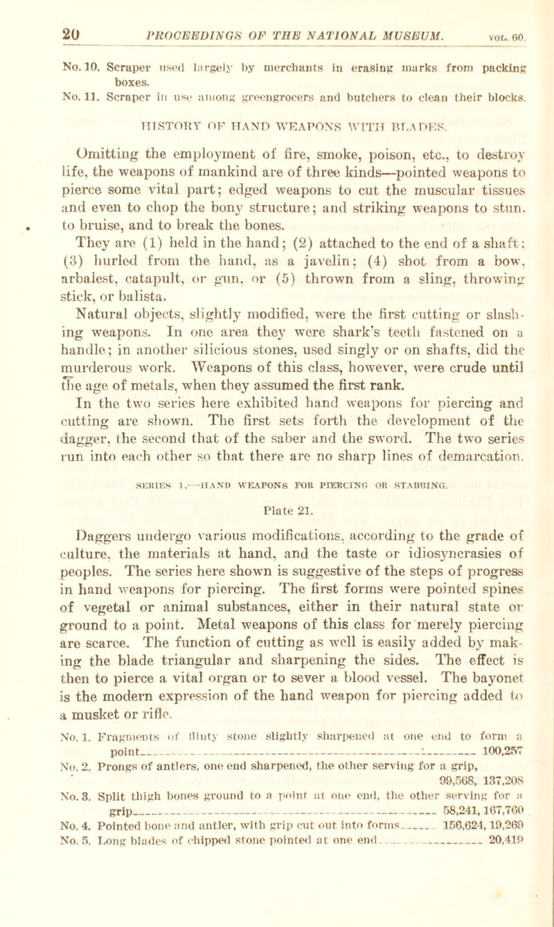 No. 10. Scraper used largely by merchants in erasing marks from packing boxes. No. 11. Scraper in use among greengrocers and butchers to clean their blocks. HISTORY OF HAND WEAPONS WITH BLADES. Omitting the employment of fire, smoke, poison, etc., to destroy life, the weapons of mankind are of three kinds—pointed weapons to pierce some vital part; edged weapons to cut the muscular tissues and even to chop the bom- structure; and striking weapons to stun, to bruise, and to break the bones. They are (1) held in the hand; (2) attached to the end of a shaft: (3) hurled from the hand, as a javelin; (4) shot from a bow, arbalest, catapult, or gain, or (5) thrown from a sling, throwing stick, or balista. Natural objects, slightly modified, were the first cutting or slash¬ ing weapons. In one area they were shark’s teeth fastened on a handle; in another silicious stones, used singly or on shafts, did the murderous work. Weapons of this class, however, were crude until the age of metals, when they assumed the first rank. In the two series here exhibited hand weapons for piercing and cutting are shown. The first sets forth the development of the dagger, the second that of the saber and the sword. The two series run into each other so that there are no sharp lines of demarcation. SERIES 1.-HAND WEAPONS FOB PIERCING OK STABBING. Plate 21. Daggers undergo various modifications, according to the grade of culture, the materials at hand, and the taste or idiosyncrasies of peoples. The series here shown is suggestive of the steps of progress in hand weapons for piercing. The first forms were pointed spines of vegetal or animal substances, either in their natural state or ground to a point. Metal weapons of this class for merely piercing are scarce. The function of cutting as well is easily added by mak¬ ing the blade triangular and sharpening the sides. The effect is then to pierce a vital organ or to sever a blood vessel. The bayonet is the modern expression of the hand weapon for piercing added to a musket or rifle. No. 1. Fragments of Minty stone slightly sharpened at one end to form a point---1- 100,257 No. 2. Prongs of antlers, one end sharpened, the other serving for a grip, 99,508, 137,208 No. 3. Split thigh bones ground to a point at one end, the other serving for a grip_ 58,241,167,700 No. 4. Pointed bone and antler, with grip cut out into forms- 156,624,19,269 No. 5. Long blades of chipped stone pointed at one end_ _20.419