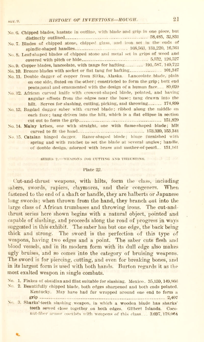 AliT. U. No. G. Chipped blades, hastate in outline, with blade and grip in one piece, but distinctly outlined- 58,485, 32,831 No. 7. Blades of chipped stone, chipped glass, and iron set in the ends of spindle-shaped handles__ ... 168,563, 131,220, 16,361 No. 8. Leaf-shaped blades of chipped stone and metal set in grips of wood and covered with pitch or hide- — 5,532, 126,527 No. 9. Copper blades, lanceolate, with tangs for hufting-— 191,587,149,722 No. 10. Bronze blades with socket or flat tang for hafting- 101,347 No. 11. Double dagger of copper from Sitka, Alaska. Lanceolate blade, plain on one side, fluted on the other; constricted to form the grip; butt end pentagonal and ornamented with the design of a human face. 89,020 No 12. African curved knife with crescent-sliaped blade, pointed, and having angular offsets from the edges near the base; tang drawn into the hilt. Serves for slashing, cutting, picking, and throwing- 174,899 No. 13. Bagdad dagger saber with curved blade; ribbed along the middle on each lace; tang driven into the hilt, which is a flat ellipse in section cut out to form the grip_151,829 No. 14. Malay krises, one with straight, one with flame-shuped blade; hilt carved to fit the hand- 153.339,153,341 No. 15. Catalan hinged dagger. Razor-shaped blade; hinge furnished with spring and with ratchet to set the blade tit several angles; handle, of double design, adorned with brass and mother-of-pearl. 151,161 8E11IKS 2.—WKM'OKS FOB CUTTING AND THRUST!NO. Plate 22. (Jut-and-thrust weapons, with hilts, form the class, including sabers, swords, rapiers, claymores, and their congeners. When fastened to the end of a shaft or handle, they are halberts or Japanese long swords; when thrown from the hand, they branch out into the large class of African trumbases and throwing irons. The cut-and- thrust series here shown begins with a natural object, pointed and capable of slashing, and proceeds along the road of progress in ways suggested in this exhibit. The saber has but one edge, the back being thick and strong. The sword is the perfection of this type of weapons, having two edges and a point. The saber cuts flesh and blood vessels, and in its modern form with its dull edge also makes ugly bruises, and so comes into the category of bruising weapons. The sword is for piercing, cutting, and even for breaking bones, and in its largest form is used with both hands. Burton regards it as the most exalted weapon in single combats. No. 1. Flakes of obsidian and flint suitable for slashing. Mexico. 35,159,149,860 No. 2. Beautifully chipped blade, both edges sharpened and both ends pointed. Kentucky. May have had fur wrapped around one end to form a grip---2,407 N.‘. 3. Sharks’-teeth slashing weapon, in which a wooden blade has sharks' teeth sewed close together on both edges. Gilbert Islands. Coco¬ nut-fiber armor coexists with weapons of this class 3.697, 178.064