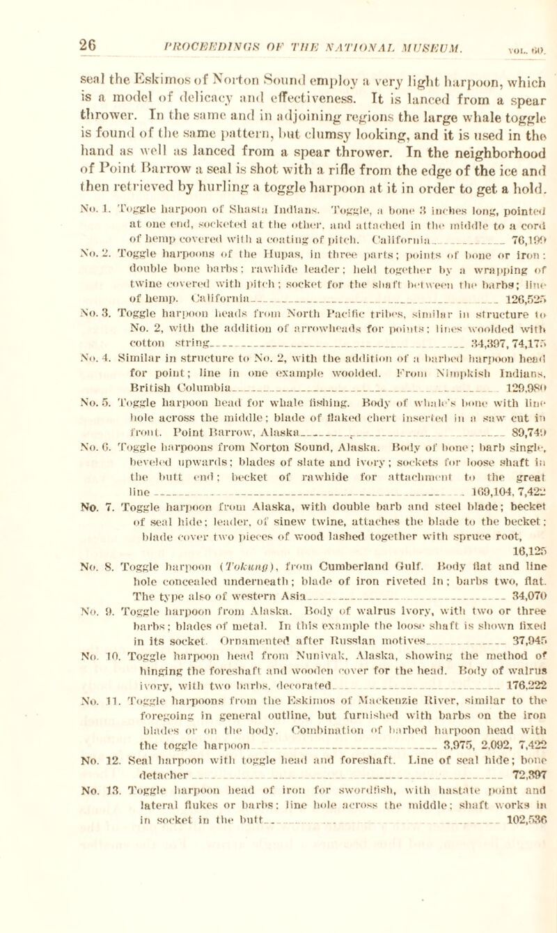 VOL. til). seal the hskimos of Norton Sound employ a very light harpoon, which is a model of delicacy and effectiveness. It is lanced from a spear thrower. Tn the same and in adjoining regions the large whale toggle is found of the same pattern, but clumsy looking, and it is used in the hand as well as lanced from a spear thrower. Tn the neighborhood of Point Barrow a seal is shot with a rifle from the edge of the ice and then retrieved by hurling a toggle harpoon at it in order to get a hold. No. 1. Toggle harpoon of Shasta Indians. Toggle, a bone ‘1 inches long, pointed at one end, socketed at the other, and attached in the middle to a cord of hemp covered with a coating of pitch. California . _ 76,190 No. 2. Toggle harpoons of the Hnpas, in three parts; points of hone or iron: double bone barbs; rawhide leader; held together by a wrapping of twine covered with pitch; socket for the shaft between the barbs; line of hemp. California- 126,525 No. 3. Toggle harpoon heads from North Pacific tribes, similar in structure to No. 2, with the addition of arrowheads for points: lines woolded with cotton string.- 34,397,74,175 No. 4. Similar in structure to No. 2, with the addition of a barbed harpoon head for point; line in one example woolded. From Nimpkish Indians, British Columbia___ _ 129.9S<> No. 5. Toggle harpoon head for whale fishing. Body of whale’s hone with line hole across the middle; blade of tiakisl chert inserted in a saw cut in front. Point Barrow, Alaska___ _ _ 89,74'.) No. 6. Toggle harpoons from Norton Sound, Alaska. Body of hone; barb single, beveled upwards; blades of slate aud ivory; sockets for loose shaft in the butt end; becket of rawhide for attachment to the great line_ - 169,104,7,422 No. 7. Toggle harpoon from Alaska, with double barb and steel blade; beeket of seal hide; leader, of sinew twine, attaches the blade to the becket: blade cover two pieces of wood lashed together with spruce root, 16,125 No. 8. Toggle harpoon (Tokung), from Cumberland Gulf. Body llat and line hole concealed underneath; blade of iron riveted In; barbs two, flat. The type also of western Asia__ 34,070 No. 9. Toggle harpoon from Alaska. Body of walrus ivory, with two or three barbs; blades of metal. In this example the loose shaft, is shown tixeil in its socket. Ornamented after Russian motives.. _ 37,945 No. 10. Toggle harpoon head from Nunivak, Alaska, showing the method of hinging the foreshaft and wooden cover for the head. Body of walrus ivory, with two barbs, decorated... _ 176.222 No. 11. Toggle harpoons from the Eskimos of Mackenzie River, similar to the foregoing in general outline, hut furnished with barbs on the iron blades or on the body. Combination of barbed harpoon head with the toggle harpoon __ 3.975, 2,092. 7,422 No. 12. Seal harpoon with toggle head and foreshaft. Line of seal hide; bone detacher - 72,397 No. 13. Toggle harpoon head of iron for swordfish, with hastate point and lateral flukes or barbs: line hole across the middle: shaft works in in socket in the butt_.. .... . _ 102,536