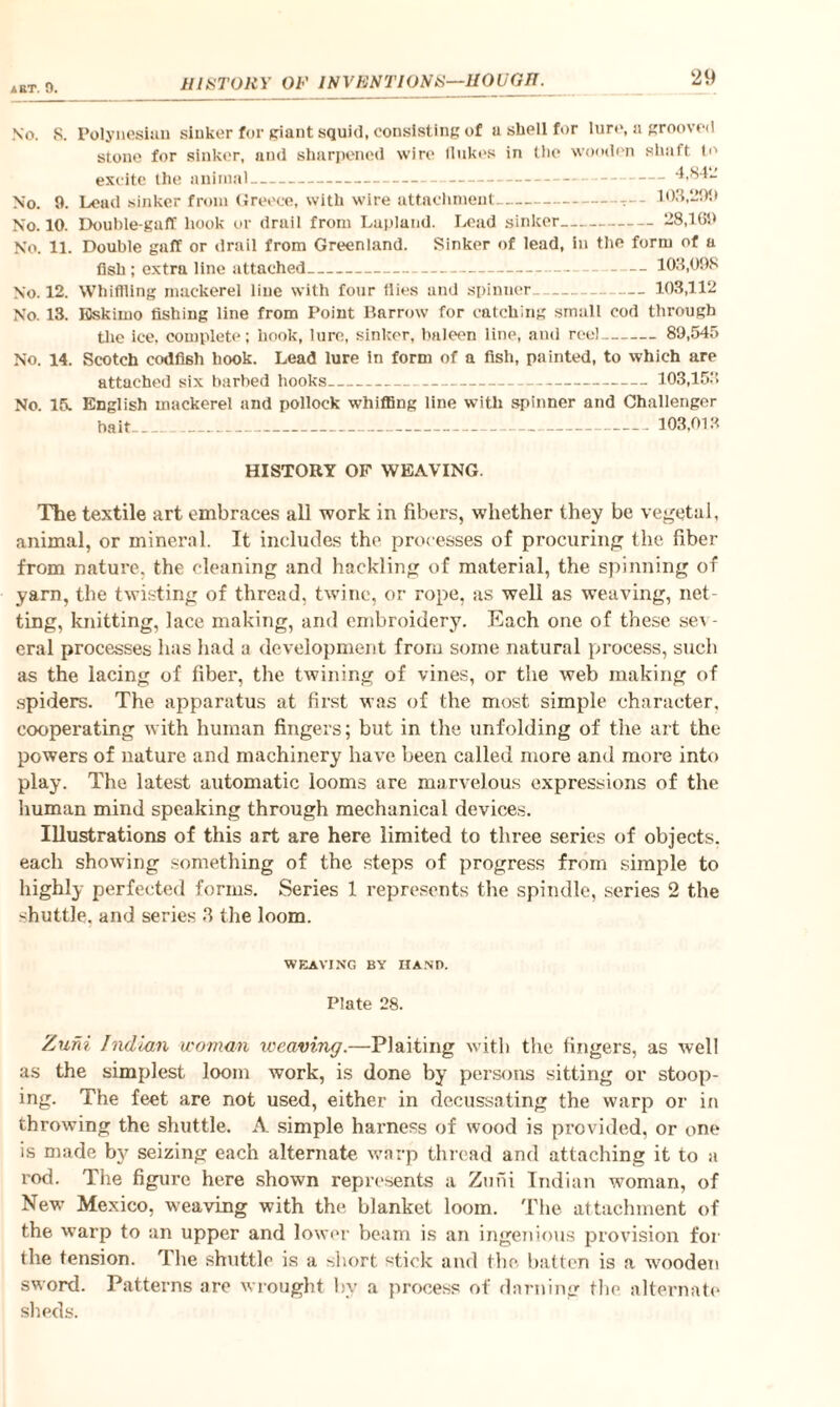 No. 8. Polynesian sinker for piant squid, consisting of a shell for lure, a grooved stone for sinker, and sharpened wire flukes in the wooden shaft to excite the animal-4,84/ No. 9. Lead sinker from Greece, with wire attachment-- 103,299 No. 10. Double-gaff liook or drail from Lapland. Lead sinker-28,109 No. 11. Double gaff or drail from Greenland. Sinker of lead, in the form of u fish ; extra line attached- 103,098 No. 12. Whiffling mackerel line with four flies and spinner-103,112 No. 13. Eskimo fishing line from Point Barrow for catching small cod through the ice, complete; hook, lure, sinker, baleen line, and reel- 89,545 No. 14. Scotch codfish hook. Lead lure In form of a fish, painted, to which are attached six barbed hooks-103,153 No. 15 English mackerel and pollock whiffing line with spinner and Challenger bait__103,013 HISTORY OF WEAVING. The textile art embraces all work in fibers, whether they be vegetal, animal, or mineral. It includes the processes of procuring the fiber from nature, the cleaning and hackling of material, the spinning of yarn, the twisting of thread, twine, or rope, as well as weaving, net¬ ting, knitting, lace making, and embroidery. Each one of these sev¬ eral processes has had a development from some natural process, such as the lacing of fiber, the twining of vines, or the web making of spiders. The apparatus at first was of the most simple character, cooperating with human fingers; but in the unfolding of the art the powers of nature and machinery have been called more and more into play. The latest automatic looms are marvelous expressions of the human mind speaking through mechanical devices. Illustrations of this art are here limited to three series of objects, each showing something of the steps of progress from simple to highly perfected forms. Series 1 represents the spindle, series 2 the shuttle, and series 3 the loom. WEAVING BY HAND. Plate 28. Zuni Indian woman weaving.—Plaiting with the fingers, as well as the simplest loom work, is done by persons sitting or stoop¬ ing. The feet are not used, either in decussating the warp or in throwing the shuttle. A. simple harness of wood is provided, or one is made by seizing each alternate warp thread and attaching it to a rod. The figure here shown represents a Zuni Indian woman, of New Mexico, weaving with the blanket loom. The attachment of the warp to an upper and lower beam is an ingenious provision for the tension. The shuttle is a short ytick and the batten is a wooden sword. Patterns are wrought by a process of darning the alternate sheds.