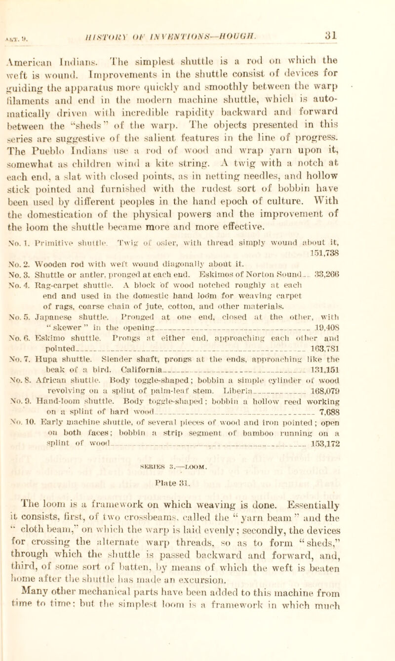 American Indians. 1 he simplest shuttle is a rod on which the weft is wound. Improvements in llie shuttle consist, of devices for guiding the apparatus more quickly and smoothly between the warp lilaments and end in the modern machine shuttle, which is auto¬ matically driven with incredible rapidity backward and forward between the “sheds” of the warp. The objects presented in this series are suggestive of the salient features in the line of progress. The Pueblo Indians use a rod of wood and wrap yarn upon it, somewhat as children wind a kite string. -V twig with a notch at, each end, a slat with closed points, as in netting needles, and hollow stick pointed and furnished with the rudest sort of bobbin have been used by different peoples in the hand epoch of culture. With the domestication of the physical powers and the improvement of the loom the shuttle became more and more effective. No. 1. Primitive shuttle. Twig of osier, with thread simply wound about it, 151,738 No. 2. Wooden rod with weft wouud diagonally about it. No. 3. Shuttle or antler, pronged at each end. Eskimos of Norton Sound-- 33,26(5 No. 4. Rag-carpet shuttle. A block of wood notched roughly at each end and used in the domestic hand lodm for weaving carpet of rags, coarse chain of jute, cotton, and other materials. No. 5. Japanese shuttle. Pronged at one end, closed at the other, with “skewer” in the opening_19.408 Xo.fi. Eskimo shuttle. Prongs at either end. approaching each other and pointed_ _ _ 163.781 No. 7. Hupa shuttle. Slender shaft, prongs at the ends, approaching like the beak of a bird. California_ 131,151 No. 8. African shuttle. Body toggle-shaped; bobbin a simple cylinder of wood revolving on a spliut of palm-leaf stem. Liberia_ 168,079 No. 9. Hand-loom shuttle. Body toggle-shaped; bobbin a hollow reed working on a splint of hard wood_7.688 No. 10. Early machine shuttle, of several pieces of wood and iron pointed; open on both faces; bobbin a strip segment of bamboo running on a splint of wood __ 153,172 SERIES 3.——LOOM. Plate 31. The loom is a framework on which weaving is done. Essentially it consists, first, of two crossbeams, called the “yarn beam  and the cloth beam, on which the warp is laid evenly; secondly, the devices for crossing the alternate warp threads, so as to form “sheds,” through which the shuttle is passed backward and forward, and, third, of some sort of batten, by means of which the weft is beaten home after the shuttle has made an excursion. Many other mechanical parts have been added to this machine from time to time; hut the simplest loom is a framework in which much
