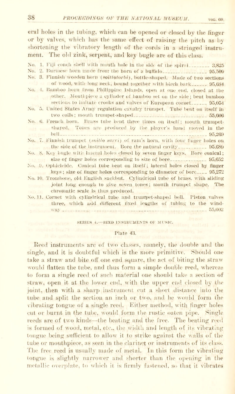 VOL. 00. eral holes? in the tubing, which can he opened or closed by the finger or by valves, which has the same effect of raising <he pitch as by- shortening the vibratory length of the cords in a stringed instru¬ ment. The old zink, serpent, and key bugle are of this class. No. 1. Fiji conch shell with mouth hole in Ihe si<l. of the spiral_ 3,825 No. •_*. Burmese horn made from tlie horn of a buffalo___ 95.509 No. 3. Finnish wooden horn {toitiotortn), bottle-shaped. Made of two sections of wood, with long neck, bound together with birch bark_95,034 No. 4. Bamboo horn from Philippine Islands, open at one end, closed at the other. Mouthpiece a cylinder ut bamboo set on the side; bent bamboo sections to imitate crooks and valves of European cornet_ 95,054 No. 5. United States Army regulation cavalry trumpet. Tube bent on itself in two coils; mouth trumpet-shaped_ 55,GOG No. G. French horn. Brass tube bent three times on itself; mouth trumpet- shaped. Tones are produced by the player's hand moved in the bell_ _ 95,269 No. T. Finnish trumpet (noillo sui ri) of ram's horn, with four linger holes on the side of the instrument. Bore the natural cavity__ 95,689 No. 3. K.o.\ bugle with lateral holes closed by seven linger keys. Bore conical; size of linger holes corresponding to size of bore__ 95,652 No. 9. Ophicleide. Conical tube bent on itself; lateral holes closed by linger keys; size of linger holes corresponding to diameter of bore_ 95,272 No. 10. Trombone, old English sackbut. Cylindrical tube of brass, with sliding joint Jong enough to give seven tones; mouth trumpet shape. The chromatic scale is thus produced. No. 31. Cornet with cylindrical tube and trumpet-shaped bell. Piston valves three, which add different iixed lengths of tubing to the wind- wa\ .. __ __ _ . ___.. 55,602 SERIES I.—REED INSTRUMENTS OF MUSIC. Plate 43. Reecl instruments arc of two classes, namely, the double and the single, and it is doubtful which is the more primitive. Should one take a straw and bite off one end square, the ad of biting the straw would flatten the tube, and thus form it simple double reed, whereas to form a single reed of such material one should take a section of straw, open it at the lower end, with the upper end closed by the joint, then with a sharp instrument cut a short distance into the tube and split the section an inch or two, and he would form the vibrating tongue of a single recti. Kither method, with linger holes cut or burnt in the tube, would form the rustic oaten pipe. Single reeds are of two kinds—the beating and the free. The beating reed is formed of wood, metal, etc., the width and length of its vibrating tongue being sufficient to allow it to strike against the walls of the tube or mouthpiece, as seen in the clarinet or instruments of its class. The free reed is usually made of metal. In this form the vibrating tongue is slightly narrower and shorter than the opening in the metallic overplate, to which it is firmly fastened, so that it vibrates