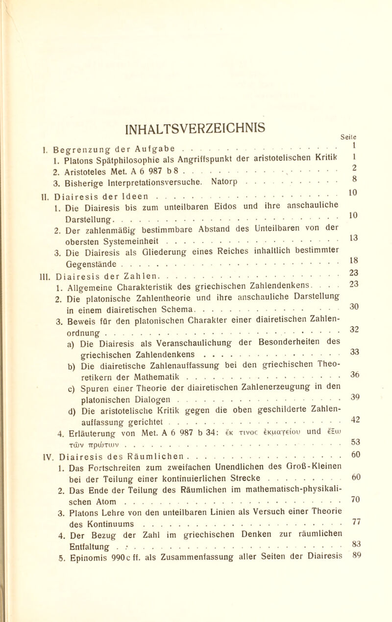 INHALTSVERZEICHNIS Seile I. Begrenzung der Aufgabe . . • • • • •. 1. Platons Spätphilosophie als Angriffspunkt der aristotelischen Kritik 1 2. Aristoteles Met. A 6 987 b 8. .. 3. Bisherige lnterpretationsversuche. Natorp. 8 II. Diairesis der Ideen. 10 1. Die Diairesis bis zum unteilbaren Eidos und ihre anschauliche Darstellung. 2. Der zahlenmäßig bestimmbare Abstand des Unteilbaren von der obersten Systemeinheit. 3. Die Diairesis als Gliederung eines Reiches inhaltlich bestimmter Gegenstände. 111. Diairesis der Zahlen. 1. Allgemeine Charakteristik des griechischen Zahlendenkens. . . . 2. Die platonische Zahlentheorie und ihre anschauliche Darstellung in einem diairetischen Schema. 3. Beweis für den platonischen Charakter einer diairetischen Zahlen¬ ordnung .. a) Die Diairesis als Veranschaulichung der Besonderheiten des griechischen Zahlendenkens. b) Die diairetische Zahlenauffassung bei den griechischen Theo¬ retikern der Mathematik. c) Spuren einer Theorie der diairetischen Zahlenerzeugung in den platonischen Dialogen. d) Die aristotelische Kritik gegen die oben geschilderte Zahlen¬ auffassung gerichtet. 4. Erläuterung von Met. A 6 987 b 34: ek tivoc EKpcrfeiou und gtiu TÜJV .. IV. Diairesis des Räumlichen. 1. Das Fortschreiten zum zweifachen Unendlichen des Groß-Kleinen bei der Teilung einer kontinuierlichen Strecke. 2. Das Ende der Teilung des Räumlichen im mathematisch-physikali¬ schen Atom. 3. Platons Lehre von den unteilbaren Linien als Versuch einer Theorie des Kontinuums. 4. Der Bezug der Zahl im griechischen Denken zur räumlichen Entfaltung . .. 5. Epinomis 990c ff. als Zusammenfassung aller Seiten der Diairesis 10 13 18 23 23 30 32 33 3b 39 42 53 60 60 70 77 83 89