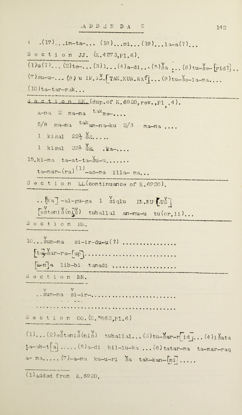 Cj .ADD 2 K D A 14 2 v .(17).,. 0im-ta-.. . (18 ).. .mi.. . (19 )... la-a(? ). . . Section JJ. (K. 4 27 3,pi, 6). (l)u(i)... (2)te-... (3)l.. .(4)a-di..•(p)sa ... (6)tu-se- [rid?] (7 ) su-u-, ... (8>U l^.lX.f'TAlC.KUR.RA^j. . . (9)tu-se-la-ma_ (10)ta-tar-rak... d_a_c. ,l_j—aji_KlL*_(dup0of K. 6920,rev. ,P1 .4). A-na 2 ir.a-na .. . tak, < y. 5/6 na-na Ty ^ am —n a—k u 2/3 ma-na . .. . 1 ki sal 22h SE. . . ,« 1 ki sal 22f 3E. . k a~_ 15,ki—ma ta-at-ta—su—u. , / v(l) ta-mar-(raJ -as~ma ilia- ma. . . Section LL(continuance of K.6920). . . Rcaj -ai-gu-ga 1 siqlu IK.KU'^Usl [estenis(n^s) tub all al an-nu-u tu(or,li)... Section MK. v 10..,sum-ma si-ir-du-u(?) sar-ra- fap^S, u _I far-nla lib-bi tanadi Section v v sum-ma si-ir-, Section 00. (K. ^862,pl,6 ) (1). . . (2) esteni s (ni s ) tub all al. . . (3 ) tu-sar-rfi dj. . . (4 ) i £ata ta-ab-tljaj ..... (5 ) a-di bil-lu-ka . . . (6 ) tatar-ma ta-mar-raq ■-1.^ )—a—na ku—u—ri sa tak—kan— fnil a- n: (l)Added from K.6920.