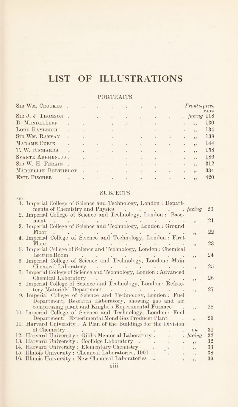 LIST OF ILLUSTRATIONS PORTRAITS Sir Wm. Crookes . Sir J. J Thomson . D MendelCeff Lord Rayleigh Sir Wm. Ramsay Madame Curie T. W. Richards Svante Arrhenius . Sir W. H. Perkin . Marcellin Berthelot Emil Fischer Frontispiece PAGE facing 118 99 99 99 99 99 99 99 99 99 130 134 138 144 158 186 312 334 420 SUBJECTS STG. 1. Imperial College of Science and Technology, London : Depart¬ ments of Chemistry and Physics ..... facing 2. Imperial College of Science and Technology, London : Base¬ ment 3. Imperial College of Science and Technology, London : Ground Floor ............ 4. Imperial College of Science and Technology, London : First Floor ............ 5. Imperial College of Science and Technology, London : Chemical Lecture Room . . . . . . . . ,, 6. Imperial College of Science and Technology, London : Main Chemical Laboratory 7. Imperial College of Science and Technology, London : Advanced Chemical Laboratory 8. Imperial College of Science and Technology, London : Refrac¬ tory Materials’ Department . . . . . ,, 9. Imperial College of Science and Technology, London : Fuel Department, Research Laboratory, showing gas and air compressing plant and Knight’s Experimental Furnace . ,, 10. Imperial College of Science and Technology, London : Fuel Department. Experimental Mond Gas Producer Plant . ,, 11. Harvard University : A Plan of the Buildings for the Division of Chemistry ......... on 12. Harvard University : Gibbs Memorial Laboratory . . . facing 13. Harvard University : Coolidge Laboratory ....,, 14. Harvard University: Elementary Chemistry . , ,, 15. Illinois University: Chemical Laboratories, 1901 . . . ,, 16. Illinois University : New Chemical Laboratories . , ,, xiii 20 21 22 23 24 25 26 27 28 29 31 32 33 38 39