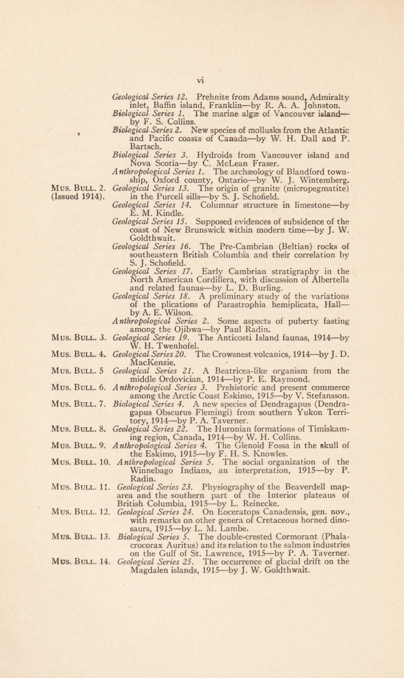 Mus. Bull. 2. (Issued 1914). Mus. Bull. 3. Mus. Bull. 4. Mus. Bull. 5 Mus. Bull. 6. Mus. Bull. 7. Mus. Bull. 8. Mus. Bull. 9. Mus. Bull. 10. Mus. Bull. 11. Mus. Bull. 12. Mus. Bull. 13. Mus. Bull. 14. Geological Series 12. Prehnite from Adams sound, Admiralty inlet, Baffin island, Franklin—by R. A. A. Johnston. Biological Series 1. The marine algae of Vancouver island— by F. S. Collins. Biological Series 2. New species of mollusks from the Atlantic and Pacific coasts of Canada—by W. H. Dali and P. Bartsch. Biological Series 3. Hydroids from Vancouver island and Nova Scotia—by C. McLean Fraser. Anthropological Series 1. The archaeology of Blandford town¬ ship, Oxford county, Ontario—by W. J. Wintemberg. Geological Series 13. The origin of granite (micropegmatite) in the Purcell sills—by S. J. Schofield. Geological Series 14. Columnar structure in limestone—by E. M. Kindle. Geological Series 15. Supposed evidences of subsidence of the coast of New Brunswick within modern time—by J. W. Goldthwait. Geological Series 16. The Pre-Cambrian (Beltian) rocks of southeastern British Columbia and their correlation by S. J. Schofield. Geological Series 17. Early Cambrian stratigraphy in the North American Cordillera, with discussion of Albertella and related faunas—by L. D. Burling. Geological Series 18. A preliminary study of the variations of the plications of Parastrophia hemiplicata, Hall— by A. E. Wilson. Anthropological Series 2. Some aspects of puberty fasting among the Ojibwa—by Paul Radin. Geological Series 19. The Anticosti Island faunas, 1914—by W. H. Twenhofel. Geological Series 20. The Crowsnest volcanics, 1914—by J. D. MacKenzie. Geological Series 21. A Beatricea-like organism from the middle Ordovician, 1914—by P. E. Raymond. Anthropological Series 3. Prehistoric and present commerce among the Arctic Coast Eskimo, 1915—by V. Stefansson. Biological Series 4. A new species of Dendragapus (Dendra- gapus Obscurus Flemingi) from southern Yukon Terri¬ tory, 1914—by P. A. Taverner. Geological Series 22. The Huronian formations of Timiskam- ing region, Canada, 1914—by W. H. Collins. Anthropological Series 4. The Glenoid Fossa in the skull of the Eskimo, 1915—by F. H. S. Knowles. Anthropological Series 5. The social organization of the Winnebago Indians, an interpretation, 1915—by P. Radin. Geological Series 23. Physiography of the Beaverdell map- area and the southern part of the Interior plateaus of British Columbia, 1915—by L. Reinecke. Geological Series 24. On Eoceratops Canadensis, gen. nov., with remarks on other genera of Cretaceous horned dino¬ saurs, 1915—by L. M. Lambe. Biological Series 5. The double-crested Cormorant (Phala- crocorax Auritus) and its relation to the salmon industries on the Gulf of St. Lawrence, 1915—by P. A. Taverner. Geological Series 25. The occurrence of glacial drift on the Magdalen islands, 1915—by J. W. Goldthwait.