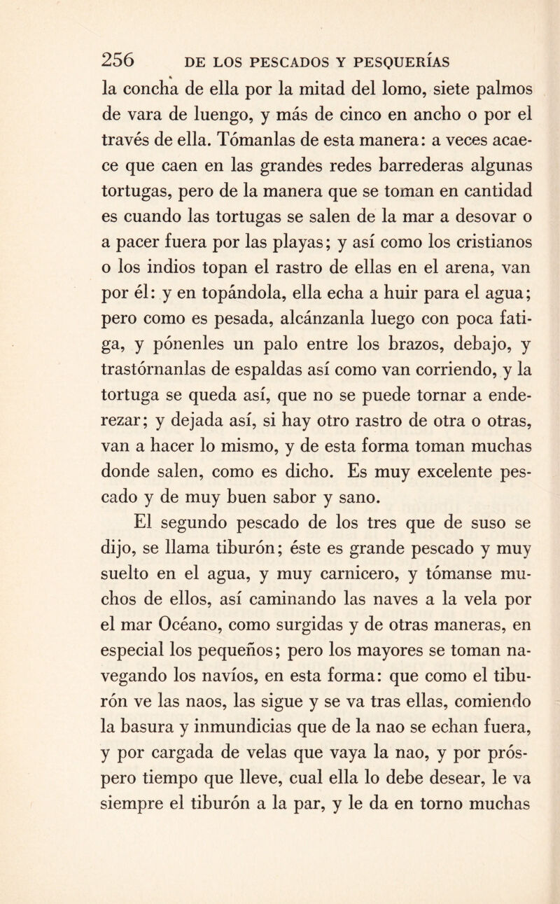 % la concha de ella por la mitad del lomo, siete palmos de vara de luengo, y más de cinco en ancho o por el través de ella. Témanlas de esta manera: a veces acae¬ ce que caen en las grandes redes barrederas algunas tortugas, pero de la manera que se toman en cantidad es cuando las tortugas se salen de la mar a desovar o a pacer fuera por las playas; y así como los cristianos o los indios topan el rastro de ellas en el arena, van por él: y en topándola, ella echa a huir para el agua; pero como es pesada, alcánzanla luego con poca fati¬ ga, y pénenles un palo entre los brazos, debajo, y trastórnanlas de espaldas así como van corriendo, y la tortuga se queda así, que no se puede tornar a ende¬ rezar; y dejada así, si hay otro rastro de otra o otras, van a hacer lo mismo, y de esta forma toman muchas donde salen, como es dicho. Es muy excelente pes¬ cado y de muy buen sabor y sano. El segundo pescado de los tres que de suso se dij o, se llama tiburón; éste es grande pescado y muy suelto en el agua, y muy carnicero, y témanse mu¬ chos de ellos, así caminando las naves a la vela por el mar Océano, como surgidas y de otras maneras, en especial los pequeños; pero los mayores se toman na¬ vegando los navios, en esta forma: que como el tibu¬ rón ve las naos, las sigue y se va tras ellas, comiendo la basura y inmundicias que de la nao se echan fuera, y por cargada de velas que vaya la nao, y por prós¬ pero tiempo que lleve, cual ella lo debe desear, le va siempre el tiburón a la par, y le da en torno muchas
