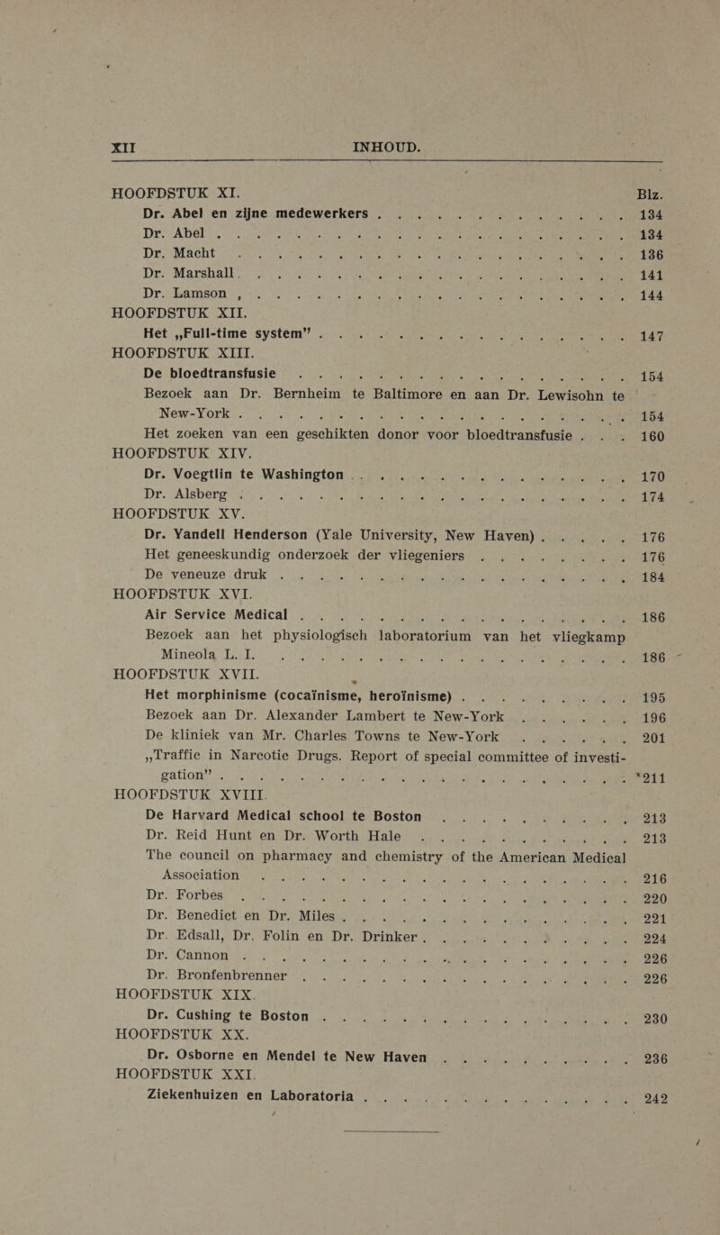 XII INHOUD.  HOOFDSTUK XI. Dr. Abel en zijne medewerkers . Dr. Abel Dr. Macht Dr. Marshall. Dr. Lamson , HOOFDSTUK XII. Het „Full-time system” . HOOFDSTUK XIII. De bloedtransfusie pat Bezoek aan Dr. Bernheim te alone en aan Dr. Tee te New-York . : £ Het zoeken van een adat A voor Hoelen s HOOFDSTUK XIV. Dr. Voegtlin te Washington .. Dr. Alsberg HOOFDSTUK XV. Dr. Yandell Henderson (Yale University, New Haven). Het geneeskundig onderzoek der vliegeniers De veneuze druk HOOFDSTUK XVI. Air Service Medical : Bezoek aan het physiologisch abort van ket vlieakens Mineola L. I. HOOFDSTUK XVII. 5 Het morphinisme (cocaïnisme, heroïnisme) . Bezoek aan Dr. Alexander Lambert te New-York De kliniek van Mr. Charles Towns te New-York „Iraffie in Narcotie Drugs. Report of special committee of Dn gation” . HOOFDSTUK XVIIE De Harvard Medical school te Boston Dr. Reid Hunt en Dr. Worth Hale s The council on pharmacy and chemistry of En kelde Medical Association Dr. Forbes À $ Dr. Benedict en Dr. Miles ’ Dr. Edsall, Dr. Folin en Dr. Denks Dr. Cannon Dr. Bronfenbrenner HOOFDSTUK XIX. Dr. Cushing te Boston HOOFDSTUK XX. Dr. Osborne en Mendel te New Haven HOOFDSTUK XXI. Ziekenhuizen en Laboratoria . /  Blz. 134 134 136 141 144 147 154 154 160 170 174 176 176 184 186 186 195 196 201 218 213 216 220 224 226 226 230 236