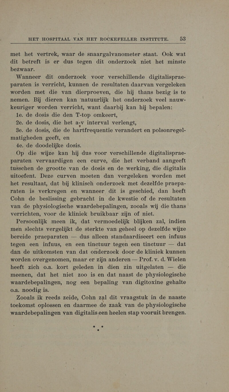 met het vertrek, waar de snaargalvanometer staat. Ook wat dit betreft is er dus tegen dit onderzoek niet het minste bezwaar. Wanneer dit onderzoek voor verschillende digitalisprae- paraten is verricht, kunnen de resultaten daarvan vergeleken worden met die van dierproeven, die hij thans bezig is te nemen. Bij dieren kan ‘natuurlijk het onderzoek veel nauw- keuriger worden verricht, want daarbij kan hij bepalen: te. de dosis die den T-top omkeert, 2e. de dosis, die het a-v interval verlengt, 3e. de dosis, die de hartfrequentie verandert en polsonregel- matigheden geeft, en 4e. de doodelijke dosis. Op die wijze kan hij dus voor verschillende digitalisprae- paraten vervaardigen een curve, die het verband aangeeft tusschen de grootte van de dosis en de werking, die digitalis uitoefent. Deze curven moeten dan vergeleken worden met het resultaat, dat bij klinisch onderzoek met dezelfde praepa- raten is verkregen en wanneer dit is geschied, dan heeft Cohn de beslissing gebracht in de kwestie of de resultaten van de physiologische waardebepalingen, zooals wij die thans verrichten, voor de kliniek bruikbaar zijn of niet. Persoonlijk meen ik, dat vermoedelijk blijken zal, indien men slechts vergelijkt de sterkte van geheel op dezelfde wijze bereide praeparaten — dus alleen standaardiseert een infuus tegen een infuus, en een tinctuur tegen een tinctuur — dat dan de uitkomsten van dat onderzoek door de kliniek kunnen worden overgenomen, maar er zijn anderen — Prof. v. d. Wielen heeft zich o.a. kort geleden in dien zin uitgelaten — die meenen, dat het niet zoo is en dat naast de physiologische waardebepalingen, nog een bepaling van digitoxine gehalte o.a. noodig is. Zooals ik reeds zeide, Cohn zal dit vraagstuk in de naaste toekomst oplossen en daarmee de zaak van de physiologische waardebepalingen van digitalis een heelen stap vooruit brengen. * * *