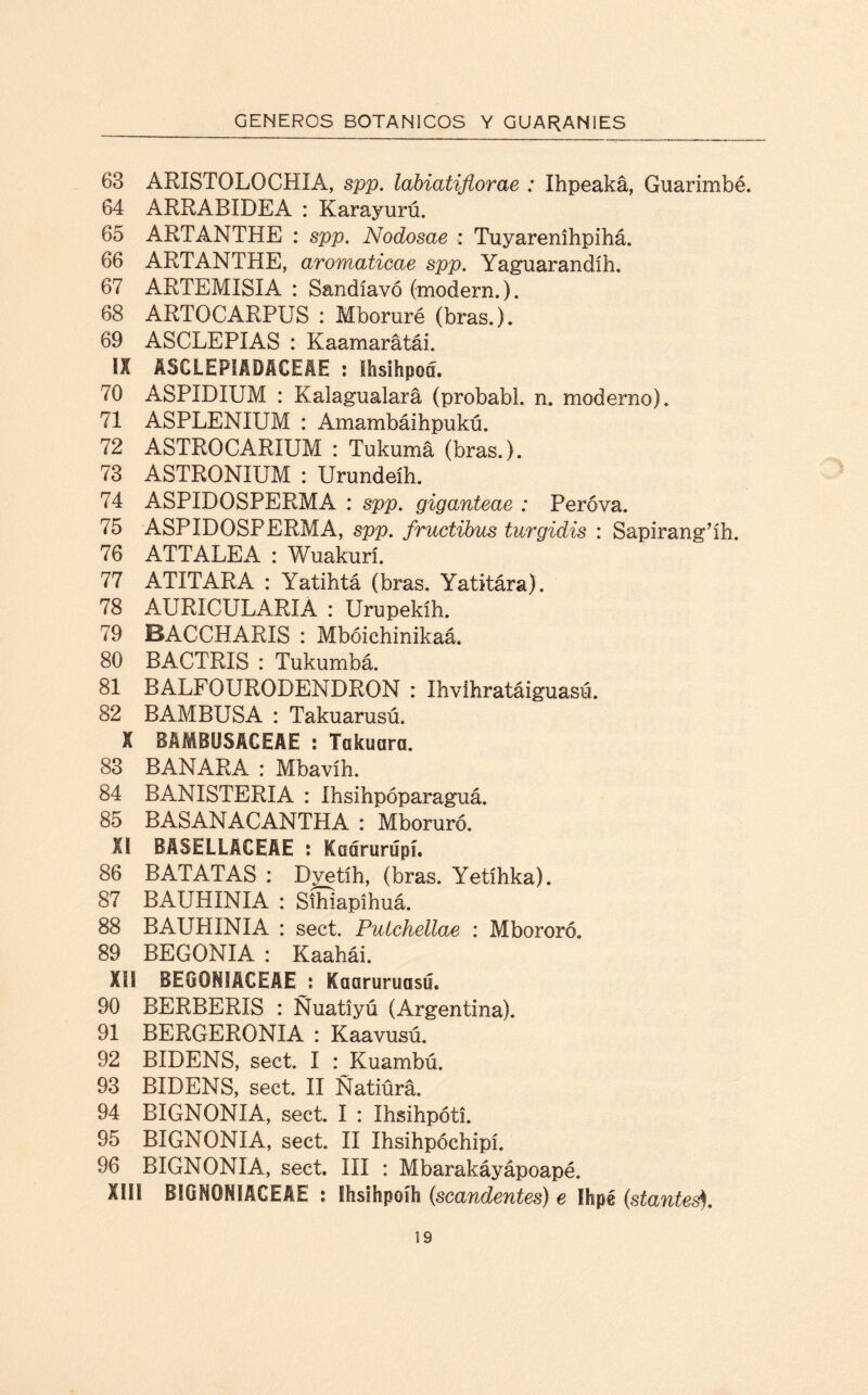 63 ARISTOLOCHIA, spp. labiatiflorae : Ihpeaká, Guarimbé. 64 ARRABIDEA : Karayurú. 65 ARTANTHE : spp. Nodosae : Tuyarenihpihá. 66 ARTANTHE, aromaticae spp. Yaguarandíh. 67 ARTEMISIA : Sandíavó (modern.). 68 ARTOCARPUS : Mboruré (bras.). 69 ASCLEPIAS : Kaamarátái. IX ÁSClEPflBüCEIE : íhsihpoá. 70 ASPIDiUM : Kalagualará (probabl. n. moderno). 71 ASPLENIUM : Amambáihpukú. 72 ASTROCARIUM : Tukumá (bras.). 73 ASTRONIUM : Urundeíh. 74 ASPIDOSPERMA : spp. giganteae : Peróva. 75 ASPIDOSPERMA, spp. fructibus turgidis : Sapirang’íh. 76 ATTALEA : Wuakurí. 77 ATITARA : Yatihtá (bras. Yatitára). 78 AURICULARÍA : Urupekíh. 79 BACCHARIS : Mbóichinikaá. 80 BACTRIS : Tukumbá. 81 BALFOURODENDRON : Ihvihratáiguasú. 82 BAMBUSA : Takuarusú. X BAMBUSACEAE : Tokuara. 83 BAÑARA : Mbavíh. 84 BANISTERIA : íhsihpóparaguá. 85 BASANACANTHA : Mboruré. XI BASELLICEAE : Koárurúpí. 86 BATATAS : Dvetíh, (bras. Yetíhka). 87 BAUHINIA : Síhiapíhuá. 88 BAUHINIA : sect. Puícheílae : Mbororó. 89 BEGONIA : Kaahái. XII BEG0MIACEAE i Kaaruruasú. 90 BERBERIS : Ñuatiyú (Argentina). 91 BERGERONIA : Kaavusú. 92 BIDENS, sect. I : Kuambú. 93 BIDENS, sect. II Ñatiürá. 94 BIGNONIA, sect. I : Ihsihpóti. 95 BIGNONIA, sect. II Ihsihpóchipí. 96 BIGNONIA, sect. III : Mbarakáyápoapé. XIII BIGN0NIACE1E : Ihsíhpoíh (scandentes) e Ihpé (stantes).