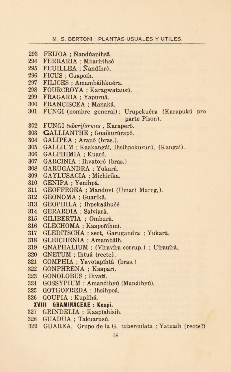 293 FEIJOA ; Ñandúapihsá 294 FERRARIA ; Mbaririhsó 295 FEUILLEA ; Nandihro. 296 FICUS ; Guapoih. 297 FILICES ; Amambáihkuéra. 298 FOURCROYA ; Karagwatausú. 299 FRAGARIA ; Yapuruá. 300 FRANCISCEA ; Manaká. 301 FUNGI (nombre general); Urupekuéra (Karapuku pro parte Pisón). 302 FUNGI tuberiformes ; Karaperó. 303 GALLIANTHE ; Guaikurúrapó. 304 GALIPEA ; Arapó (bras.). 305 GALLIUM ; Kaakangáí, Ihsihpokururú, (Kangaí). 306 GALPHIMIA ; Kuaró. 307 GARCINIA ; Ihvatoró (bras.) 308 GARUGANDRA ; Yukará. 309 GAYLUSACIA ; Michiríka. 310 GENIPA ; Yenihpá. 311 GEOFFROEA ; Manduvi (Umarí Marcg,). 312 GEONOMA ; Guariká. 313 GEOPHILA ; Ihpekaáhueé 314 GERARDIA ; Salviará. 315 GILIBERTIA ; Omburá. 316 GLECHOMA ; Kaapoñíhmí. 317 GLEDITSCHA ; sect, Garugandra ; Yukará. 318 GLEICHENIA ; Amambáíh. 319 GNAPHALIUM ; (Viravira corrup.) ; Uirauírá. 320 GNETUM ; Ihtuá (recte). 321 GOMPHIA ; Yavotapihtá (bras.) 322 GONPHRENA ; Kaaparí. 323 GONOLOBUS ; Ihvatt. 324 GOSSYPIUM ; Amandihyu (Mandihyú). 325 GOTKOFREDA ; Ihsihpoá. 326 GOUPIA ; Kupiíhá. XVIII GRAM1HACEAE : KaapL 327 GRINDELIA ; Kaapiahisih. 328 GUADUA ; Takuarusú. 329 GUAREA, Grupo de la G. tuberculata ; Yatuaih (recte?)