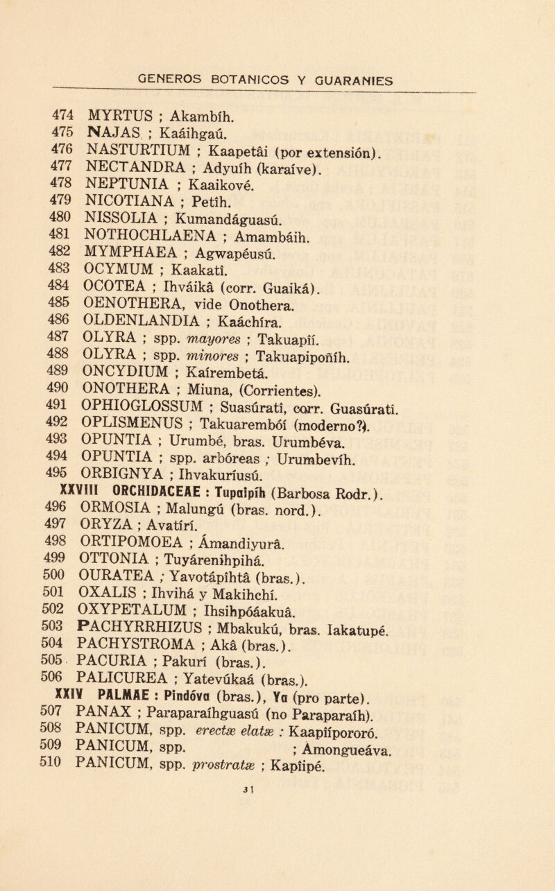 474 MYRTUS ; Akambíh. 475 NAJASs ; Kaáihgaú. 476 NASTURTIUM ; Kaapetái (por extensión). 477 NECTANDRA ; Adyuíh (karaíve). 478 NEPTUNIA ; Kaaikové. 479 NICOTIANA ; Petih. 480 NISSOLIA ; Kumandáguasú. 481 NOTHOCHLAENA ; Amambáih. 482 MYMPHAEA ; Agwapéusú. 483 OCYMUM ; Kaakati. 484 OCOTEA ; Ihváiká (corr. Guaiká). 485 OENOTHERA, vide Onothera. 486 OLDENLANDIA ; Kaáehíra. 487 OLYRA ; spp. mayores ; Takuapií. 488 OLYRA ; spp. minores ; Takuapipoñíh. 489 ONCYDIUM ; Kaírembetá. 490 ONOTHERA ; Miuna, (Corrientes). 491 OPHIOGLOSSUM ; Suasúrati, corr. Guasürati. 492 OPLISMENUS ; Takuarembóí (moderno?). 493 OPUNTIA ; Urumbé, bras. Urumbéva. 494 OPUNTIA ; spp. arbóreas ; Urumbevíh. 495 ORBIGNYA ; Ihvakuríusú. XXVÜi ORCHÍDACEAE : Tupaipíh (Barbosa Rodr.). 496 ORMOSIA ; Malungú (bras. nord.). 497 ORYZA ; Avatírí. 498 ORTIPOMOEA ; Ámandiyurá. 499 OTTONIA ; Tuyárenihpihá. 500 OURATEA ; Yavotápihtá (bras.). 501 OXALIS ; Ihvihá y Makihchí. 502 OXYPETALUM ; Ihsihpóáakuá. 503 PACHYRRHIZUS ; Mbakukú, bras. Iakatupé, 504 PACHYSTROMA ; Aká (bras.). 505. PACURIA ; Pakurí (bras.). 506 PALICUREA ; Yatevúkaá (bras.). XXI¥ PALMAE : Pindóva (bras.), Ya (pro parte). 507 PANAX ; Paraparaíhguasú (no Paraparaíh). 508 PANICUM, spp. erectx elatse : Kaapiípororó. 509 PANICUM, spp. ; Amongueáva. 510 PANICUM, spp. prostratse ; Kapiipé.