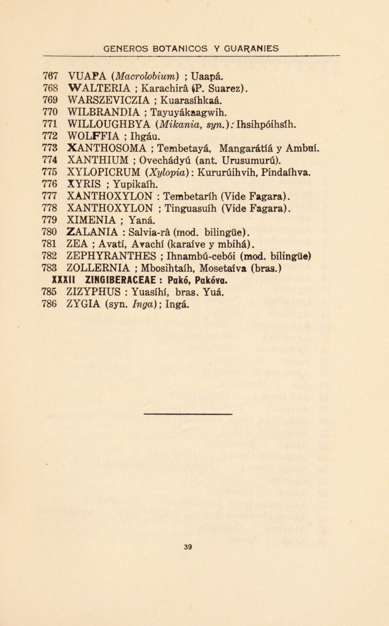 767 VUAPA (Macrolobium) ; Uaapá. 768 WALTERIA ; Karachira (P. Suarez). 769 WARSZEVICZIA ; Kuarasíhkaá. 770 WILBRANDIA ; Tayuyákaagwih. 771 WILLOUGHBYA (Mikania, syn.); Ihsihpóihsíh. 772 WOLFFIA ; Ihgáu. 773 XANTHOSOMA ; Tembetayá, Mangarátiá y Ambuí 774 XANTHIUM ; Ovechádyú (ant. Urusumurú). 775 XYLOPICRUM (Xylopia): Kururúihvih, Pindaíhva. 776 XYRIS ; Yupikaíh. 777 XANTHOXYLON : Tembetaríh (Vide Fagara). 778 XANTHOXYLON ; Tinguasuíh (Vide Fagara). 779 XIMENIA ; Yaná. 780 ZALANIA : Salvia-rá (mod. bilingüe). 781 ZEA ; Avatí, Avachí (karaíve y mbihá). 782 ZEPHYRANTHES ; Ihnambú-cebói (mod. bilingüe) 783 ZOLLERNIA ; Mbosihtaíh, Mosetaíva (bras.) XXXII ZINGIBERACEAS : Pakó, Pakóvo. 785 ZIZYPHUS : Yuasíhí, bras. Yuá. 786 ZYGIA (syn. Inga); Ingá. i