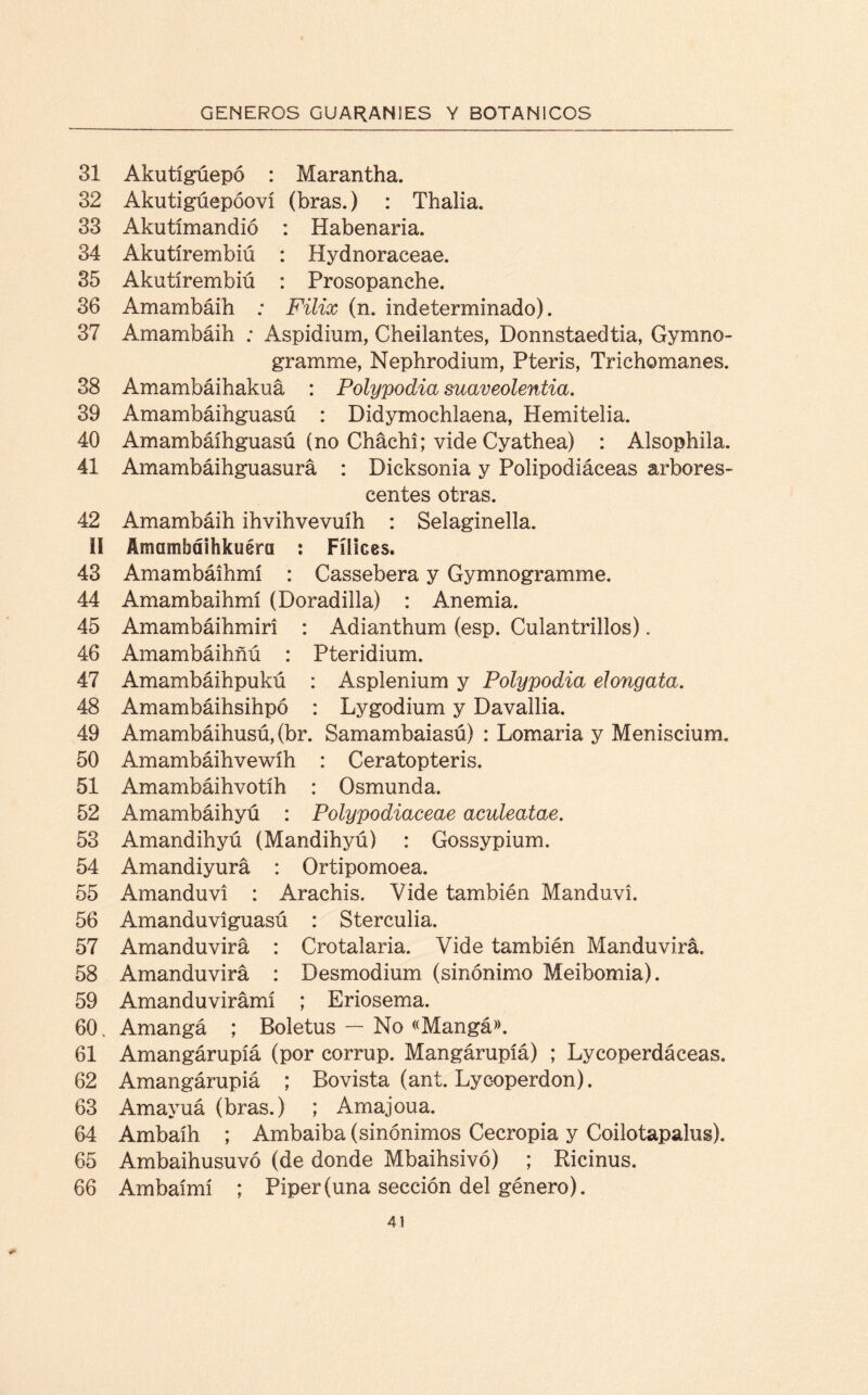 31 Akutígúepó : Marantha. 32 Akutigúepóoví (bras.) : Thalia. 33 Akutímandió : Habenaria. 34 Akutírembiú : Hydnoraceae. 35 Akutírembiú : Prosopanche. 36 Amambáih ; Filix (n. indeterminado). 37 Amambáih ; Aspidium, Cheilantes, Donnstaedtia, Gymno- gramme, Nephrodium, Pteris, Trichomanes. 38 Amambáihakuá : Polypodia suaveolentia. 39 Amambáihguasú : Didymochlaena, Hemitelia. 40 Amambáihguasú (no Cháchi; vide Cyathea) : Alsophila. 41 Amambáihguasurá : Dicksonia y Polipodiáeeas arbores¬ centes otras. 42 Amambáih ihvihvevuíh : Selaginella. II Amambdihkuéra : Fíllces. 43 Amambáíhmí : Cassebera y Gymnogramme. 44 Amambaihmí (Doradilla) : Anemia. 45 Amambáihmiri : Adianthum (esp. Culantrillos). 46 Amambáihñú : Pteridium. 47 Amambáihpukú : Asplenium y Polypodia eJongata. 48 Amambáihsihpó : Lygodium y Davallia. 49 Amambáihusú, (br. Samambaiasú) : Lomaría y Meniscium. 50 Amambáihvewíh : Ceratopteris. 51 Amambáihvotíh : Osmunda. 52 Amambáihyú : Polypodiaceae aculeatae. 53 Amandihyú (Mandihyú) : Gossypium. 54 Amandiyurá : Ortipomoea. 55 Amanduví : Arachis. Vide también Manduvi. 56 Amanduviguasú : Sterculia. 57 Amanduvirá : Crotalaría. Vide también Manduvirá. 58 Amanduvirá : Desmodium (sinónimo Meibomia). 59 Amanduvirámí ; Eriosema. 60. Amangá ; Boletus — No «Mangá». 61 Amangárupíá (por corrup. Mangárupíá) ; Lycoperdáceas. 62 Amangárupíá ; Bovista (ant. Lycoperdon). 63 Amavuá (bras.) ; Amajoua. 64 Ambaíh ; Ambaiba (sinónimos Cecropia y Coilotapalus). 65 Ambaihusuvó (de donde Mbaihsivó) ; Ricinus. 66 Ambaímí ; Piper(una sección del género).