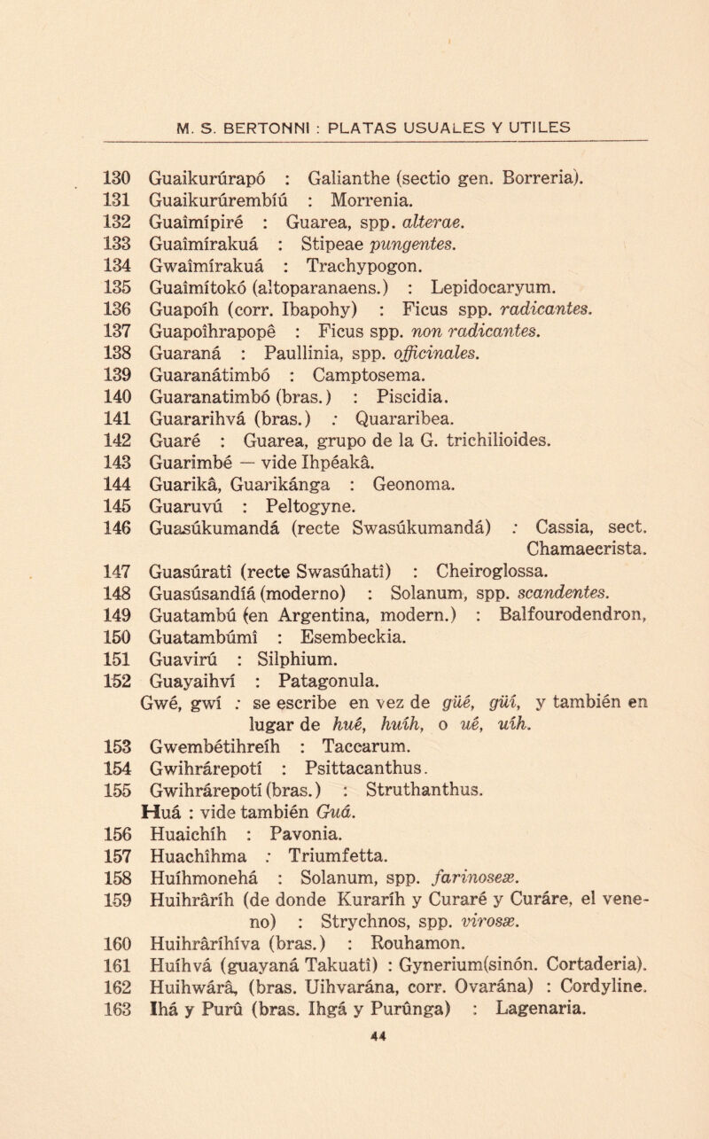 130 Guaikurúrapó : Galianthe (sectio gen. Borreria). 131 Guaikurúrembíú : Morrenia. 132 Guaimípiré : Guarea, spp. alterae. 133 Guaimírakuá : Stipeae pungentes. 134 Gwalmírakuá : Trachypogon. 135 Guaimítokó (altoparanaens.) : Lepidocaryum. 136 Guapoíh (corr. Ibapohy) : Ficus spp. radicantes. 137 Guapoihrapopé : Ficus spp. non radicantes. 188 Guaraná : Paullinia, spp. oficinales. 139 Guaranátimbó : Camptosema. 140 Guaranatimbó (bras.) : Piscidia. 141 Guararihvá (bras.) : Quararibea. 142 Guaré : Guarea, grupo de la G. trichilioides. 143 Guarimbé — vide Ihpéaká. 144 Guariká, Guarikánga : Geonoma. 145 Guaruvú : Peltogyne. 146 Guasúkumandá (recte Swasúkumandá) : Cassia, sect. Chamaecrista. 147 Guasúrati (recte Swasúhatl) : Cheiroglossa. 148 Guasúsandíá (moderno) : Solanum, spp. scandentes. 149 Guatambú (en Argentina, modern.) : Balfourodendron, 150 Guatambúmi : Esembeckia. 151 Guavirú : Silphium. 152 Guayaihví : Patagonula. Gwé, gwí ; se escribe en vez de güé, güí, y también en lugar de hué, huíh, o ué, uíh. 153 Gwembétihreíh : Taccarum. 154 Gwihrárepotí : Psittacanthus. 155 Gwihrárepotí (bras.) : Struthanthus. Huá : vide también Guá. 156 Huaichíh : Pavonia. 157 Huachihma ; Triumfetta. 158 Huíhmonehá : Solanum, spp. farinosex. 159 Huihráríh (de donde Kuraríh y Curaré y Curáre, el vene¬ no) : Strychnos, spp. virosas. 160 Huihráríhíva (bras.) : Rouhamon. 161 Huíhvá (guayaná Takuati) : Gynerium(sinón. Cortaderia). 162 Huihwárá, (bras. üihvarána, corr. Ovarána) : Cordyline. 163 Ihá y Pura (bras. Ihgá y Purünga) : Lagenaria.