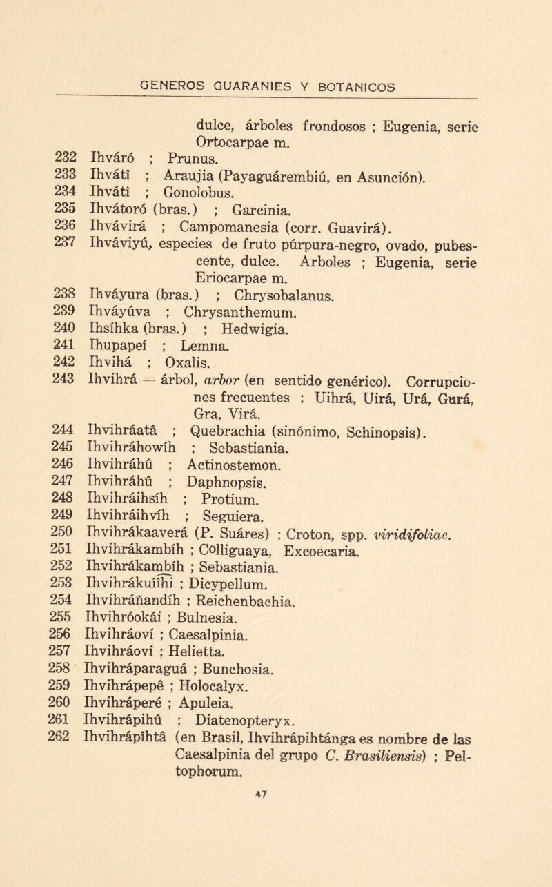 dulce, árboles frondosos ; Eugenia, serie Ortocarpae m. 232 Ihváró ; Prunus. 233 Ihváti ; Araujia (Payaguárembiú, en Asunción). 234 Ihváti ; Gonolobus. 235 Ihvátoró (bras.) ; Garcinia. 236 Ihvávirá ; Campomanesia (corr, Guavirá). 237 Xhváviyú, especies de fruto púrpura-negro, ovado, pubes¬ cente, dulce. Arboles ; Eugenia, serie Eriocarpae m. 238 Ihváyura (bras.) ; Chrysobalanus. 239 Ihváyúva ; Chrysanthemum. 240 Ihsíhka (bras.) ; Hedwigia. 241 Ihupapeí ; Lemna. 242 Ihvihá ; Oxalis. 243 Ihvihrá = árbol, arbor (en sentido genérico). Corrupcio¬ nes frecuentes ; Uihrá, IJirá, Urá, Gurá, Gra, Virá. 244 Ihvihráatá ; Quebrachia (sinónimo, Schinopsis). 245 Ihvihráhowíh ; Sebastiania. 246 Ihvihráhü ; Actinostemon. 247 Ihvihráhü ; Daphnopsis. 248 Ihvihráihsíh ; Protium. 249 Ihvihráihvíh ; Seguiera. 250 Ihvihrákaaverá (P. Suáres) ; Croton, spp. viridifoliae. 251 Ihvihrákambíh ; Colliguaya, Exeoécaria. 252 Ihvihrákambíh ; Sebastiania. 253 Ihvihrákuííhi ; Dicypellum, 254 Ihvihráñandíh ; Reichenbachia. 255 Ihvihróokái ; Bulnesia. 256 Ihvihráoví ; Caesalpinia. 257 Ihvihráoví ; Helietta. 258 ' Ihvihráparaguá ; Bunchosia. 259 Ihvihrápepé ; Holocalyx. 260 Ihvihráperé ; Apuleia. 261 Ihvihrápihú ; Diatenopteryx. 262 Ihvihrápihtá (en Brasil, Ihvihrápihtánga es nombre de las Caesalpinia del grupo C. Brasiliensis) ; Pel- tophorum.