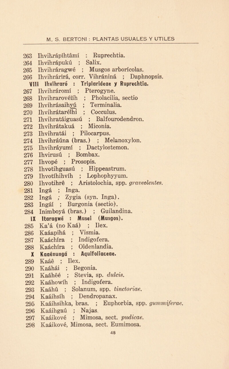 263 Ihvihrápíhtámí : Ruprechtia. 264 Ihvihrápukú ; Salix. 265 íhvihráragwé ; Musgos arborícolas. 266 Ihvihrárírá, corr. Vihrániná ; Daphnopsis. VIH ifrvibrará : Tripiándeos y Rupreclitlo. 267 Ihvihráromí ; Pterogyne. 268 Ihvihrarovéííh ; Pholacilia, sectio 269 Ihvihrásaihjm ; Terminaba. 270 Ihvihrátaréíhi ; Cocculus. 271 Ihvihratáiguasú ; Balfourodendron. 272 Ihvihrátakuá ; Miconia. 273 Ihvihratái ; Pilocarpus. 274 Ihvihráúna (bras.) ; Melanoxylon. 275 Ihvihráyumí ; Dactylostemon. 276 Ihvirusú ; Bombax. 277 Ihvopé ; Prosopis. 278 Xhvotihguasú ; Hippeastrum. 279 Ihvotíhihvíh ; Lophophyyum. 280 Ihvotihré ; Aristolochia, spp. graveolentes. 281 Ingá ; Inga. 282 Ingá ; Zygia (syn. Inga). 283 Ingái ; Burgonia (sectio). 284 Inimboyá (bras.) ; Guilandina. IX Itaragwé : Mu se i (Musgos). 285 Ka’á (no Kaá) ; liex. 286 Kaáapihá ; Vismia. 287 Kaáchíra ; índigofera. 288 Kaáchíra ; Oldenlandia. X Kaaénunga : Iquifoliaceae. 289 Kaáé ; Ilex. 290 Kaáhái ; Begonia. 291 Kaáhéé ; Stevia, sp. dulcís. 292 Kaáhowíh ; Indigofera. 293 Kaáhü ; Solanum, spp. tinctoriae. 294 Kaáihsíh ; Dendropanax. 295 Kaáihsihka, bras. ; Euphorbia, spp. gummiferae. 296 Kaáihgaú ; Najas. 297 Kaáikové ; Mimosa, sect. pudicae. 298 Kaáikové, Mimosa, sect. Eumimosa.