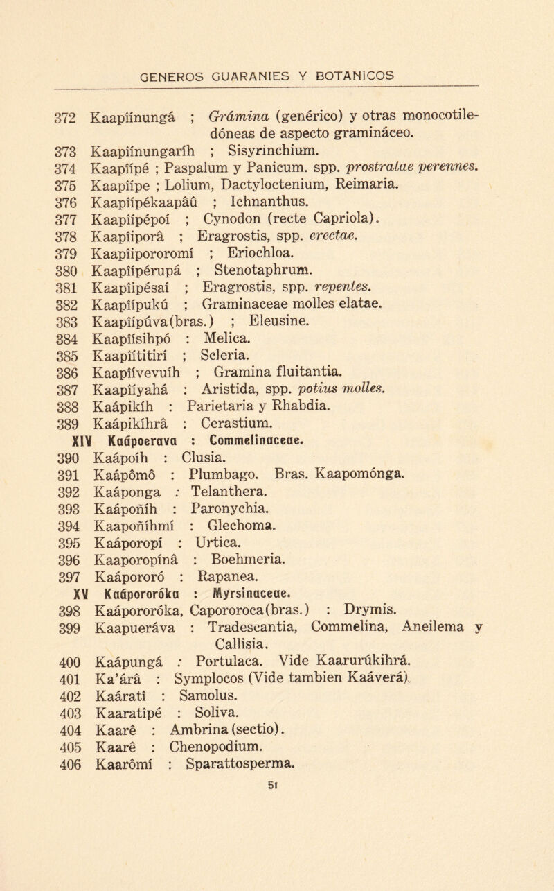 372 Kaapíínungá ; Grdmina (genérico) y otras monocotile- dóneas de aspecto gramináceo. 373 Kaapíínungaríh ; Sisyrinchium. 374 Kaapíípé ; Paspalum y Panicum. spp. prostralae perennes. 375 Kaapíípé ; Lolium, Dactyloctenium, Reimaria. 376 Kaapíípékaapáü ; Ichnanthus. 377 Kaapiípépoí ; Cynodon (recte Capriola). 378 Kaapíiporá ; Eragrostis, spp. erectae. 379 Kaapíipororomí ; Eriochloa. 380 Kaapiípérupá ; Stenotaphrum. 381 Kaapíipésaí ; Eragrostis, spp. repentes. 382 Kaapíípukú ; Graminaceae molles elatae. 383 Kaapiípúva (bras.) ; Eleusine. 384 Kaapiísihpó : Mélica. 385 Kaapíítitirí ; Scleria. 386 Kaapiívevuih ; Gramina fluitantia. 387 Kaapííyahá : Aristida, spp. potius molles. 388 Kaápikíh : Parietaria y Rhabdia. 389 Kaápikíhrá : Cerastium. XI¥ Kaópoerava : CommeHnaceae. 390 Kaápoíh : Clusia. 391 Kaápómo : Plumbago. Bras. Kaapomónga. 392 Kaáponga : Telanthera. 393 Kaápoñíh : Paronychia. 394 Kaapoñíhmí : Glechoma. 395 Kaáporopí : Urtica. 396 Kaaporopíná : Boehmeria. 397 Kaápororó : Rapanea. X¥ Kaápororóka : Myrsinaceae. 398 Kaápororóka, Capororoca (bras.) : Drymis. 399 Kaapueráva : Tradescantia, Commelina, Aneilema y Callisia. 400 Kaápungá : Portulaca. Vide Kaarurúkihrá. 401 Ka’árá : Symplocos (Vide también Kaáverá). 402 Kaárati : Samolus. 403 Kaaratipé : Soliva. 404 Kaaré : Ambrina (sectio). 405 Kaaré : Chenopodium. 406 Kaarómí : Sparattosperma. 5í