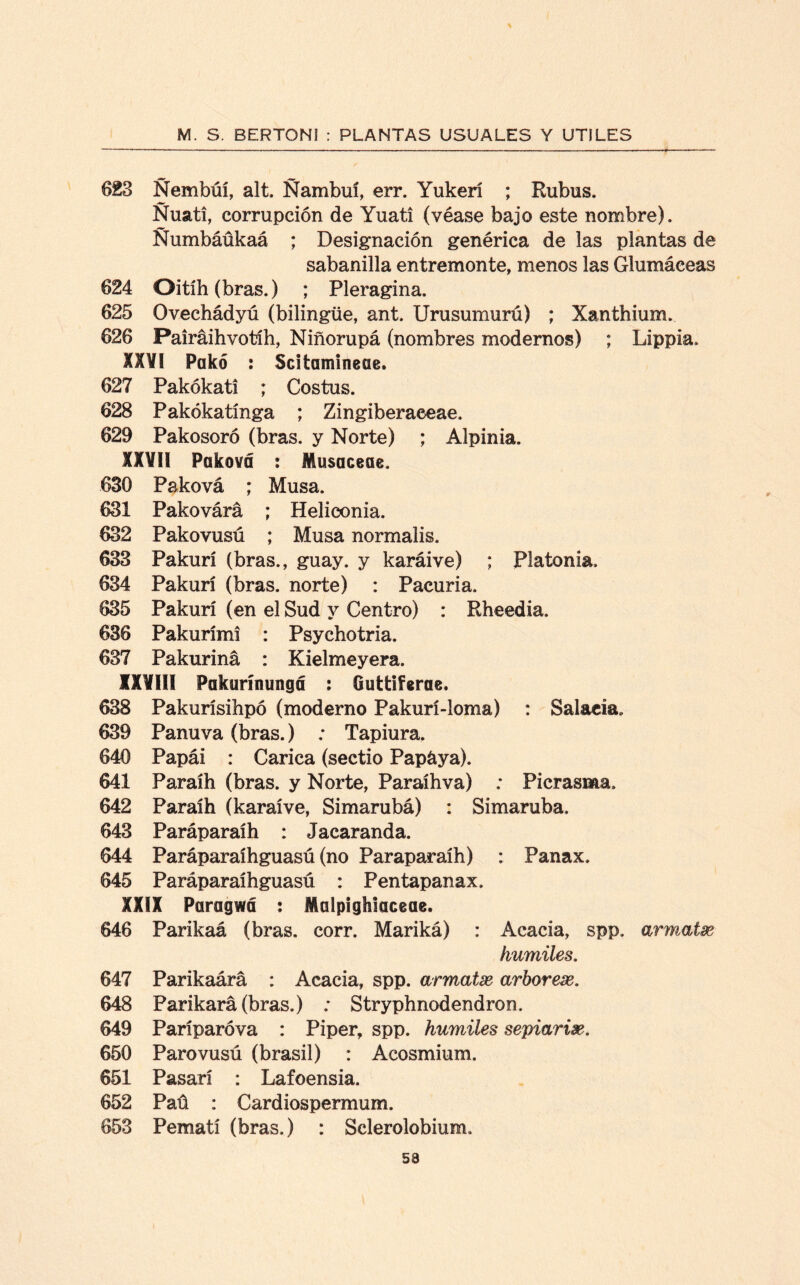 623 Ñembúí, alt. Ñambuí, err. Yukerí ; Rubus. Ñuati, corrupción de Yuati (véase bajo este nombre). Ñumbáükaá ; Designación genérica de las plantas de sabanilla entremonte, menos las Glumáeeas 624 Oitíh (bras.) ; Pleragina. 625 Ovechádyú (bilingüe, ant. Urusumurú) ; Xanthium. 626 Pairáihvotíh, Niñorupá (nombres modernos) ; Lippia. XXVI Pakó : Scitamineae. 627 Pakókatí ; Costus. 628 Pakókatínga ; Zingiberaeeae. 629 Pakosoró (bras. y Norte) ; Alpinia. XXVII Paková : Musaceae. 630 Paková ; Musa. 631 Pakovárá ; Heliconia. 632 Pakovusú ; Musa normalis. 633 Pakurí (bras., guay. y karáive) ; Platonia, 634 Pakurí (bras. norte) : Pacuria. 635 Pakurí (en el Sud y Centro) : Rheedia. 636 Pakurími : Psychotria. 637 Pakuriná : Kielmeyera. IXVIII Pakurínungá : Guttiferae. 638 Pakurísihpó (moderno Pakurí-loma) : Salada. 639 Panuva (bras.) : Tapiura. 640 Papái : Carica (seetio Papáya). 641 Paraíh (bras. y Norte, Paraíhva) : Picrasma. 642 Paraíh (karaíve, Simarubá) : Simaruba. 643 Paráparaíh : Jacaranda. 644 Paráparaíhguasú (no Paraparaíh) : Panax. 645 Paráparaíhguasú : Pentapanax. XXIX Paragwá : Malpighiaceae. 646 Parikaá (bras. corr. Mariká) : Acacia, spp. armMae humiles. 647 Parikaárá : Acacia, spp. armatx arborex. 648 Parikará(bras.) : Stryphnodendron. 649 Paríparóva : Piper, spp. humiles sepiarise. 650 Parovusú (brasil) : Acosmium. 651 Pasarí : Lafoensia. 652 Paü : Cardiospermum. 653 Pematí (bras.) : Sclerolobium.