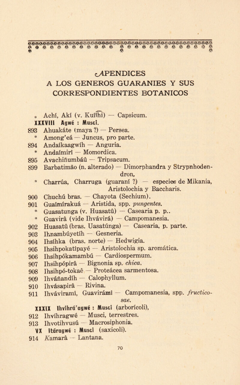 ^ ® ^ ® ^ fi. $ # APENDICES A LOS GENEROS GUARANIES Y SUS CORRESPONDIENTES BOTANICOS * Achí, Akí (v. Kuiíhi) — Capsicum. XXXVIII Agwé : Musci. 893 Ahuakáte (.maya ?) — Persea. * Among’eá — Juncus, pro parte. 894 Andaíkaagwíh — Anguria. * Andaímiri — Momordica. 895 Avachiñumbáü — Tripsacum. 899 Barbatimáo (n. alterado) — Dimorphandra y Strypnhoden- dron„ * Charrúa, Charruga (guaraní ?) — especies de Mikania, Aristolochia y Baccharis. 900 Chuchú bras. — Chayota (Sechium). 901 Guaimírakuá — Aristida, spp. pungentes. * Guasatunga (v. Huasatü) — Gasearía p. p.. * Guavirá (vide Ihvávirá) — Campomanesia. 902 Huasatü (bras. Uasatúnga) — Casearia, p. parte. 903 Ihnambúyetíh — Gesneria. 904 Ihsíhka (bras. norte) — Hedwigia. 905 Ihsihpokatípayé — Aristolochia sp. aromática. 906 Ihsihpókamambú — Cardiospermum. 907 Ihsihpópirá — Bignonia sp. chica. 908 Ihsihpó-tokaé — Proteácea sarmentosa. 909 Ihváñandíh — Calophyllum. 910 Ihvásapirá — Rivina. 911 Ihváviramí, Guavirámí — Campomanesia, spp. fructico- sae. XXXIX IhvihrcFagwé : Musci (arborícoli), 912 Ihvíhragwé — Musci, terrestres. 913 Ihvotihvusú — Macrosiphonia. VX Itáragwé : Musci (saxicoli). 914 Aamará --- Lantana.