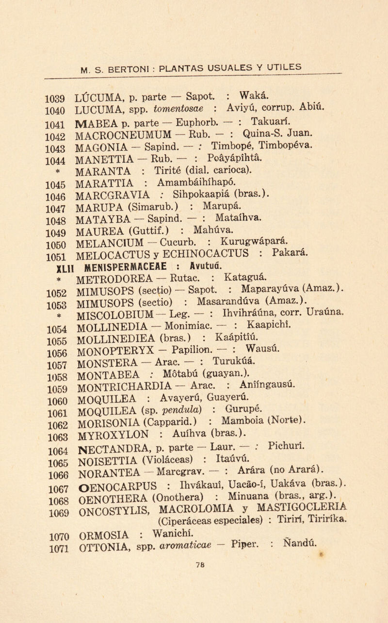 1039 LÚCUMA, p. parte — Sapot. : Waká. 1040 LUCUMA, spp. tomentosae : Aviyú, corrup. Abiú. 1041 MABEA p. parte — Euphorb. — : Takuarí. 1042 MACROCNEUMUM — Rub. - : Quina-S. Juan. 1043 MAGONIA — Sapind. — : Timbopé, Timbopéva. 1044 MANETTIA — Rub. — : Poayápihtá. * MARANTA : Tirité (dial, carioca). 1045 1046 1047 1048 1049 1050 1051 XLli * 1052 1053 * 1054 1055 1056 1057 1058 1059 1060 1061 1062 1063 1064 1065 1066 1067 1068 1069 MARATTIA : Amambáihíhapó. MARCGRAVIA : Sihpokaapiá (bras.). MARUPA (Simarub.) : Marupá. MATAYBA — Sapind. — : Mataíhva. MAUREA (Guttif.) : Mahúva. MELANCIUM — Cucurb. : Kurugwápará. MELOCACTUS y ECHINOCACTUS : Pakará. MENISPERMACEAE : Avutud. METRODOREA — Rutac. : Kataguá. MIMUSOPS (sectio) — Sapot. : Maparayúva (Amaz.). MIMUSOPS (sectio) : Masarandúva (Amaz.). MISCOLOBIUM — Leg. — : Ihvihráúna, corr. Uraúna. MOLLINEDIA — Monimiac. — : Kaapichi. MOLLINEDIEA (bras.) : Kaápitiú. MONOPTERYX — Papilion. — : Wausú. MONSTERA — Arac. — : Turukúá. MONTABEA : Mótabú (guayan.). MONTRICHARDIA — Arac. : Aniíngausú. MOQUILEA : Avayerú, Guayerú. MOQUILEA (sp. péndula) : Gurupé. MORISONIA (Capparid.) : Mamboia (Norte). MYROXYLON : Auíhva (bras.). NECTANDRA, p. parte — Laur. — : Pichuri. NOISETTIA (Violáceas) : Itaúvú. NORANTEA —Marcgrav. — : Arára (no Arará). OENOCARPUS : Ihvákaui, Uacáo-í, Uakáva (bras.). OFNOTHERA (Onothera) : Minuana (bras., arg.). ONCOSTYLIS, MACROLOMIA y MASTIGOCLERIA (Ciperáceas especiales) : Tirirí, Tiriríka. 1070 ORMOSIA : Wanichí. 1071 OTTON1A, spp. aromaticae — Piper. Ñandú. IB