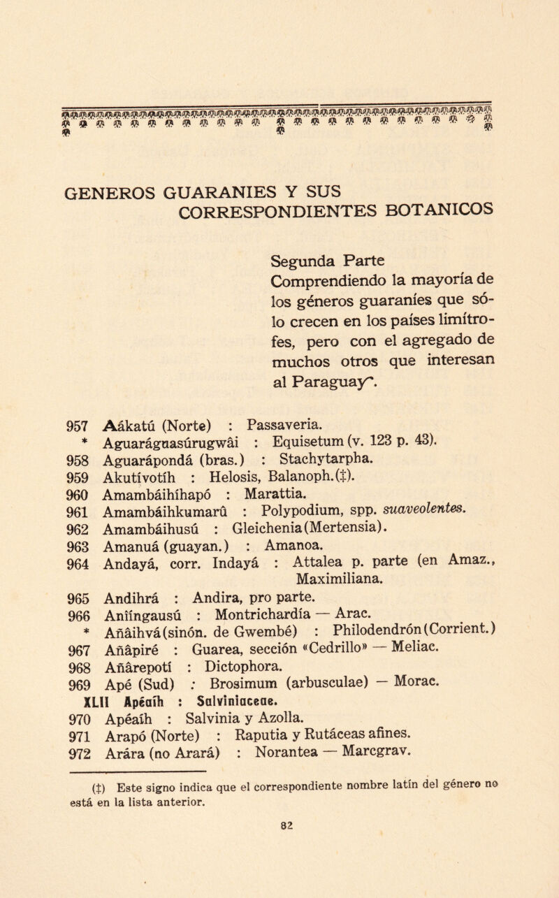 m ?k <% GENEROS GUARANIES Y SUS CORRESPONDIENTES BOTANICOS Segunda Parte Comprendiendo la mayoría de los géneros guaraníes que só¬ lo crecen en los países limítro¬ fes, pero con el agregado de muchos otros que interesan al Paraguay^. 957 Aákatú (Norte) : Passaveria. * Aguarágnasúrugwái : Equisetum (v. 123 p. 43). 958 Aguarápondá (bras.) : Stachytarpha. 959 Akutívotíh : Helosis, Balanoph.(í). 960 Amambáihíhapó : Marattia. 961 Amambáihkumarü : Polypodium, spp. suaveolentes. 962 Amambáihusú : Gleichenia(Mertensia). 963 Amanuá (guayan.) : Amanoa. 964 Andayá, corr. Indayá : Attalea p. parte (en Amaz., Maximiliana. 965 Andihrá : Andira, pro parte. 966 Aniíngausú : Montrichardía — Arac. * Añáihvá(sinón. de Gwembé) : Philodendrón(Corrient.) 967 Añápiré : Guarea, sección «Cedrillo» — Meliac. 968 Añárepotí : Dictophora. 969 Apé (Sud) ; Brosimum (arbusculae) — Morac. XLÜ Apéaíh : Salviniaceae. 970 Apéaíh : Salvinia y Azolla. 971 Arapó (Norte) : Raputia y Rutáceas afines. 972 Arára (no Arará) : Norantea — Marcgrav. (%) Este signo indica que el correspondiente nombre latín del género no está en la lista anterior.