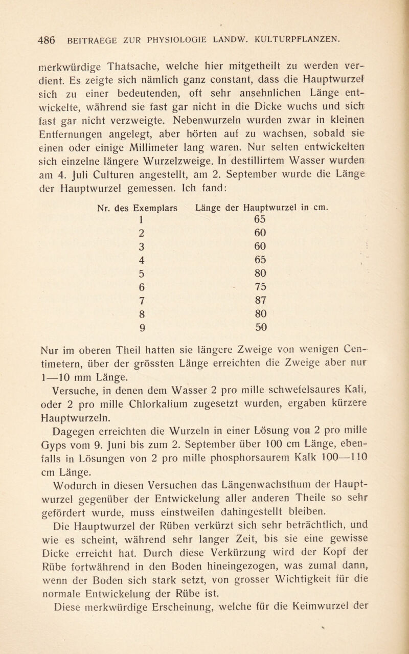 merkwürdige Thatsache, welche hier mitgetheilt zu werden ver¬ dient. Es zeigte sich nämlich ganz constant, dass die Hauptwurzel sich zu einer bedeutenden, oft sehr ansehnlichen Länge ent¬ wickelte, während sie fast gar nicht in die Dicke wuchs und sich fast gar nicht verzweigte. Nebenwurzeln wurden zwar in kleinen Entfernungen angelegt, aber hörten auf zu wachsen, sobald sie einen oder einige Millimeter lang waren. Nur selten entwickelten sich einzelne längere Wurzelzweige. In destillirtem Wasser wurden am 4. Juli Culturen angestellt, am 2. September wurde die Länge der Hauptwurzel gemessen. Ich fand: Länge der Hauptwurzel in cm. Nr. des Exemplars 65 60 60 65 80 75 87 80 50 2 3 4 5 6 7 8 9 Nur im oberen Theil hatten sie längere Zweige von wenigen Cen~ timetern, über der grössten Länge erreichten die Zweige aber nur 1—10 mm Länge. Versuche, in denen dem Wasser 2 pro mille schwefelsaures Kali, oder 2 pro mille Chlorkalium zugesetzt wurden, ergaben kürzere Hauptwurzeln. Dagegen erreichten die Wurzeln in einer Lösung von 2 pro mille Gyps vom 9. Juni bis zum 2. September über 100 cm Länge, eben¬ falls in Lösungen von 2 pro mille phosphorsaurem Kalk 100—110 cm Länge. Wodurch in diesen Versuchen das Längenwachsthum der Haupt¬ wurzel gegenüber der Entwickelung aller anderen Theile so sehr gefördert wurde, muss einstweilen dahingestellt bleiben. Die Hauptwurzel der Rüben verkürzt sich sehr beträchtlich, und wie es scheint, während sehr langer Zeit, bis sie eine gewisse Dicke erreicht hat. Durch diese Verkürzung wird der Kopf der Rübe fortwährend in den Boden hineingezogen, was zumal dann, wenn der Boden sich stark setzt, von grosser Wichtigkeit für die normale Entwickelung der Rübe ist. Diese merkwürdige Erscheinung, welche für die Keimwurzel der