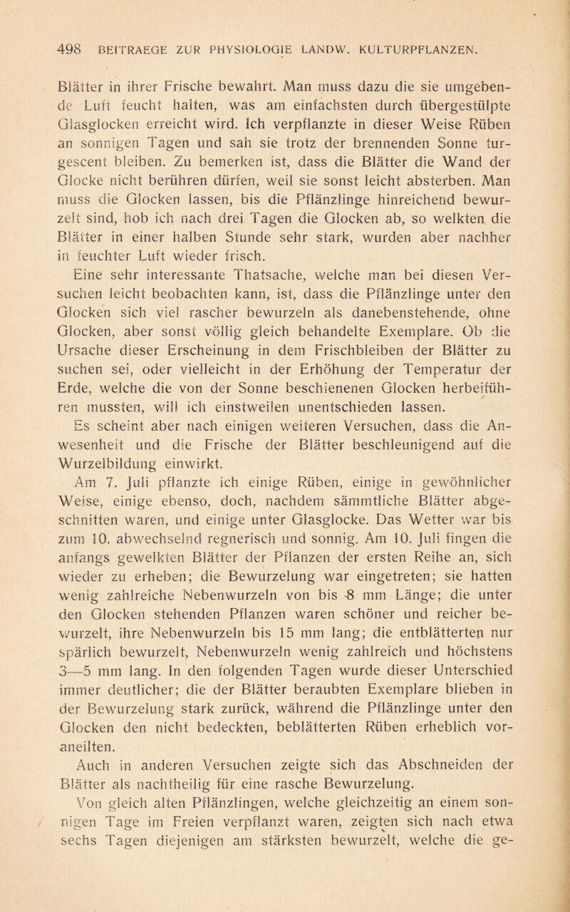 Blätter in ihrer Frische bewahrt. Man muss dazu die sie umgeben¬ de Luft feucht halten, was am einfachsten durch übergestülpte Glasglocken erreicht wird. Ich verpflanzte in dieser Weise Rüben an sonnigen Tagen und sah sie trotz der brennenden Sonne tur- gescent bleiben. Zu bemerken ist, dass die Blätter die Wand der Glocke nicht berühren dürfen, weil sie sonst leicht absterben. Man muss die Glocken lassen, bis die Pflänzlinge hinreichend bewur¬ zelt sind, hob ich nach drei Tagen die Glocken ab, so welkten die Blätter in einer halben Stunde sehr stark, wurden aber nachher in feuchter Luft wieder frisch. Eine sehr interessante Thatsache, welche man bei diesen Ver¬ suchen leicht beobachten kann, ist, dass die Pflänzlinge unter den Glocken sich viel rascher bewurzeln als danebenstehende, ohne Glocken, aber sonst völlig gleich behandelte Exemplare. Ob die Ursache dieser Erscheinung in dem Frischbleiben der Blätter zu suchen sei, oder vielleicht in der Erhöhung der Temperatur der Erde, welche die von der Sonne beschienenen Glocken herbeifüh¬ ren mussten, will ich einstweilen unentschieden lassen. Es scheint aber nach einigen weiteren Versuchen, dass die An¬ wesenheit und die Frische der Blätter beschleunigend auf die Wurzelbildung einwirkt. Am 7. Juli pflanzte ich einige Rüben, einige in gewöhnlicher Weise, einige ebenso, doch, nachdem sämmtliche Blätter abge¬ schnitten waren, und einige unter Glasglocke. Das Wetter war bis zum 10. abwechselnd regnerisch und sonnig. Am 10. Juli fingen die anfangs gewelkten Blätter der Pflanzen der ersten Reihe an, sich wieder zu erheben; die Bewurzelung war eingetreten; sie hatten wenig zahlreiche Nebenwurzeln von bis 8 mm Länge; die unter den Glocken stehenden Pflanzen waren schöner und reicher be¬ wurzelt, ihre Nebenwurzeln bis 15 mm lang; die entblätterten nur spärlich bewurzelt, Nebenwurzeln wenig zahlreich und höchstens 3—5 mm lang. In den folgenden Tagen wurde dieser Unterschied immer deutlicher; die der Blätter beraubten Exemplare blieben in der Bewurzelung stark zurück, während die Pflänzlinge unter den Glocken den nicht bedeckten, beblätterten Rüben erheblich vor¬ aneilten. Auch in anderen Versuchen zeigte sich das Abschneiden der Blätter als nachtheilig für eine rasche Bewurzelung. Von gleich alten Pflänzlingen, welche gleichzeitig an einem son¬ nigen Tage im Freien verpflanzt waren, zeigten sich nach etwa sechs Tagen diejenigen am stärksten bewurzelt, welche die ge-