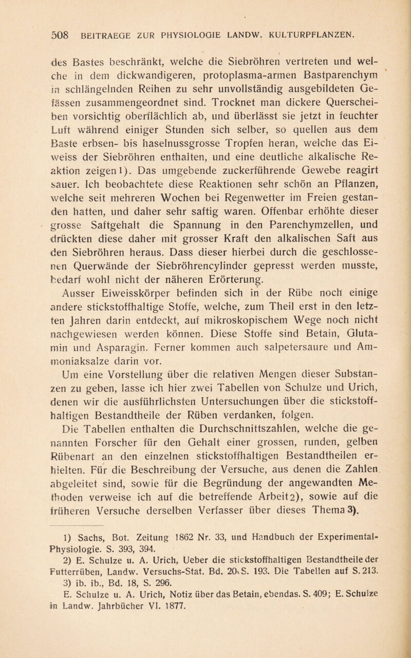 i des Bastes beschränkt, welche die Siebröhren vertreten und wel¬ che in dem dickwandigeren, protoplasma-armen Bastparenchym in schlängelnden Reihen zu sehr unvollständig ausgebildeten Ge¬ lassen zusammengeordnet sind. Trocknet man dickere Querschei¬ ben vorsichtig oberflächlich ab, und überlässt sie jetzt in feuchter Luft während einiger Stunden sich selber, so quellen aus dem Baste erbsen- bis haselnussgrosse Tropfen heran, welche das Ei- weiss der Siebröhren enthalten, und eine deutliche alkalische Re¬ aktion zeigen l). Das umgebende zuckerführende Gewebe reagirt sauer. Ich beobachtete diese Reaktionen sehr schön an Pflanzen, welche seit mehreren Wochen bei Regenwetter im Freien gestan¬ den hatten, und daher sehr saftig waren. Offenbar erhöhte dieser grosse Saftgehalt die Spannung in den Parenchymzellen, und drückten diese daher mit grosser Kraft den alkalischen Saft aus den Siebröhren heraus. Dass dieser hierbei durch die geschlosse¬ nen Querwände der Siebröhrencylinder gepresst werden musste, bedarf wohl nicht der näheren Erörterung. *- Ausser Eiweisskörper befinden sich in der Rübe noch einige andere stickstoffhaltige Stoffe, welche, zum Theil erst in den letz¬ ten Jahren darin entdeckt, auf mikroskopischem Wege noch nicht nachgewiesen werden können. Diese Stoffe sind Betain, Gluta¬ min und Asparagin. Ferner kommen auch salpetersaure und Am¬ moniaksalze darin vor. Um eine Vorstellung über die relativen Mengen dieser Substan¬ zen zu geben, lasse ich hier zwei Tabellen von Schulze und Urich, denen wir die ausführlichsten Untersuchungen über die stickstoff¬ haltigen Bestandtheile der Rüben verdanken, folgen. Die Tabellen enthalten die Durchschnittszahlen, welche die ge¬ nannten Forscher für den Gehalt einer grossen, runden, gelben Rübenart an den einzelnen stickstoffhaltigen Bestandtheilen er¬ hielten. Für die Beschreibung der Versuche, aus denen die Zahlen, abgeleitet sind, sowie für die Begründung der angewandten Me¬ thoden verweise ich auf die betreffende Arbeit 2), sowie auf die früheren Versuche derselben Verfasser über dieses Thema 3). 1) Sachs, Bot. Zeitung 1862 Nr. 33, und Handbuch der Experimental- Physiologie. S. 393, 394. 2) E. Schulze u. A. Urich, Ueber die stickstoffhaltigen Bestandtheile der Futterrüben, Landw. Versuchs-Stat. Bd. 2CLS. 193. Die Tabellen auf S.213. 3) ib. ib., Bd. 18, S. 296. E. Schulze u. A. Urich, Notiz über das Betain, ebendas. S. 409; E. Schulze in Landw. Jahrbücher VI. 1877.