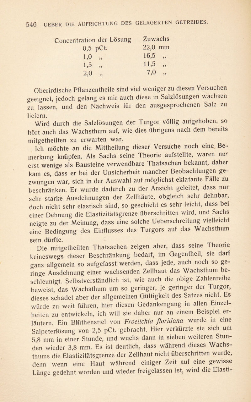Concentration der Lösung 0,5 pCt. 1,0 „ 1,5 „ 2,0 „ Zuwachs 22,0 mm 16.5 „ 11.5 „ 7,0 „ Oberirdische Pflanzentheile sind viel weniger zu diesen Versuchen geeignet, jedoch gelang es mir auch diese in Salzlösungen wachsen zu lassen, und den Nachweis für den ausgesprochenen Salz zu liefern. Wird durch die Salzlösungen der Turgor völlig aufgehoben, so hört auch das Wachsthum auf, wie dies übrigens nach dem bereits mitgetheilten zu erwarten war. Ich möchte an die Mittheilung dieser Versuche noch eine Be¬ merkung knüpfen. Als Sachs seine Theorie aufstellte, waren nu erst wenige als Bausteine verwendbare Thatsachen bekannt, daher kam es, dass er bei der Unsicherheit mancher Beobachtungen ge¬ zwungen war, sich in der Auswahl auf möglichst eklatante Fälle zu beschränken. Er wurde dadurch zu der Ansicht geleitet, dass nur sehr starke Ausdehnungen der Zellhäute, obgleich sehr dehnbar, doch nicht sehr elastisch sind, so geschieht es sehr leicht, dass bei einer Dehnung die Elastizitätsgrenze überschritten wird, und Sachs neigte zu der Meinung, dass eine solche Ueberschreitung vielleicht eine Bedingung des Einflusses des Turgors auf das Wachsthunr sein dürfte. Die mitgetheilten Thatsachen zeigen aber, dass seine Theorie keineswegs dieser Beschränkung bedarf, im Gegentheil, sie darf ganz allgemein so aufgefasst werden, dass jede, auch noch so ge¬ ringe Ausdehnung einer wachsenden Zellhaut das Wachsthum be¬ schleunigt. Selbstverständlich ist, wie auch die obige Zahlenreihe beweist, das Wachsthum um so geringer, je geringer der Turgor, dieses schadet aber der allgemeinen Gültigkeit des Satzes nicht. Es würde zu weit führen, hier diesen Gedankengang in allen Einzel¬ heiten zu entwickeln, ich will sie daher nur an einem Beispiel er¬ läutern. Ein Blüthenstiel von Froelichia floridana wurde in eine Salpeterlösung von 2,5 pCt. gebracht. Hier verkürzte sie sich um 5,8 mm in einer Stunde, und wuchs dann in sieben weiteren Stun¬ den wieder 3,8 mm. Es ist deutlich, dass während dieses Wachs¬ thums die Elastizitätsgrenze der Zellhaut nicht überschritten wurde, denn wenn eine Haut während einiger Zeit auf eine gewisse Länge gedehnt worden und wieder freigelassen ist, wird die Elasti-