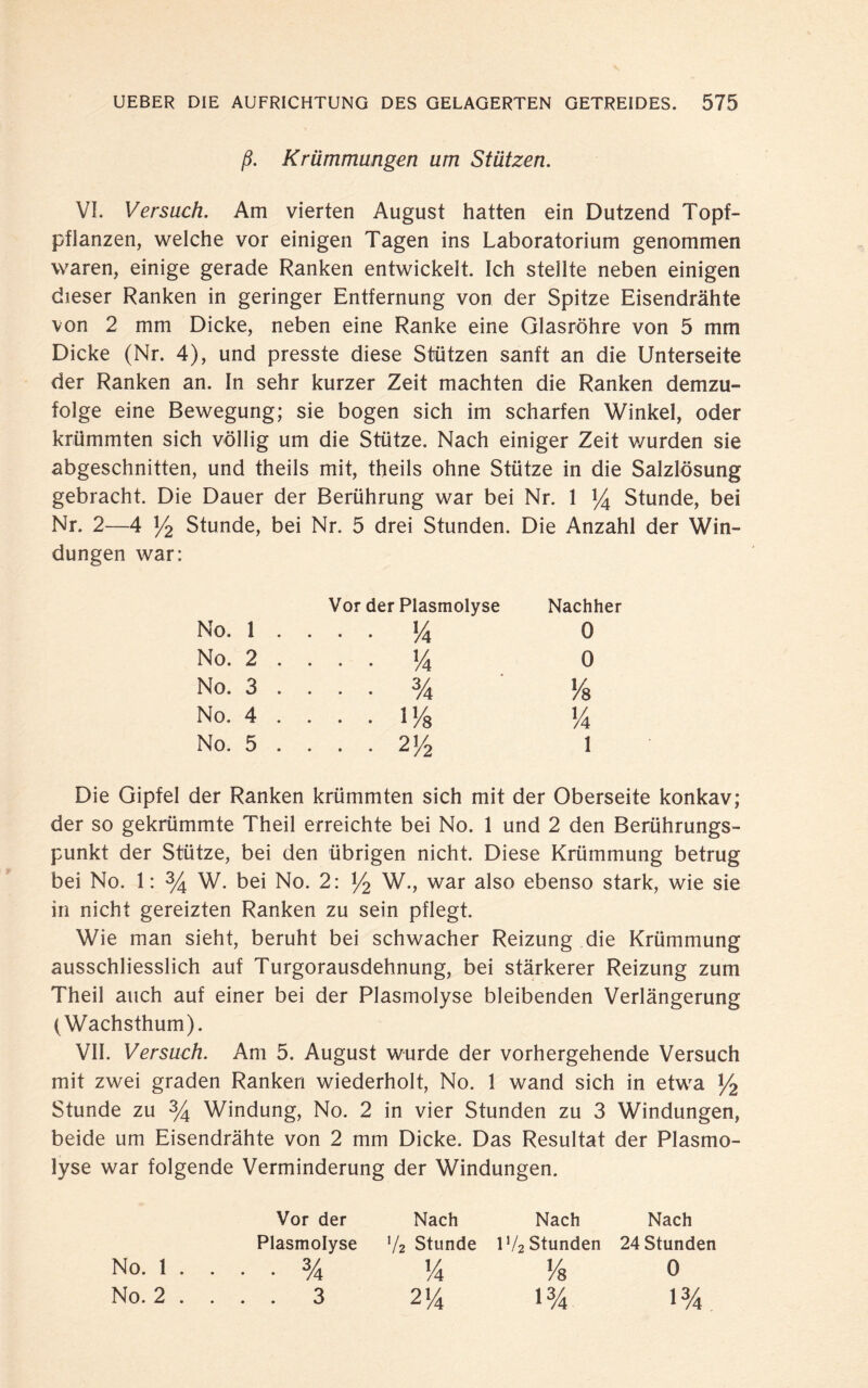 ß. Krümmungen um Stützen. VI. Versuch. Am vierten August hatten ein Dutzend Topf¬ pflanzen, welche vor einigen Tagen ins Laboratorium genommen waren, einige gerade Ranken entwickelt. Ich stellte neben einigen dieser Ranken in geringer Entfernung von der Spitze Eisendrähte von 2 mm Dicke, neben eine Ranke eine Glasröhre von 5 mm Dicke (Nr. 4), und presste diese Stützen sanft an die Unterseite der Ranken an. In sehr kurzer Zeit machten die Ranken demzu¬ folge eine Bewegung; sie bogen sich im scharfen Winkel, oder krümmten sich völlig um die Stütze. Nach einiger Zeit wurden sie abgeschnitten, und theils mit, theils ohne Stütze in die Salzlösung gebracht. Die Dauer der Berührung war bei Nr. 1 y4 Stunde, bei Nr. 2—4 ]/2 Stunde, bei Nr. 5 drei Stunden. Die Anzahl der Win¬ dungen war: No. 1 No. 2 No. 3 No. 4 No. 5 Vor der Plasmolyse Nachher • • '4 0 ■ ■ y4 o • • % '/8 • • l’/s % • • 21/2 1 Die Gipfel der Ranken krümmten sich mit der Oberseite konkav; der so gekrümmte Theil erreichte bei No. 1 und 2 den Berührungs¬ punkt der Stütze, bei den übrigen nicht. Diese Krümmung betrug bei No. 1: % W. bei No. 2: y2 W., war also ebenso stark, wie sie in nicht gereizten Ranken zu sein pflegt. Wie man sieht, beruht bei schwacher Reizung die Krümmung ausschliesslich auf Turgorausdehnung, bei stärkerer Reizung zum Theil auch auf einer bei der Plasmolyse bleibenden Verlängerung (Wachsthum). VII. Versuch. Am 5. August wurde der vorhergehende Versuch mit zwei graden Ranken wiederholt, No. 1 wand sich in etwa y2 Stunde zu % Windung, No. 2 in vier Stunden zu 3 Windungen, beide um Eisendrähte von 2 mm Dicke. Das Resultat der Plasmo¬ lyse war folgende Verminderung der Windungen. Vor der Nach Nach Nach Plasmolyse V2 Stunde P/2 Stunden 24 Stunden No. 1 .... 34 14 l/8 0 No. 2 ... . 3 2y4 \y4 \y4