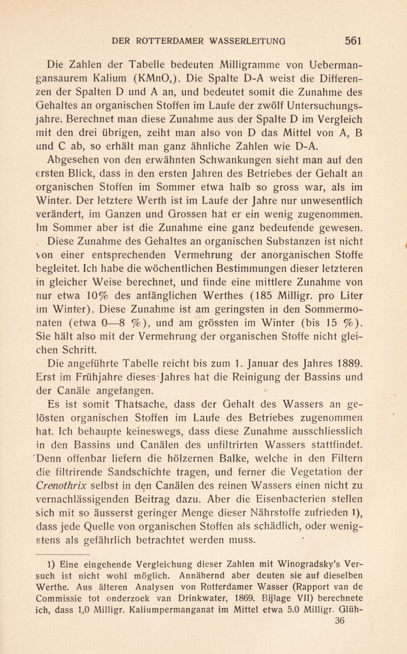 Die Zahlen der Tabelle bedeuten Milligramme von Ueberman- gansaurem Kalium (KMn04). Die Spalte D-A weist die Differen¬ zen der Spalten D und A an, und bedeutet somit die Zunahme des Gehaltes an organischen Stoffen im Laufe der zwölf Untersuchungs¬ jahre. Berechnet man diese Zunahme aus der Spalte D im Vergleich mit den drei übrigen, zeiht man also von D das Mittel von A, B und C ab, so erhält man ganz ähnliche Zahlen wie D-A. Abgesehen von den erwähnten Schwankungen sieht man auf den ersten Blick, dass in den ersten Jahren des Betriebes der Gehalt an organischen Stoffen im Sommer etwa halb so gross war, als im Winter. Der letztere Werth ist im Laufe der Jahre nur unwesentlich verändert, im Ganzen und Grossen hat er ein wenig zugenommen. Im Sommer aber ist die Zunahme eine ganz bedeutende gewesen. Diese Zunahme des Gehaltes an organischen Substanzen ist nicht von einer entsprechenden Vermehrung der anorganischen Stoffe begleitet. Ich habe die wöchentlichen Bestimmungen dieser letzteren in gleicher Weise berechnet, und finde eine mittlere Zunahme von nur etwa 10% des anfänglichen Werthes (185 Milligr. pro Liter im Winter). Diese Zunahme ist am geringsten in den Sommermo¬ naten (etwa 0—8 %), und am grössten im Winter (bis 15 %). Sie hält also mit der Vermehrung der organischen Stoffe nicht glei¬ chen Schritt. Die angeführte Tabelle reicht bis zum 1. Januar des Jahres 1889. Erst im Frühjahre dieses Jahres hat die Reinigung der Bassins und der Canäle angefangen. Es ist somit Thatsache, dass der Gehalt des Wassers an ge¬ lösten organischen Stoffen im Laufe des Betriebes zugenommen hat. Ich behaupte keineswegs, dass diese Zunahme ausschliesslich in den Bassins und Canälen des unfiltrirten Wassers stattfindet. Denn offenbar liefern die hölzernen Balke, welche in den Filtern die filtrirende Sandschichte tragen, und ferner die Vegetation der Crmothrix selbst in den Canälen des reinen Wassers einen nicht zu * vernachlässigenden Beitrag dazu. Aber die Eisenbacterien stellen sich mit so äusserst geringer Menge dieser Nährstoffe zufrieden l)r dass jede Quelle von organischen Stoffen als schädlich, oder wenig¬ stens als gefährlich betrachtet werden muss. 1) Eine eingehende Vergleichung dieser Zahlen mit Winogradsky’s Ver¬ such ist nicht wohl möglich. Annähernd aber deuten sie auf dieselben Werthe. Aus älteren Analysen von Rotterdamer Wasser (Rapport van de Commissie tot onderzoek van Drinkwater, 1869. Bijlage VII) berechnete ich, dass 1,0 Milligr. Kaliumpermanganat im Mittel etwa 5.0 Milligr. Glüh- 36