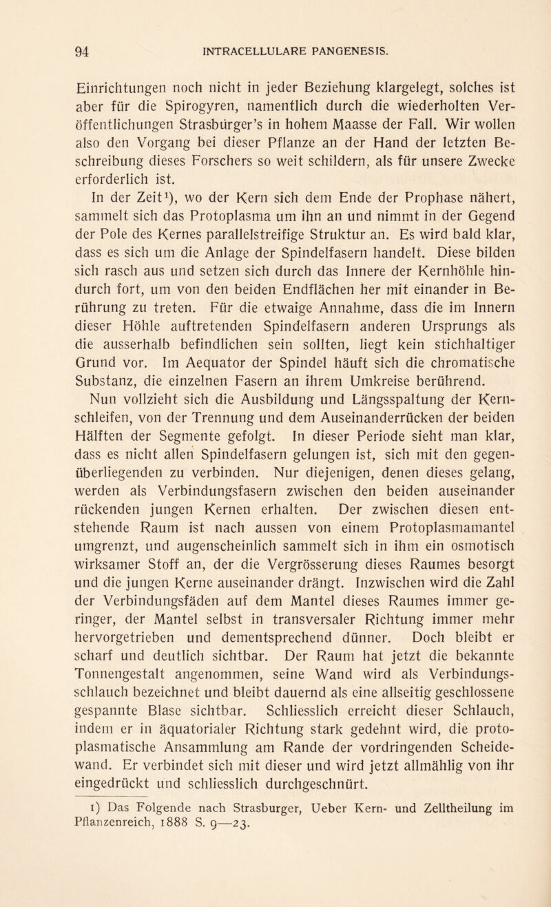 Einrichtungen noch nicht in jeder Beziehung klargeiegt, solches ist aber für die Spirogyren, namentlich durch die wiederholten Ver¬ öffentlichungen Strasbürger’s in hohem Maasse der Fall. Wir wollen also den Vorgang bei dieser Pflanze an der Hand der letzten Be¬ schreibung dieses Forschers so weit schildern, als für unsere Zwecke erforderlich ist. In der Zeit1), wo der Kern sich dem Ende der Prophase nähert, sammelt sich das Protoplasma um ihn an und nimmt in der Gegend der Pole des Kernes parallelstreifige Struktur an. Es wird bald klar, dass es sich um die Anlage der Spindelfasern handelt. Diese bilden sich rasch aus und setzen sich durch das Innere der Kernhöhle hin¬ durch fort, um von den beiden Endflächen her mit einander in Be¬ rührung zu treten. Für die etwaige Annahme, dass die im Innern dieser Höhle auftretenden Spindelfasern anderen Ursprungs als die ausserhalb befindlichen sein sollten, liegt kein stichhaltiger Grund vor. Im Aequator der Spindel häuft sich die chromatische Substanz, die einzelnen Fasern an ihrem Umkreise berührend. Nun vollzieht sich die Ausbildung und Längsspaltung der Kern¬ schleifen, von der Trennung und dem Auseinanderrücken der beiden Hälften der Segmente gefolgt. In dieser Periode sieht man klar, dass es nicht allen Spindelfasern gelungen ist, sich mit den gegen¬ überliegenden zu verbinden. Nur diejenigen, denen dieses gelang, werden als Verbindungsfasern zwischen den beiden auseinander rückenden jungen Kernen erhalten. Der zwischen diesen ent¬ stehende Raum ist nach aussen von einem Protoplasmamantel umgrenzt, und augenscheinlich sammelt sich in ihm ein osmotisch wirksamer Stoff an, der die Vergrösserung dieses Raumes besorgt und die jungen Kerne auseinander drängt. Inzwischen wird die Zahl der Verbindungsfäden auf dem Mantel dieses Raumes immer ge¬ ringer, der Mantel selbst in transversaler Richtung immer mehr hervorgetrieben und dementsprechend dünner. Doch bleibt er scharf und deutlich sichtbar. Der Raum hat jetzt die bekannte Tonnengestalt angenommen, seine Wand wird als Verbindungs¬ schlauch bezeichnet und bleibt dauernd als eine allseitig geschlossene gespannte Blase sichtbar. Schliesslich erreicht dieser Schlauch, indem er in äquatorialer Richtung stark gedehnt wird, die proto¬ plasmatische Ansammlung am Rande der vordringenden Scheide¬ wand. Er verbindet sich mit dieser und wird jetzt allmählig von ihr eingedrückt und schliesslich durchgeschnürt. i) Das Folgende nach Strasburger, Ueber Kern- und Zelltheilung im Pflanzenreich, 1888 S. 9—23.