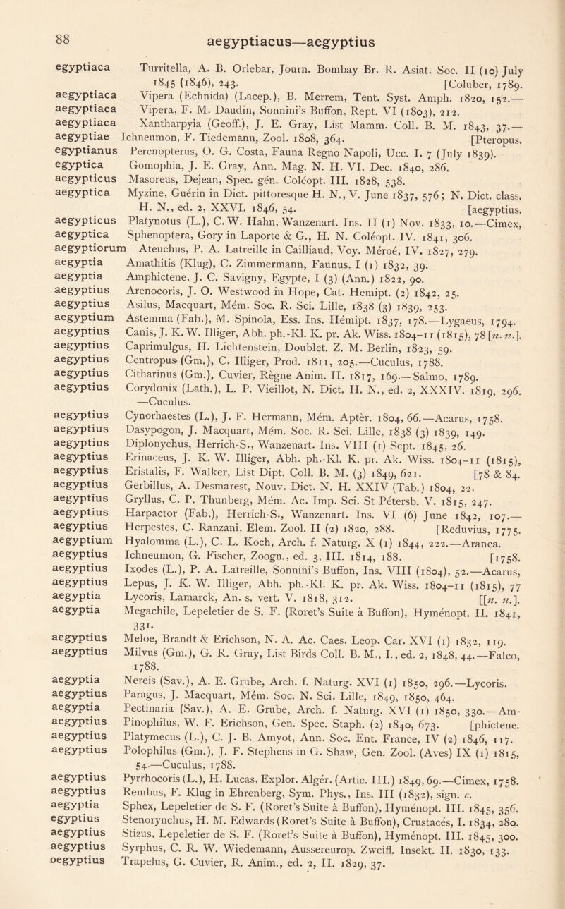 aegyptiacus—aegyptius egyptiaca aegyptiaca aegyptiaca acgyptiaca acgyptiae egyptianus egyptica acgypticus acgyptica Turritella, A. B. Orlebar, Journ. Bombay Br. R. Asiat. Soc. II (10) July i845 (1846), 243. [Coluber, 1789. Vipera (Echnida) (Lacep.), B. Merrem, Tent. Syst. Amph. 1820, 152.— Vipera, F. M. Daudin, Sonnini’s Buffon, Rept. VI (1803), 2I2- Xantharpyia (Geoff.), J. E. Gray, List Mamm. Coll. B. M. 1843, 37.— Ichneumon, F. Tiedemann, Zool. 1808, 364. [Pteropus. Percnopterus, O. G. Costa, Fauna Regno Napoli, Ucc. I. 7 (July 1839). Gomophia, J. E. Gray, Ann. Mag. N. H. VI. Dec. 1840, 286. Masoreus, Dejean, Spec. gen. Coleopt. III. 1828, 538. Myzine, Guerin in Diet, pittoresque H. N., V. June 1837, 576; N. Diet, class. H. N., ed. 2, XXVI. 1846, 54. [aegyptius. aegypticus Platynotus (L.), C. W. Hahn, Wanzenart. Ins. II (r) Nov. 1833, 10.—Cimex, aegyptica Sphenoptera, Gory in Laporte & G., H. N. Coleopt. IV. 1841, 306. aegyptiorum Ateuchus, P. A. Latreille in Cailliaud, Voy. Meroe, IV. 1827,'279. aegyptia Amathitis (Klug), C. Zimmermann, Faunus, I (i) 1832, 39. Amphictene, J. C. Savigny, Egypte, I (3) (Ann.) 1822, 90. Arenocoris, J. O. Westwood in Hope, Cat. Hemipt. (2) 1842, 25. Asilus, Macquart, Mem. Soc. R. Sci. Lille, 1838 (3) 1839, 253. Astemma (Fab.), M. Spinola, Ess. Ins. Hemipt. 1837, H8-—Lygaeus, 1794. Canis, J. K. W. Illiger, Abh. ph.-Kl. K. pr. Ak. Wiss. 1804-11 (1815), 78 [n.n.\ Caprimulgus, H. Lichtenstein, Doublet. Z. M. Berlin, 1823, 59. Centropus* (Gm,), C. Illiger, Prod. 1811, 205.—Cuculus, 1788. Citharinus (Gm.), Cuvier, Regne Anim. II. 1817, 169.— Salmo, 1789. Corydonix (Lath.), L. P. Vieillot, N. Diet. H. N., ed. 2, XXXIV. 1819, 29^- —Cuculus. Cynorhaestes (L.), J. F. Hermann, Mem. Apter. 1804, 66.—Acarus, 1758. Dasypogon, J. Macquart, Mem. Soc. R. Sci. Lille, 1838 (3) 1839, 149. Diplonychus, Herrich-S., Wanzenart. Ins. VIII (r) Sept. 1845, 26. Erinaceus, J. K. W. Illiger, Abh. ph.-Kl. K. pr. Ak. Wiss. 1804-11 (1815), Eristalis, F. Walker, List Dipt, Coll. B. M. (3) 1849, 621- [78 & 84. Gerbillus, A. Desmarest, Nouv. Diet. N. H. XXIV (Tab.) 1804, 22. Gryllus, C. P. Thunberg, Mem. Ac. Imp. Sci. St Petersb. V. 1815, 247. Harpactor (Fab.), Herrich-S., Wanzenart. Ins. VI (6) June 1842, 107.— Llerpestes, C. Ranzani, Elem. Zool. II (2) 1820, 288. [Reduvius, 1775. Hyalomma (L.), C. L. Koch, Arch. f. Naturg. X (1) 1844, 222.—Aranea. Ichneumon, G. Fischer, Zoogn., ed. 3, III. 1814, 188. [x758. Ixodes (L.), P. A. Latreille, Sonnini’s Buffon, Ins. VIII (1804), 52.—Acarus, Lepus, J. K. W. Illiger, Abh. ph.-Kl. K. pr. Ak. Wiss. 1804-11 (1815), 77 Lycoris, Lamarck, An. s. vert. V. 1818, 312. [[n. n.\ Megachile, Lepeletier de S. F. (Roret’s Suite a Buffon), Hymenopt. II. 1841, 33i- aegyptia aegyptius aegyptius aegyptium aegyptius aegyptius aegyptius aegyptius aegyptius aegyptius aegyptius aegyptius aegyptius aegyptius aegyptius aegyptius aegyptius aegyptius aegyptium aegyptius aegyptius aegyptius aegyptia aegyptia aegyptius aegyptius aegyptia aegyptius aegyptia aegyptius aegyptius aegyptius aegyptius aegyptius aegyptia egyptius aegyptius aegyptius oegyptius Meloe, Brandt & Erichson, N. A. Ac. Caes. Leop. Car. XVI (1) 1832, 119. Milvus (Gm.), G. R. Gray, List Birds Coll. B. M., I., ed. 2, 1848, 44.—Falco, 1788. Nereis (Sav.), A. E. Grube, Arch. f. Naturg. XVI (1) 1850, 296.—Lycoris. Paragus, J. Macquart, Mem. Soc. N. Sci. Lille, 1849, r85°> 464. Pectinaria (Sav.), A. E. Grube, Arch. f. Naturg. XVI (1) 1850, 330.—Am- Pinophilus, W. F. Erichson, Gen. Spec. Staph. (2) 1840, 673. [phictene. Platymecus (L.), C. J. B. Amyot, Ann. Soc. Ent. France, IV (2) 1846, 117. Polophilus (Gm.), J. F. Stephens in G. Shaw, Gen. Zool. (Aves) IX (1) 1815, 54-—Cuculus, 1788. Pyrrhocoris (L.), H. Lucas, Explor. Alger. (Artie. III.) 1849, 69.—Cimex, 1758. Rembus, F. Klug in Ehrenberg, Sym. Phys., Ins. Ill (1832), sign. e. Sphex, Lepeletier de S. F. (Roret’s Suite a Buffon), Hymenopt. III. 1845, 356. Stenorynchus, H. M. Edwards (Roret’s Suite a Buffon), Crustaces, I. 1834, 280. Stizus, Lepeletier de S. F. (Roret’s Suite a Buffon), Hymenopt. III. 1845, 300, Syrphus, C. R. W. Wiedemann, Aussereurop. Zweifl. Insekt. II. 1830, 133. Trapelus, G. Cuvier, R. Anim., ed. 2, II. 1829, 37.