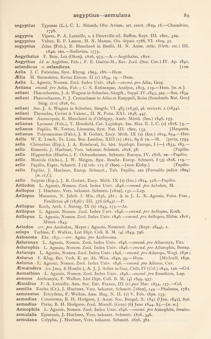 acgyptius Typanus (L.), C. L. Nitzsch, Obs. Avium, art. carot. 1829, 18.—Charadrius, 1758. acgyptia Vipera, P. A. Latreille, s. a Deterville ed. Bufifon, Rept. III. 1801, 320. acgyptius Vultur, R. P. Lesson, H. N. Mamra. Ois. depuis 1788, VI. 1829, 32. acgyptius Zelus (Fab.), E. Blanchard in Brulle, H. N. Anim. artic. (Orth, etc.) III. 1840, 102.—Reduvius, 1775. Aegythalus F. Boie, Isis (Oken), 1826, 975.—A.—Aegithalus, 1822. Aegythus id. ac Aegithus, Fab.; F. E. Guerin-M., Rev. Zool. (Soc. Cuv.) IV. Ap. 1841, aelandicus v. oelandicus. [120. Aelia J. C. Fabricius, Syst. Rhyng. 1803, 188.—Hem. ZElia H. Burmeister, Revue Entom. II (1) 1834, 19.—Hem. Aelia L. Agassiz, Nomen. Zool. Index Univ. 1846.—emend, pro Ailia, Gray. Aeliana emend, pro Aelia, Fab.; C. S. Rafinesque, Analyse, 1815, 119. — Hem. [n. ,n.\. aeliani Phacochoerus, J. A. Wagner in Schreber, Saugth., Suppl. IV. 1843, 305.—Sus, 1834: aeliani Phascochaeres, P. J. Cretzschmar in Atlas zu Rueppell, Reise (Senckenb. Nat. Ges.) Saug. (n) 1828, 6r. aeliani Sus, J. A. Wagner in Schreber, Saugth. VI. 483 (1835), pi. cccxxvi. A (1834). aeliani Thymalus, Cuvier & Valenc., H. N. Poiss. XXI. 1848, 447. aelianus Anomiopsis, E. Blanchard in d’Orbigny, Amer. Merid. (Ins.) 1846, 155. aelianus Lycaena (Fab.), T. Horsfield, Cat. Lepidopt. Ins. Mus. E. I. C. (r) 1828, 73.— aelianus Papilio, W. Turton, Linnaeus, Syst. Nat. III. 1802, 133. [Hesperia, aelianus Polyommatus (Fab.), J. B. Godart, Ency. Meth. IX (2) (Ins.) 1824, 654.—Hes- Aello W. E. Leach, Tr. Linn. Soc. London, XIII (1) 1821, 69 & 70.—M. [peria, 1793. aello Chionobas (Esp.), J. A. Boisduval, Ic. hist, lepidopt. Europe, I (—) 1833, 183.— aello Eumenis, J. Huebner, Verz. bekannt. Schmett. 1818, 58. [Papilio. aello Hipparchia (Huebn.), F. Ochsenheimer, Schmett. Europa, IV. 1816, 20.—Papilio. aello Maniola (Ochs.), J. W. Meigen, Syst. Beschr. Europ. Schmett. I (3) 1828, 119.— aello Papilio, Esper, Schmett. I (2) tab. 115 (? 1800).—[teste Kirby.] [Papilio. aello Papilio, J. Huebner, Europ. Schmett., Tab. Papilio, 102 (Fernaldo judice 1804) [n. et f.\ aello Satyrus (Esp.), J. B. Godart, Ency. Meth. IX (2) (Ins.) 1824, 518.—Papilio. Aellodon L. Agassiz, Nomen. Zool. Index Univ. 1846.—emend, pro Aelodon, M. Aellopos J. Huebner, Verz. bekannt. Schmett. [1820], 131.—Lep. Aellopos Muenster, N. Jahrb. f. Min. 1836, 581; & in J. L. R. Agassiz, Poiss. Foss., Feuilleton 98 (1836); III. 376 (1843).—P. Aellopus Koch, Arch. f. Naturg. IX (2) 1843, 2 75-—Ar. Aellopus L. Agassiz, Nomen. Zool. Index Univ. 1846.—emend, pro Aellopus, Koch. Aellopus L. Agassiz, Nomen. Zool. Index Univ. 1846.—emend, pro Aellopos, Hiibn. 1816 ; Miinst. 1843. Aelodon <?rr. pro Aeolodon, Meyer ; Agassiz, Nomencl. Zool. (Rept. 1844), 2. aelops Tachina, F. Walker, List Dipt. Coll. B. M. (4) 1849, 79^- Aelosoma Ehr. 1831.—err. Agass. pro Aeolosoma. Aeluronyx L. Agassiz, Nomen. Zool. Index Univ. 1846.—emend, pro Ailuronyx, Fitz. Aelurophis L. Agassiz, Nomen. Zool. Index Univ. 1846.—emend, pro Ailurophis, Bonap. Aelurops L. Agassiz, Nomen. Zool. Index Univ. 1846.—emend, pro Ailurops, Wagl. 1830 ; Aelurus F. Klug, Ber. Verh. K. pr. Ale. Wiss. 1840, 39.—Hym. [Michaell, 1830. Aelurus L. Agassiz, Nomen. Zool. Index Univ. 1846.—emend, pro Ailurus, Cuv. zEmalodera (ex Jacq. & Hombr.), A. J. J. Solier in Gay, Chili, IV(Col.) 1849, 150.—Col. Aemathion L. Agassiz, Nomen. Zool. Index Univ. 1846.—emend, pro Emathion, Lap. aemene Anthomyia, F. Walker, List Dipt. Coll. B. M. (4) 1849, 937* iEmidius P. A. Latreille, Ann. Soc. Ent. France, III (r) post Mar. 1834, 157.—Col. aemilia Euclea (Cr.), J. Huebner, Verz. bekannt. Schmett. [1820], 149.—Phalaena, 1782. aemnestus Ericydnus, F. Walker, Ann. Mag. N. H. (2) V. Feb. 1850, 133. aemodius Conostoma, B. H. Hodgson, J. Asiat. Soc. Bengal, X. 1841 (?Jan. 1842), 856. aemodius Parus, B. H. Hodgson, Zool. Miscell. (Gray) (6) June 1844, 83.—[n. n.\ Aemophila L. Agassiz, Nomen. Zool. Index Univ. 1846.—emend, pro Aimophila, Swains, aemulalis Epizeuxis, J. Huebner, Verz. bekannt. Schmett. 1826, 346. aemulana Celypha, J. Huebner, Verz. bekannt. Schmett. 1826, 382.