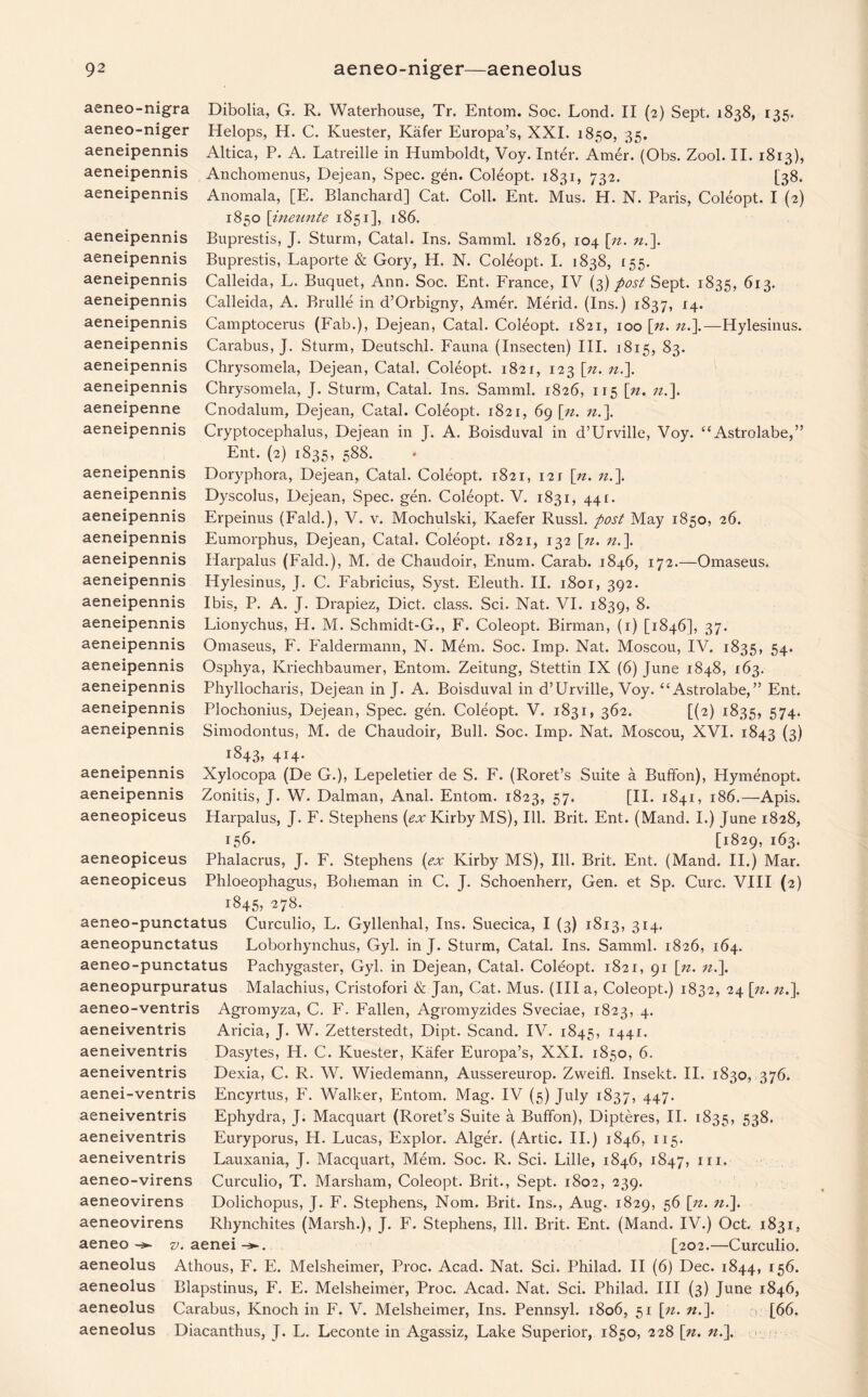 aeneo-mgra aeneo-niger aeneipennis aeneipennis aeneipennis Dibolia, G. R. Waterhouse, Tr. Entom. Soc. Lond. II (2) Sept. 1838, 135. Helops, H. C. Kuester, Kafer Europa’s, XXL 1850, 35. Altica, P. A. Latreille in Humboldt, Voy. Inter. Amer. (Obs. Zool. II. 1813), Anchomenus, Dejean, Spec. gen. Coleopt. 1831, 732. [38. Anomala, [E. Blanchard] Cat. Coll. Ent. Mus. H. N. Paris, Coleopt. I (2) 1850 [;ineunte 1851], 186. Buprestis, J. Sturm, Catal. Ins. Samml. 1826, 104 [n. n.]. Buprestis, Laporte & Gory, H. N. Coleopt. I. 1838, 155. Calleida, L. Buquet, Ann. Soc. Ent. France, IV (3) post Sept. 1835, 613. Calleida, A. Brulle in d’Orbigny, Amer. Merid. (Ins.) 1837, 14. Camptocerus (Fab.), Dejean, Catal. Coleopt. 1821, 100 [n. n.\—Hylesinus. Carabus, J. Sturm, Deutschl. Fauna (Insecten) III. 1815, 83. Chrysomela, Dejean, Catal. Coleopt. 1821, 123 [zz. n.\ Chrysomela, J. Sturm, Catal. Ins. Samml. 1826, 115 [n. n.\ Cnodalum, Dejean, Catal. Coleopt. 1821, 69 [n. n.]. Cryptocephalus, Dejean in J. A. Boisduval in d’Urville, Voy. “Astrolabe,” Ent. (2) 1835, 588. Doryphora, Dejean, Catal. Coleopt. 1821, 121 [n. n.\. Dyscolus, Dejean, Spec. gen. Coleopt. V. 1831, 441. Erpeinus (Fald.), V. v. Mochulski, Kaefer Russl. post May 1850, 26. Eumorphus, Dejean, Catal. Coleopt. 1821, 132 [n. n.\ Harpalus (Fald.), M. de Chaudoir, Enum. Carab. 1846, 172.—Omaseus. Hylesinus, J. C. Fabricius, Syst. Eleuth. II. 1801, 392. Ibis, P. A. J. Drapiez, Diet, class. Sci. Nat. VI. 1839, 8. Lionychus, H. M. Schmidt-G., F. Coleopt. Birman, (1) [1846], 37. Omaseus, F. Faldermann, N. Mem. Soc. Imp. Nat. Moscou, IV. 1835, 54. Osphya, Kriechbaumer, Entom. Zeitung, Stettin IX (6) June 1848, 163. Phyllocharis, Dejean in J. A. Boisduval in d’Urville, Voy. “Astrolabe,” Ent. Plochonius, Dejean, Spec. gen. Coleopt. V. 1831, 362. [(2) 1835, 574* Simodontus, M. de Chaudoir, Bull. Soc. Imp. Nat. Moscou, XVI. 1843 (3) r843, 414. Xylocopa (De G.), Lepeletier de S. F. (Roret’s Suite a Buffon), Hymenopt. Zonitis, J. W. Dalman, Anal. Entom. 1823, 57. [II. 1841, 186.—Apis. Harpalus, J. F. Stephens (ex Kirby MS), Ill. Brit. Ent. (Mand. I.) June 1828, 156. [1829, 163. Phalacrus, J. F. Stephens (ex Kirby MS), Ill. Brit. Ent. (Mand. II.) Mar. Phloeophagus, Boheman in C. J. Schoenherr, Gen. et Sp. Cure. VIII (2) 1845, 278. aeneo-punctatus Curculio, L. Gyllenhal, Ins. Suecica, I (3) 1813, 314. aeneopunctatus Loborhynchus, Gyl. in J. Sturm, Catal. Ins. Samml. 1826, 164. aeneo-punctatus Pachygaster, Gyl. in Dejean, Catal. Coleopt. 1821, 91 [n. n.~\. aeneopurpuratus Malachius, Cristofori & Jan, Cat. Mus. (Ill a, Coleopt.) 1832, 24 \n. n.\ aeneo-ventris Agromyza, C. F. Fallen, Agromyzides Sveciae, 1823, 4. Ai'icia, J. W. Zetterstedt, Dipt. Scand. IV. 1845, 1441. Dasytes, H. C. Kuester, Kafer Europa’s, XXI. 1850, 6. Dexia, C. R. W. Wiedemann, Aussereurop. Zweifl. Insekt. II. 1830, 376. Encyrtus, F. Walker, Entom. Mag. IV (5) July 1837, 447. Ephydra, J. Macquart (Roret’s Suite a Buffon), Dipteres, II. 1835, 538. Euryporus, H. Lucas, Explor. Alger. (Artie. II.) 1846, 115. Lauxania, J. Macquart, Mem. Soc. R. Sci. Lille, 1846, 1847, m* Curculio, T. Marsham, Coleopt. Brit., Sept. 1802, 239. Dolichopus, J. F. Stephens, Nom. Brit. Ins., Aug. 1829, 56 [zz. n.]. Rhynchites (Marsh.), J. F. Stephens, Ill. Brit. Ent. (Mand. IV.) Oct. 1831, v. aenei-*-. [202.—Curculio. Athous, F. E. Melsheimer, Proc. Acad. Nat. Sci. Philad. II (6) Dec. 1844, 156. Blapstinus, F. E. Melsheimer, Proc. Acad. Nat. Sci. Philad. Ill (3) June 1846, Carabus, Knoch in F. V. Melsheimer, Ins. Pennsyl. 1806, 51 [n. n.\ [66. Diacanthus, J. L. Leconte in Agassiz, Lake Superior, 1850, 228 [n. n.\ aeneipennis aeneipennis aeneipennis aeneipennis aeneipennis aeneipennis aeneipennis aeneipennis aeneipenne aeneipennis aeneipennis aeneipennis aeneipennis aeneipennis aeneipennis aeneipennis aeneipennis aeneipennis aeneipennis aeneipennis aeneipennis aeneipennis aeneipennis aeneipennis aeneipennis aeneopiceus aeneopiceus aeneopiceus aeneiventris aeneiventris aeneiventris aenei-ventris aeneiventris aeneiventris aeneiventris aeneo-virens aeneovirens aeneovirens aeneo -r>- aeneolus aeneolus aeneolus aeneolus