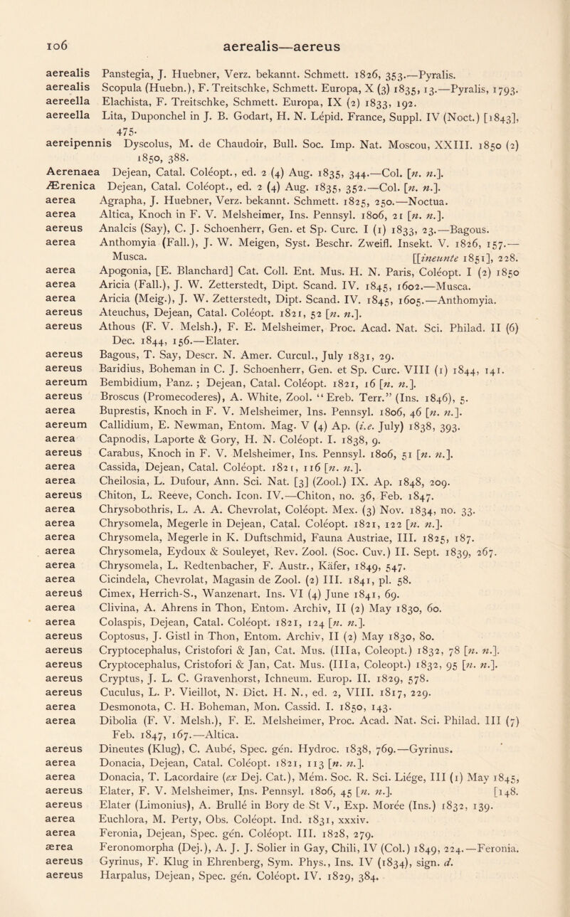 aerealis Panstegia, J. Pluebner, Verz. bekannt. Schmett. 1826, 353.—Pyralis. aerealis Scopula (Huebn.), F. Treitschke, Schmett. Europa, X (3) 1835, 13.—Pyralis, 1793. aereella Elachista, F. Treitschke, Schmett. Europa, IX (2) 1833, 192- aereella Lita, Duponchel in J. B. Godart, H. N. Lepid. France, Suppl. IV (Noct.) [1843], 475- aereipennis Dyscolus, M. de Chaudoir, Bull. Soc. Imp. Nat. Moscou, XXIII. 1850 (2) 1850, 388. Aerenaea Dejean, Catal. Coleopt., ed. 2 (4) Aug. 1835, 344.—Col. \n. n.]. ZErenica Dejean, Catal. Coleopt., ed. 2 (4) Aug. 1835, 352.—Col. [n. n.\ aerea Agrapha, J. Huebner, Verz. bekannt. Schmett. 1825, 250.—Noctua. aerea Altica, Knoch in F. V. Melsheimer, Ins. Pennsyl. 1806, 2r [n. n.\ aereus Analcis (Say), C. J. Schoenherr, Gen. et Sp. Cure. I (1) 1833, 23.—Bagous. aerea Anthomyia (Fall.), J. W. Meigen, Syst. Beschr. Zweifl. Insekt. V. 1826, 157.— Musca. [[zneunte 1851], 228. aerea Apogonia, [E. Blanchard] Cat. Coll. Ent. Mus. H. N. Paris, Coleopt. I (2) 1850 aerea Aricia (Fall.), J. W. Zetterstedt, Dipt. Scand. IV. 1845, 1602.—Musca. aerea Aricia (Meig.), J. W. Zetterstedt, Dipt. Scand. IV. 1845, 1605.—Anthomyia. aereus Ateuchus, Dejean, Catal. Coleopt. 1821, 52 \n. n.\ aereus Athous (F. V. Melsh.), F. E. Melsheimer, Proc. Acad. Nat. Sci. Philad. II (6) Dec. 1844, 156.—Elater. aereus Bagous, T. Say, Descr. N. Amer. Curcul., July 1831, 29. aereus Baridius, Boheman in C. J. Schoenherr, Gen. et Sp. Cure. VIII (1) 1844, 141. aereum Bembidium, Panz. ; Dejean, Catal. Coleopt. 1821, 16 \n. #.]. aereus Broscus (Promecoderes), A. White, Zool. “ Ereb. Terr.” (Ins. 1846), 5. aerea Buprestis, Knoch in F. V. Melsheimer, Ins. Pennsyl. 1806, 46 [n. n.]. aereum Callidium, E. Newman, Entom. Mag. V (4) Ap. (i.e. July) 1838, 393. aerea Capnodis, Laporte & Gory, H. N. Coleopt. I. 1838, 9. aereus Carabus, Knoch in F. V. Melsheimer, Ins. Pennsyl. 1806, 51 \n. ».]. aerea Cassida, Dejean, Catal. Coleopt. 182 r, 116 \ji. n.\ aerea Cheilosia, L. Dufour, Ann. Sci. Nat. [3] (Zool.) IX. Ap. 1848, 209. aereus Chiton, L. Reeve, Conch. Icon. IV.—Chiton, no. 36, Feb. 1847. aerea Chrysobothris, L. A. A. Chevrolat, Coleopt. Mex. (3) Nov. 1834, no. 33. aerea Chrysomela, Megerle in Dejean, Catal. Coleopt. 1821, 122 [«. n.]. aerea Chrysomela, Megerle in K. Duftschmid, Fauna Austriae, III. 1825, 187. aerea Chrysomela, Eydoux & Souleyet, Rev. Zool. (Soc. Cuv.) II. Sept. 1839, 2^7- aerea Chrysomela, L. Redtenbacher, F. Austr., Kafer, 1849, 547* aerea Cicindela, Chevrolat, Magasin de Zool. (2) III. 1841, pi. 58. aereuS Cimex, Herrich-S., Wanzenart. Ins. VI (4) June 1841, 69. aerea Clivina, A. Ahrens in Thon, Entom. Archiv, II (2) May 1830, 60. aerea Colaspis, Dejean, Catal. Coleopt. 1821, 124 \n. n.\ aereus Coptosus, J. Gistl in Thon, Entom. Archiv, II (2) May 1830, 80. aereus Cryptocephalus, Cristofori & Jan, Cat. Mus. (Ilia, Coleopt.) 1832, 78 [n. n.\ aereus Cryptocephalus, Cristofori & Jan, Cat. Mus. (Ilia, Coleopt.) 1832, 95 \n. n.\ aereus Cryptus, J. L. C. Gravenhorst, Ichneum. Europ. II. 1829, 578. aereus Cuculus, L. P. Vieillot, N. Diet. H. N., ed. 2, VIII. 1817, 229. aerea Desmonota, C. H. Boheman, Mon. Cassid. I. 1850, 143. aerea Dibolia (F. V. Melsh.), F. E. Melsheimer, Proc. Acad. Nat. Sci. Philad. Ill (7) Feb. 1847, 167.—Altica. aereus Dineutes (Klug), C. Aube, Spec. gen. Hydroc. 1838, 769.—Gyrinus. aerea Donacia, Dejean, Catal. Coleopt. 1821, 113 \n. n.\ aerea Donacia, T. Lacordaire {ex Dej. Cat.), Mem. Soc. R. Sci. Liege, III (1) May 1845, aereus Elater, F. V. Melsheimer, Ins. Pennsyl. 1806, 45 [n. n.\ [148. aereus Elater (Limonius), A. Brulle in Bory de St V., Exp. Moree (Ins.) 1832, 139. aerea Euchlora, M. Perty, Obs. Coleopt. Ind. 1831, xxxiv. aerea Feronia, Dejean, Spec. gen. Coleopt. III. 1828, 279. aerea Feronomorpha (Dej.), A. J. J. Sober in Gay, Chili, IV (Col.) 1849, 224.—Feronia. aereus Gyrinus, F. Klug in Ehrenberg, Sym. Phys., Ins. IV (1834), sign. d. aereus Harpalus, Dejean, Spec. gen. Coleopt. IV. 1829, 384.