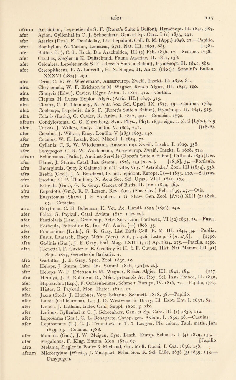 afrum Anthidium, Lepeletier de S. F. (Roret’s Suite a Buffon), Hymenopt. II. 1841, 387. afer Apion, Gyllenhal in C. J. Schoenherr, Gen. et Sp. Cure. I (r) 1833, 291. afer Aterica (Dru.), E. Doubleday, List Lepidopt. Coll. B. M. (App.) 1848, 27. Papilio, afer Bombylius, W. Turton, Linnaeus, Syst. Nat. III. 1802, 685. [1782. afer Buthus (L.), C. L. Koch, Die Arachniden, III (2) Feb. T836, 17.—Scorpio, 1758. afer Carabus, Ziegler in K. Duftschmid, Fauna Austriae, II. 1812, 138. afer Celonites, Lepeletier de S. F. (Roret’s Suite a Buffon), Hymenopt. II. 1841, 5^5* afer Cercopithecus, P. A. Latreille, H. N. Singes, II, An ix (1801) ; Sonnini’s Buffon, XXXVI (1804), 290. afra Ceria, C. R. W. Wiedemann, Aussereurop. Zweifl. Insekt. II. 1830, 8r. afra Chrysomela, W. F. Erichson in M. Wagner, Reisen Algier, III. 1841, 190. afra Cinnyris (Edw.), Cuvier, Regne Anim. I. 1817, 412.—Certhia. afra Cleptes, H. Lucas, Explor. Alger. (Artie. III.) 1849, 3X5- afra Clivina, C. P. Thunberg, N. Acta Soc. Sci. Upsal. IX. 1827, 29.—Carabus, 1784. afra Coelioxys, Lepeletier de S. F. (Roret’s Suite a Buffon), Hymenopt. II. 1841, 525. afra Colaris (Lath.), G. Cuvier, R. Anim. I. 1817, 401.—Coracias, 1790. afrum Condylostoma, C. G. Ehrenberg, Sym. Phys., Phyt. 1831, sign, c, pi. ii (Lyb.), f. 9 afer Corvus, J. Wilkes, Ency. Londin. V. 1802, 241. [(1828). afer Cuculus, J. Wilkes, Ency. Londin. V (285) 1803, 440. afer Cuculus, W. E. Leach, Zool. Miscell. I. 1814, 72. afra Cyllenia, C. R. W. Wiedemann, Aussereurop. Zweifl. Insekt. I. 1829, 358. afer Dasypogon, C. R. W. Wiedemann, Aussereurop. Zweifl. Insekt. I. 1828, 374. afrum Echinosoma (Palis.), Audinet-Serville (Roret’s Suite a Buffon), Orthopt. 1839 [Dec. afer Elater, J. Sturm, Catal. Ins. Samml. T826, 135 [n. n.\ [1838], 34.—Forficula. afra Emarginula, Quoy & Gaimard in d’Urville, Voy. “Astrolabe,” Zool. Ill (1834), 336. afra Erebia (God.), J. A. Boisduval, Ic. hist, lepidopt. Europe, I (—) 1833, 170.—Satyrus. afer Erodius, C. P. Thunberg, N. Acta Soc. Sci. Upsal. VIII. 1821, 173. afra Estrelda (Gm.), G. R. Gray, Genera of Birds, II. June 1849, 369. afra Eupodotis (Gm.), R. P. Lesson, Rev. Zool. (Soc. Cuv.) Feb. 1839, 47. Otis, afra Eurystomus (Shaw), J. F. Stephens in G. Shaw, Gen. Zool. (Aves) XIII (2) 1826, 97.—Coracias. afra Eurytoma, C. H. Boheman, K. Vet. Ac. Handl. 1835 (1836), 242. afer Falco, G. Paykull, Catal. Avium, 1817, 1 [n. n.]. afer Fasciolaria (Lam.), Grateloup, Actes Soc. Linn. Bordeaux, VI (32) 1833, 35. Fusus. afra Forficula, Palisot de B., Ins. Afr. Amer. (—) 1806, 35. afer Francolinus (Lath.), G. R. Gray, List Birds Coll. B. M. III. 1844, 34, Perdix, afer Fusus, Lamarck, Ency. Meth. (Vers) 1816, pi. 426, Liste p. 6 [n. etf.]. [I79°* afra Gadinia (Gm.), J. E. Gray, Phil. Mag. LXIII (312) Ap. 1824, 275.—Patella, 1790. afra [Genetta], F. Cuvier in E. Geoffroy St H. & F. Cuvier, Hist. Nat. Mamm. Ill (51) Sept. 1825, Genette de Barbarie, 2. afra Gerbillus, J. E. Gray, Spec. Zool. 1830, 10. afer Helops, J. Sturm, Catal. Ins. Samml. 1826, 150 \n. n.\ afer Helops, W. F. Erichson in M. Wagner, Reisen Algier, III. 1841, 184. [227- afra Hermya, J. B. Robineau-D., Mem. presentes Ac. Roy. Sci. Inst. France, II. 1830, afer Hipparchia (Esp.), F. Ochsenheimer, Schmett. Europa, IV. 1816, 22.—Papilio, 1784. afer Hister, G. Paykull, Mon. Hister. 1811, 12. afra Jaera (Stoll), J. Huebner, Verz. bekannt. Schmett. 1818, 38.—Papilio. afer Lamia (Callichroma), L. ; J. O. Westwood in Drury, Ill. Exot. Ent. I. 1837, 84. afer Lanius, J. Latham, Index Orn.., Suppl. 1801, p. xix. afer Larinus, Gyllenhal in C. J. Schoenherr, Gen. et Sp. Cure. Ill (1) 1836, no. afer Leptosoma (Gm.), C. L. Bonaparte, Consp. gen. Avium, I. 1850, 96.—Cuculus. afer Leptosomus (L.), C. J. Temminck in T. & Laugier, Pis. color., Tabl. meth., Jan. 1839, 53.—Cuculus, 1788. afer Maniola (Gm.), J. W. Meigen, Syst. Besch. Europ. Schmett. I (4) 1829, 135.— afer Megalopus, F. Klug, Entom. Mon. 1824, 67. [Papilio. afra Melania, Ziegler in Potiez & Michaud, Gal. Moll. Douai, I. Oct. 1838, 258. afrum Microstylum (Wied.), J. Macquart, Mem. Soc. R. Sci. Lille, 1838 (3) 1839, 143. Dasypogon.
