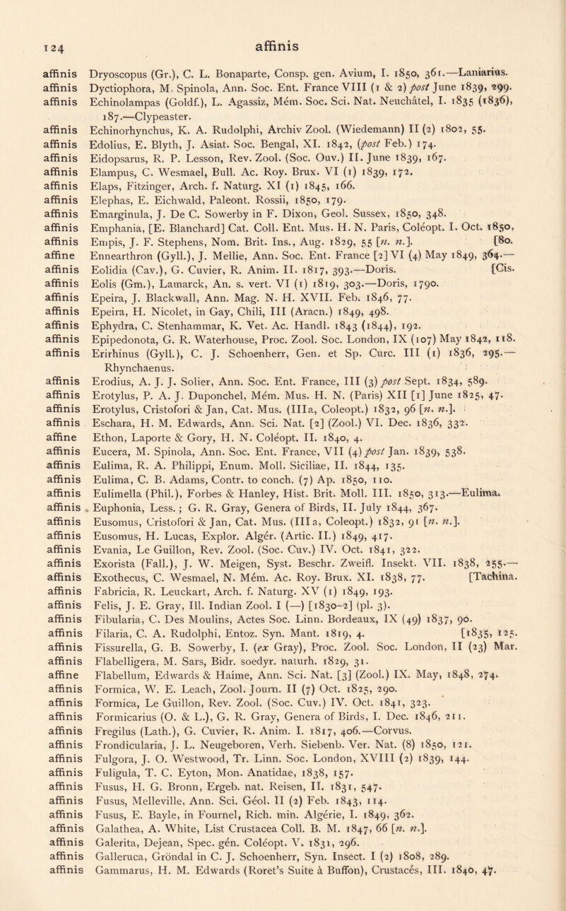 affinis Dryoscopus (Gr.), C. L. Bonaparte, Consp. gen. Avium, I. 1850, 361.—Laniarius. affinis Dyctiophora, M. Spinola, Ann. Soc. Ent. France VIII (1 & 2) post June 1839, 299. affinis Echinolampas (Goldf.), L. Agassiz, Mem. Soc. Sci. Nat. Neuchatel, I. 1835 (1836), 187.—Clypeaster. affinis Echinorhynchus, K. A. Rudolphi, Archiv Zool. (Wiedemann) 11(2) 1802, 55. affinis Edolius, E. Blyth, J. Asiat. Soc. Bengal, XI. 1842, (post Feb.) 174. affinis Eidopsarus, R. P. Lesson, Rev. Zool. (Soc. Ouv.) II. June 1839, l(^7- affinis Elampus, C. Wesmael, Bull. Ac. Roy. Brux. VI (1) 1839, 172. affinis Elaps, Fitzinger, Arch. f. Naturg. XI (1) 1845, 166. affinis Elephas, E. Eichwald, Paleont. Rossii, 1850, 179. affinis Emarginula, J. De C. Sowerby in F. Dixon, Geol. Sussex, 1850, 348. affinis Emphania, [E. Blanchard] Cat. Coll. Ent. Mus. H. N. Paris, Coleopt. I. Oct. 1850, affinis Empis, J. F. Stephens, Nom. Brit. Ins., Aug. 1829, 55 [n. n.\ [80. affine Ennearthron (Gyll.), J. Mellie, Ann. Soc. Ent. France [2] VI (4) May 1849, 364.— affinis Eolidia (Cav.), G. Cuvier, R. Anim. II. 1817, 393.—Doris. [Gis. affinis Eolis (Gm.), Lamarck, An. s. vert. VI (1) 1819, 303.—Doris, 1790. affinis Epeira, J. Blackwall, Ann. Mag. N. H. XVII. Feb. 1846, 77. affinis Epeira, H. Nicolet, in Gay, Chili, III (Aracn.) 1849, 49^- affinis Ephydra, C. Stenhammar, K. Vet. Ac. Handl. 1843 (1844), 192. affinis Epipedonota, G. R. Waterhouse, Proc. Zool. Soc. London, IX (107) May 1842, 118. affinis Erirhinus (Gyll.), C. J. Schoenherr, Gen. et Sp. Cure. Ill (1) 1836, 295.— Rhynchaenus. > affinis Erodius, A. J. J. Sober, Ann. Soc. Ent. France, III (3) post Sept. 1834, 589. affinis Erotylus, P. A. J. Duponchel, Mem. Mus. H. N. (Paris) XII [1] June 1825, 47. affinis Erotylus, Cristofori & Jan, Cat. Mus. (Ilia, Coleopt.) 1832, 96 [n. n.\ affinis Eschara, H. M. Edwards, Ann. Sci. Nat. [2] (Zool.) VI. Dec. 1836, 332. affine Ethon, Laporte & Gory, H. N. Coleopt. II. 1840, 4. affinis Eucera, M. Spinola, Ann. Soc. Ent. France, VII (4) post Jan. 1839, 538. affinis Eulima, R. A. Philippi, Enum. Moll. Siciliae, II. 1844, 135. affinis Eulima, C. B. Adams, Contr. to conch. (7) Ap. 1850, no. affinis Eulimella (Phil.), Forbes & Hanley, Hist. Brit. Moll. III. 1850, 313.—Eulima, affinis a Euphonia, Less.; G. R. Gray, Genera of Birds, II. July 1844, 367. affinis Eusomus, Cristofori & Jan, Cat. Mus. (Ilia, Coleopt.) 1832, 91 [n. n.\ affinis Eusomus, H. Lucas, Explor. Alger. (Artie. II.) 1849, 417. affinis Evania, Le Guillon, Rev. Zool. (Soc. Cuv.) IV. Oct. 1841, 322. affinis Exorista (Fall.), J. W. Meigen, Syst. Beschr. Zweifl. Insekt. VII. 1838, 255.— affinis Exothecus, C. Wesmael, N. Mem. Ac. Roy. Brux. XI. 1838, 77. [Tachina. affinis Fabricia, R. Leuckart, Arch. f. Naturg. XV (1) 1849, 193. affinis Felis, J. E. Gray, Ill. Indian Zool. I (—) [1830-2] (pi. 3). affinis Fibularia, C. Des Moulins, Actes Soc. Linn. Bordeaux, IX (49) 1837, 90. affinis Filaria, C. A. Rudolphi, Entoz. Syn. Mant. 1819, 4. [1835, 125. affinis Fissurella, G. B. Sowerby, I. {ex Gray), Proc. Zool. Soc. London, II (23) Mar. affinis Flabelligera, M. Sars, Bidr. soedyr. naturh. 1829, 31. affine Flabellum, Edwards & Haime, Ann. Sci. Nat. [3] (Zool.) IX. May, 1848, 274, affinis Formica, W. E. Leach, Zool. Journ. II (7) Oct. 1825, 290. affinis Formica, Le Guillon, Rev. Zool. (Soc. Cuv.) IV. Oct. 1841, 323. affinis Formicarius (O. & L.), G. R. Gray, Genera of Birds, I. Dec. 1846, 211. affinis Fregilus (Lath.), G. Cuvier, R. Anim. I. 1817, 406.—Corvus. affinis Frondicularia, J. L. Neugeboren, Verh. Siebenb. Ver. Nat. (8) 1850, 121. affinis Fulgora, J. O. Westwood, Tr. Linn. Soc. London, XVIII (2) 1839, 144. affinis Fuligula, T. C. Eyton, Mon. Anatidae, 1838, 157. affinis Fusus, H. G. Bronn, Ergeb. nat. Reisen, II. 1831, 547. affinis Fusus, Melleville, Ann. Sci. Geol. II (2) Feb. 1843, 114. affinis Fusus, E. Bayle, in Fournel, Rich. min. Algerie, I. 1849, 362. affinis Galathea, A. White, List Crustacea Coll. B. M. 1847, 66 [n. n.]. affinis Galerita, Dejean, Spec. gen. Coleopt. V. 1831, 296. affinis Galleruca, Grondal in C. J. Schoenherr, Syn. Insect. I (2) 1808, 289. affinis Gammarus, H. M. Edwards (Roret’s Suite a Buffon), Crustaces, III. 1840, 47.