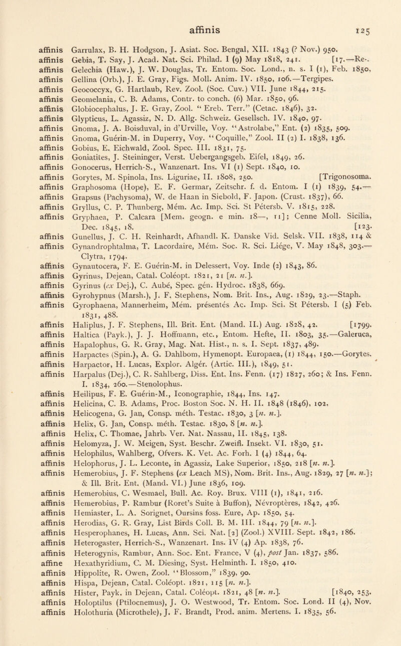 affinis Garrulax, B. H. Hodgson, J. Asiat. Soc. Bengal, XII. 1843 Q Nov.) 950. affinis Gebia, T. Say, J. Acad. Nat. Sci. Philad. I (9) May 1818, 241. [17.—Re-, affinis Gelechia (Haw.), J. W. Douglas, Tr. Entom. Soc. Lond., n. s. I (1), Feb. 1850, affinis Gellina (Orb.), J. E. Gray, Figs. Moll. Anim. IV. 1850, 106.—Tergipes. affinis Geococcyx, G. Hartlaub, Rev. Zool. (Soc. Cuv.) VII. June 1844, 215. affinis Geomelania, C. B. Adams, Contr. to conch. (6) Mar. 1850, 96. affinis Globiocephalus, J. E. Gray, Zool. “ Ereb. Terr.” (Cetac. 1846), 32. affinis Glypticus, L. Agassiz, N. D. Allg. Schweiz. Gesellsch. IV. 1840, 97. affinis Gnoma, J. A. Boisduval, in d’Urville, Voy. “Astrolabe,” Ent. (2) 1835, 509. affinis Gnoma, Guerin-M. in Duperry, Voy. “Coquille,” Zool. II (2) I. 1838, 136. affinis Gobius, E. Eichwald, Zool. Spec. III. 1831, 75. affinis Goniatites, J. Steininger, Verst. Uebergangsgeb. Eifel, 1849, 26. affinis Gonocerus, Herrich-S., Wanzenart. Ins. VI (1) Sept. 1840, 10. affinis Gorytes, M. Spinola, Ins. Liguriae, II. 1808, 250. [Trigonosoma. affinis Graphosoma (Hope), E. F. Germar, Zeitschr. f. d. Entom. I (1) 1839, 54* — affinis Grapsus (Pachysoma), W. de Haan in Siebold, F. Japon. (Crust. 1837), 66. affinis Gryllus, C. P. Thunberg, Mem. Ac. Imp. Sci. St Petersb. V. 1815, 228. affinis Gryphaea, P. Calcara [Mem. geogn. e min. 18—, ti]; Cenne Moll. Sicilia, Dec. 1845, 18. [123. affinis Gunellus, J. C. H. Reinhardt, Afhandl. K. Danske Vid. Selsk. VII. 1838, 114 & affinis Gynandrophtalma, T. Lacordaire, Mem. Soc. R. Sci. Liege, V. May 1848, 303.— Clytra, 1794. affinis Gynautocera, F. E. Guerin-M. in Delessert, Voy. Inde (2) 1843, 86. affinis Gyrinus, Dejean, Catal. Coleopt. 1821, 21 [n. n.\ affinis Gyrinus (ex Dej.), C. Aube, Spec. gen. Hydroc. 1838, 669. affinis Gyrohypnus (Marsh.), J. F. Stephens, Nom. Brit. Ins., Aug. 1829, 23.—Staph, affinis Gyrophaena, Mannerheim, Mem. presentes Ac. Imp. Sci. St Petersb. I (5) Feb. 1831, 488. affinis Haliplus, J. F. Stephens, Ill. Brit. Ent. (Mand. II.) Aug. 1828, 42. [1799. affinis Haltica (Payk.), J. J. Hoffmann, etc., Entom. Hefte, II. 1803, 35.—Galeruca, affinis Hapalophus, G. R. Gray, Mag. Nat. Hist., n. s. I. Sept. 1837, 489. affinis Harpactes (Spin.), A. G. Dahlbom, Hymenopt. Europaea, (1) 1844, 150.—Gorytes. affinis Harpactor, H. Lucas, Explor. Alger. (Artie. III.), 1849, 51. affinis Harpalus (Dej.), C. R. Sahlberg, Diss. Ent. Ins. Fenn. (17) 1827, 260; & Ins. Fenn. I. 1834, 260.—Stenolophus. affinis Heilipus, F. E. Guerin-M., Iconographie, 1844, Ins. 147. affinis Helicina, C. B. Adams, Proc. Boston Soc. N. H. II. 1848 (1846), 102. affinis Helicogena, G. Jan, Consp. meth. Testae. 1830, 3 [n. n.\ affinis Helix, G. Jan, Consp. meth. Testae. 1830, 8 [n. n.\ affinis Helix, C. Thomae, Jahrb. Ver. Nat. Nassau, II. 1845, 138. affinis Helomyza, J. W. Meigen, Syst. Beschr. Zweifl. Insekt. VI. 1830, 51. affinis Helophilus, Wahlberg, Ofvers. K. Vet. Ac. Forh. 1 (4) 1844, 64. affinis Helophorus, J. L. Leconte, in Agassiz, Lake Superior, 1850, 218 \n. n.\ affinis Hemerobius, J. F. Stephens (ex Leach MS), Nom. Brit. Ins., Aug. 1829, 27 \n. n.~\', & Ill. Brit. Ent. (Mand. VI.) June 1836, 109. affinis Hemerobius, C. Wesmael, Bull. Ac. Roy. Brux. VIII (1), 1841, 216. affinis Hemerobius, P. Rambur (Roret’s Suite a Buffon), Nevropteres, 1842, 426. affinis Hemiaster, L. A. Sorignet, Oursins foss. Eure, Ap. 1850, 54. affinis Herodias, G. R. Gray, List Birds Coll. B. M. III. 1844, 79 [n. n.]. affinis Hesperophanes, H. Lucas, Ann. Sci. Nat. [2] (Zool.) XVIII. Sept. 1842, 186. affinis Heterogaster, Herrich-S., Wanzenart. Ins. IV (4) Ap. 1838, 76. affinis Heterogynis, Rambur, Ann. Soc. Ent. France, V (4), post Jan. 1837, 586. affine Hexathyridium, C. M. Diesing, Syst. Helminth. I. 1850, 410. affinis Hippolite, R. Owen, Zool. “Blossom,” 1839, 9°* affinis Hispa, Dejean, Catal. Coleopt. 1821, 115 [n. n.]. affinis Hister, Payk. in Dejean, Catal. Coleopt. 1821, 48 \n. n.\ [1840, 253. affinis Holoptilus (Ptilocnemus), J. O. Westwood, Tr. Entom. Soc. Lond. II (4), Nov. affinis Holothuria (Microthele), J. F. Brandt, Prod. anim. Mertens. I. 1835, 56.