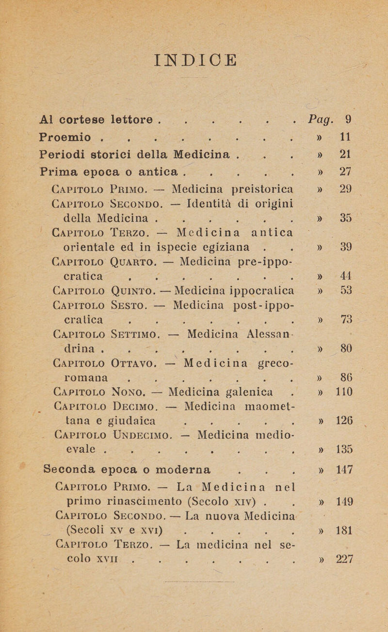 INDICE Al cortese lettore . « • « » • Pag. 9 Proemio . • • • • • » 11 Periodi storici della Medicina . » 21 Prima epoca o antica. » 27 Capitolo Primo. — Medicina preistorica » 29 Capitolo Secondo. — Identità di origini della Medicina . » * t « * » 35 Capitolo Terzo. — Medicina antica orientale ed in ispecie egiziana . » 39 Capitolo Quarto. - - Medicina pre-ippo- cratica ***** » 44 Capitolo Quinto. — - Medicina ippocratica » 53 Capitolo Sesto. — Medicina post-ippo- cralica • « » * • » 73 Capitolo Settimo. — Medicina Alessan- drina . . ***** » 80 Capitolo Ottavo. - - Medicina greco- romana • • • • • » 86 Capitolo Nono. — Medicina galenica » 110 Capitolo Decimo. - — Medicina maomet- tana e giudaica • • • • • » 126 Capitolo Undecimo . — Medicina medio- evale . ***** » 135 Seconda epoca o moderna » 147 Capitolo Primo. — La Medicina nel primo rinascimento (Secolo xiv) . » 149 Capitolo Secondo. — La nuova Medicina (Secoli xv e xvi) • « • • • » 181 Capitolo Terzo. — • La medicina nel se- colo XVII . • • • • • » 227