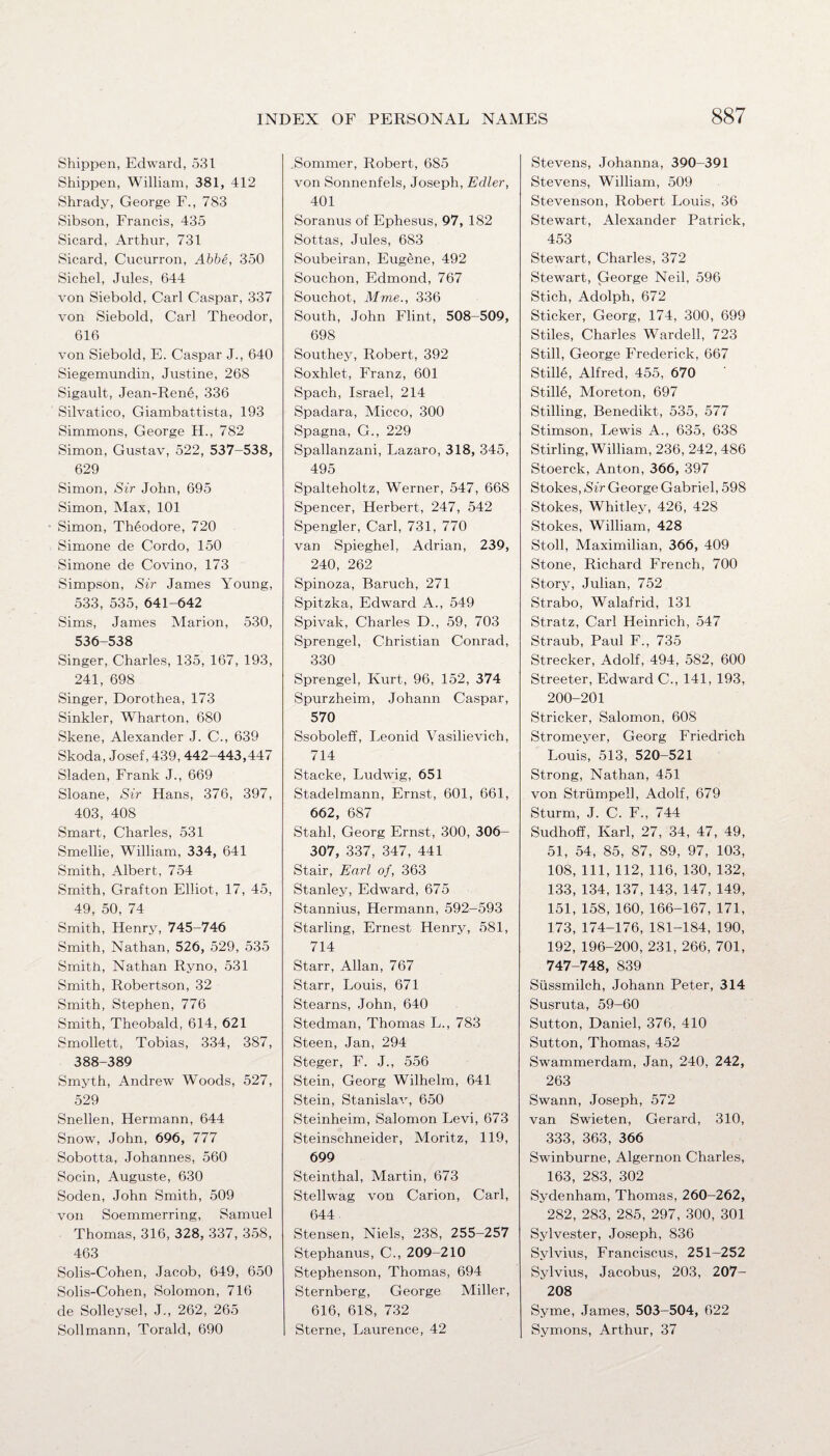 Shippen, Edward, 531 Shippen, William, 381, 412 Shrady, George F., 783 Sibson, Francis, 435 Sicard, Arthur, 731 Sicard, Cucurron, Abbe, 350 Sichel, Jules, 644 von Siebold, Carl Caspar, 337 von Siebold, Carl Theodor, 616 von Siebold, E. Caspar J., 640 Siegemundin, Justine, 268 Sigault, Jean-Rene, 336 Silvatico, Giambattista, 193 Simmons, George H., 782 Simon, Gustav, 522, 537-538, 629 Simon, Sir John, 695 Simon, Max, 101 Simon, Theodore, 720 Simone de Cordo, 150 Simone de Covino, 173 Simpson, Sir James Young, 533, 535, 641-642 Sims, James Marion, 530, 536-538 Singer, Charles, 135, 167, 193, 241, 698 Singer, Dorothea, 173 Sinkler, Wharton, 680 Skene, Alexander J. C., 639 Skoda, Josef, 439, 442-443,447 Sladen, Frank J., 669 Sloane, Sir Hans, 376, 397, 403, 408 Smart, Charles, 531 Smellie, William, 334, 641 Smith, Albert, 754 Smith, Grafton Elliot, 17, 45, 49, 50, 74 Smith, Henry, 745-746 Smith, Nathan, 526, 529, 535 Smith, Nathan Ryno, 531 Smith, Robertson, 32 Smith, Stephen, 776 Smith, Theobald, 614, 621 Smollett, Tobias, 334, 387, 388-389 Smyth, Andrew Woods, 527, 529 Snellen, Hermann, 644 Snow, John, 696, 777 Sobotta, Johannes, 560 Socin, Auguste, 630 Soden, John Smith, 509 von Soemmerring, Samuel Thomas, 316, 328, 337, 358, 463 Solis-Cohen, Jacob, 649, 650 Solis-Cohen, Solomon, 716 de Solleysel, J., 262, 265 Sollmann, Torald, 690 .Sommer, Robert, 685 von Sonnenfels, Joseph, Edler, 401 Soranus of Ephesus, 97, 182 Sottas, Jules, 683 Soubeiran, Eugene, 492 Souchon, Edmond, 767 Souchot, Mme., 336 South, John Flint, 508-509, 698 Southey, Robert, 392 Soxhlet, Franz, 601 Spach, Israel, 214 Spadara, Micco, 300 Spagna, G., 229 Spallanzani, Lazaro, 318, 345, 495 Spalteholtz, Werner, 547, 668 Spencer, Herbert, 247, 542 Spengler, Carl, 731, 770 van Spieghel, Adrian, 239, 240, 262 Spinoza, Baruch, 271 Spitzka, Edward A., 549 Spivak, Charles D., 59, 703 Sprengel, Christian Conrad, 330 Sprengel, Kurt, 96, 152, 374 Spurzheim, Johann Caspar, 570 Ssoboleff, Leonid Vasilievich, 714 Stacke, Ludwig, 651 Stadelmann, Ernst, 601, 661, 662, 687 Stahl, Georg Ernst, 300, 306- 307, 337, 347, 441 Stair, Earl of, 363 Stanley, Edward, 675 Stannius, Hermann, 592-593 Starling, Ernest Henry, 581, 714 Starr, Allan, 767 Starr, Louis, 671 Stearns, John, 640 Stedman, Thomas L., 783 Steen, Jan, 294 Steger, F. J., 556 Stein, Georg Wilhelm, 641 Stein, Stanislav, 650 Steinheim, Salomon Levi, 673 Steinschneider, Moritz, 119, 699 Steinthal, Martin, 673 Stellwag von Carion, Carl, 644 Stensen, Niels, 238, 255-257 Stephanus, C., 209-210 Stephenson, Thomas, 694 Sternberg, George Miller, 616, 618, 732 Sterne, Laurence, 42 Stevens, Johanna, 390-391 Stevens, William, 509 Stevenson, Robert Louis, 36 Stewart, Alexander Patrick, 453 Stewart, Charles, 372 Stewart, George Neil, 596 Stich, Adolph, 672 Sticker, Georg, 174, 300, 699 Stiles, Charles Warded, 723 Still, George Frederick, 667 Stille, Alfred, 455, 670 Stille, Moreton, 697 Stilling, Benedikt, 535, 577 Stimson, Lewis A., 635, 638 Stirling, William, 236, 242, 486 Stoerck, Anton, 366, 397 Stokes, Sir George Gabriel, 598 Stokes, Whitley, 426, 428 Stokes, William, 428 Stoll, Maximilian, 366, 409 Stone, Richard French, 700 Story, Julian, 752 Strabo, Walafrid, 131 Stratz, Carl Heinrich, 547 Straub, Paul F., 735 Strecker, Adolf, 494, 582, 600 Streeter, Edward C., 141, 193, 200-201 Strieker, Salomon, 608 Stromeyer, Georg Friedrich Louis, 513, 520-521 Strong, Nathan, 451 von Striimpell, Adolf, 679 Sturm, J. C. F., 744 Sudhoff, Karl, 27, 34, 47, 49, 51, 54, 85, 87, 89, 97, 103, 108, 111, 112, 116, 130, 132, 133, 134, 137, 143,147,149, 151, 158, 160, 166-167, 171, 173, 174-176, 181-184, 190, 192, 196-200, 231, 266, 701, 747-748, 839 Siissmilch, Johann Peter, 314 Susruta, 59-60 Sutton, Daniel, 376, 410 Sutton, Thomas, 452 Swammerdam, Jan, 240, 242, 263 Swann, Joseph, 572 van Swieten, Gerard, 310, 333, 363, 366 Swinburne, Algernon Charles, 163, 283, 302 Sydenham, Thomas, 260-262, 282, 283, 285, 297, 300, 301 Sylvester, Joseph, 836 Sylvius, Franciscus, 251-252 Sylvius, Jacobus, 203, 207- 208 Syme, James, 503-504, 622 Symons, Arthur, 37