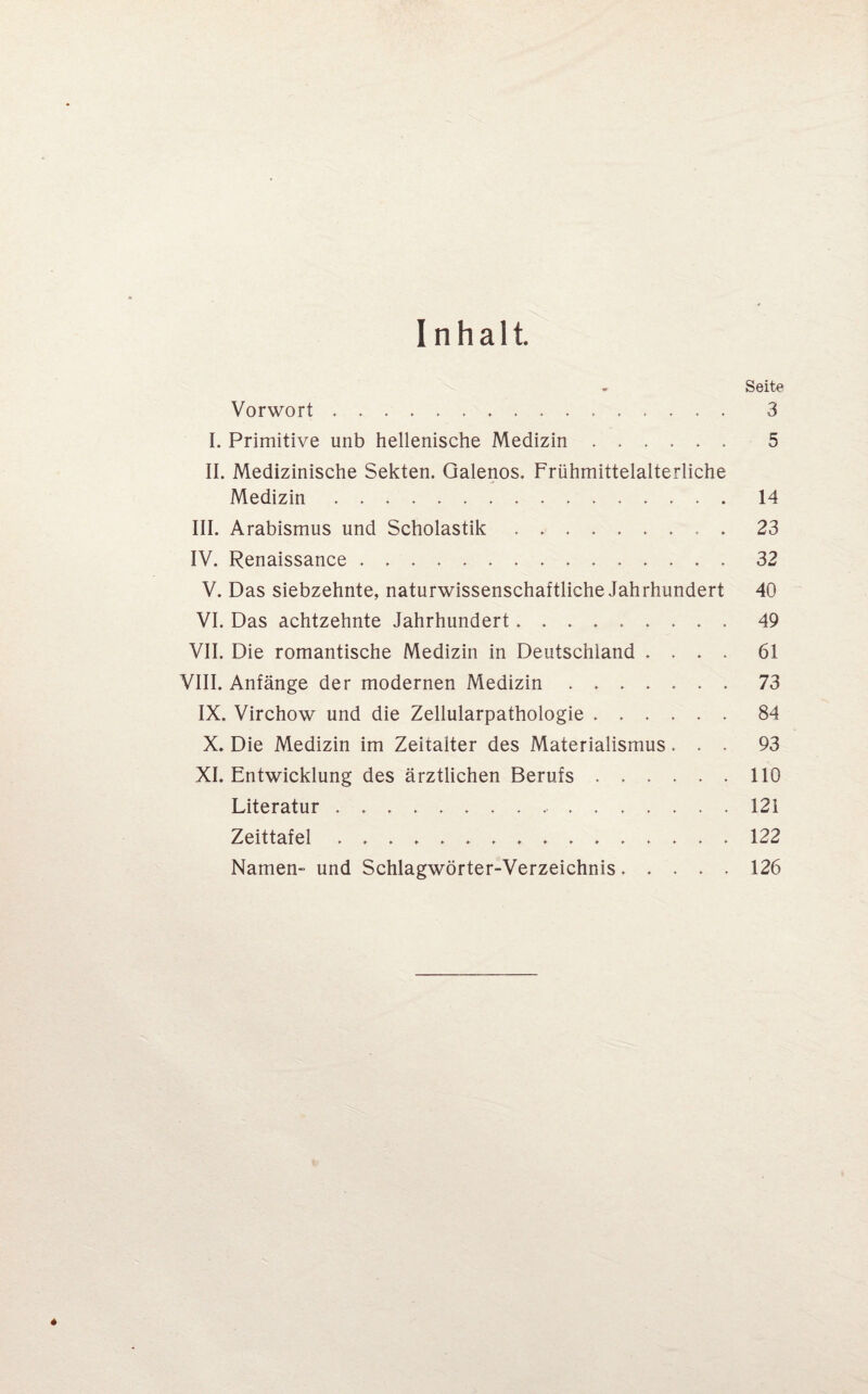 Inhalt. Vorwort.. .. I. Primitive unb hellenische Medizin. II. Medizinische Sekten. Oalenos. Frühmittelalterliche Medizin. III. Arabismus und Scholastik.. IV. Renaissance .. V. Das siebzehnte, naturwissenschaftliche Jahrhundert VI. Das achtzehnte Jahrhundert. VII. Die romantische Medizin in Deutschland . . . . VIII. Anfänge der modernen Medizin . .. IX. Virchow und die Zellularpathologie. X. Die Medizin im Zeitalter des Materialismus. . . XI. Entwicklung des ärztlichen Berufs. Literatur .. Zeittafel ................ Namen- und Schlagwörter-Verzeichnis. Seite 3 5 14 23 32 40 49 61 73 84 93 110 121 122 126