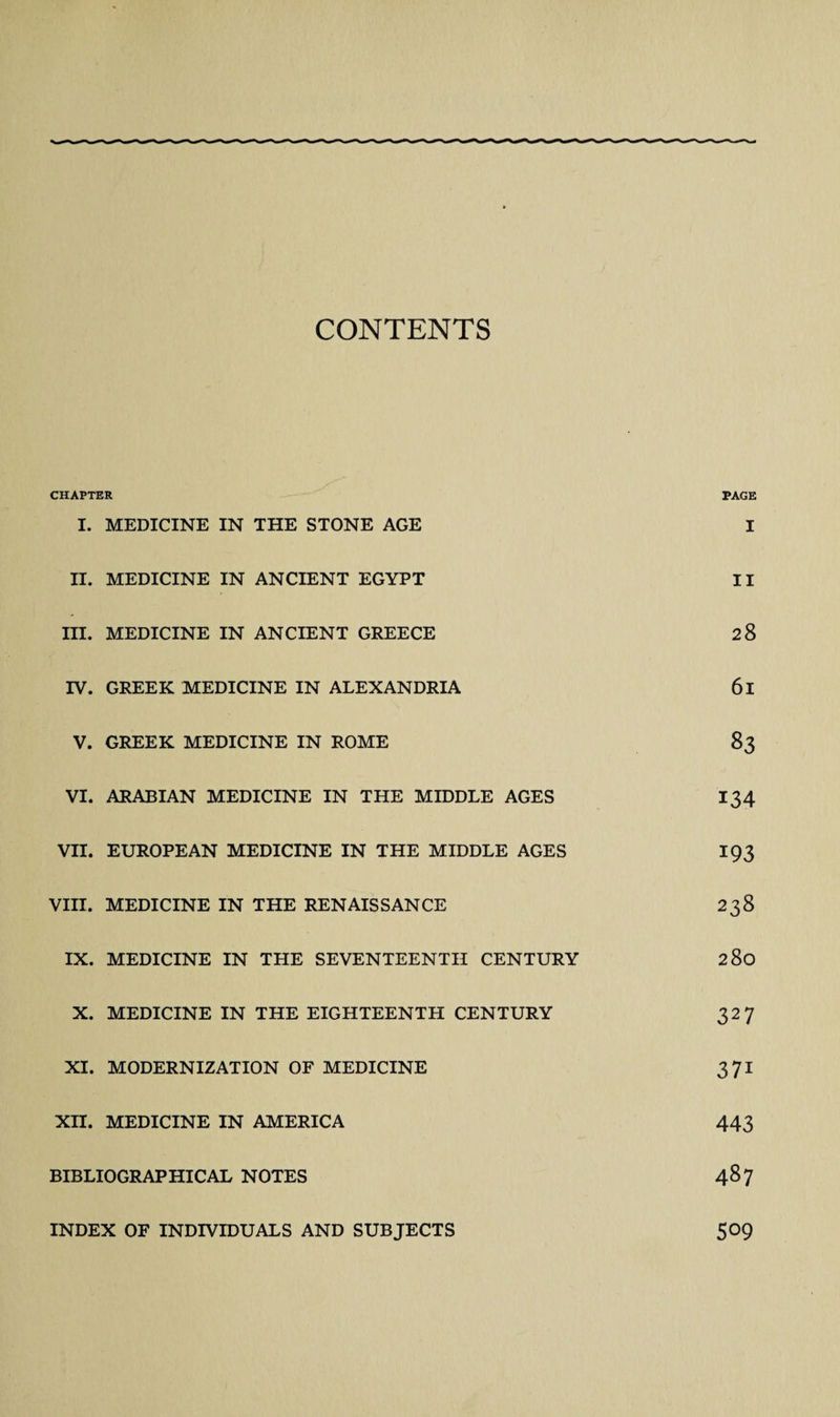CONTENTS CHAPTER PAGE I. MEDICINE IN THE STONE AGE I II. MEDICINE IN ANCIENT EGYPT II III. MEDICINE IN ANCIENT GREECE 28 IV. GREEK MEDICINE IN ALEXANDRIA 61 V. GREEK MEDICINE IN ROME 83 VI. ARABIAN MEDICINE IN THE MIDDLE AGES 134 VII. EUROPEAN MEDICINE IN THE MIDDLE AGES 193 VIII. MEDICINE IN THE RENAISSANCE 238 IX. MEDICINE IN THE SEVENTEENTH CENTURY 280 X. MEDICINE IN THE EIGHTEENTH CENTURY 327 XI. MODERNIZATION OF MEDICINE 371 XII. MEDICINE IN AMERICA 443 BIBLIOGRAPHICAL NOTES 487 INDEX OF INDIVIDUALS AND SUBJECTS 509