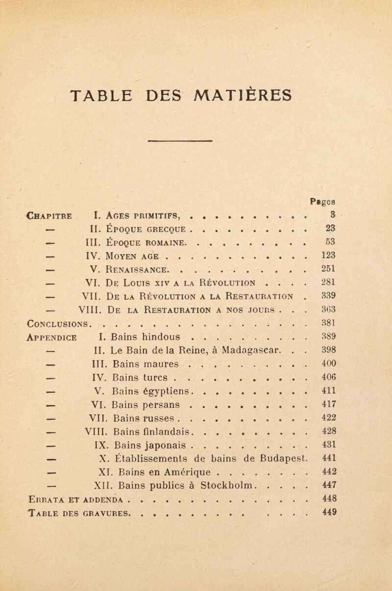 Pages Chapitre I. Ages primitifs,. S — II. Époque grecque. 23 — III. Époque romaine. 53 — IV. Moyen âge. 123 — V. Renaissance.251 — VI. De Louis xiv a la Révolution .... 281 — VII. De la Révolution a la Restauration . 339 — VIII. De la Restauration a nos jours . . . 303 Conclusions.381 Appendice I. Bains hindous.389 — II. Le Bain de la Reine, à Madagascar. . . 398 — III. Bains maures.400 — IV. Bains turcs...406 — V. Bains égyptiens.411 — VI. Bains persans.417 — VII. Bains russes.422 — VIII. Bains finlandais.428 — IX. Bains japonais ..431 — X. Établissements de bains de Budapest. 441 — XI. Bains en Amérique.442 — XII. Bains publics à Stockholm.447 Errata et addenda.448 Table des gravures. .... 449
