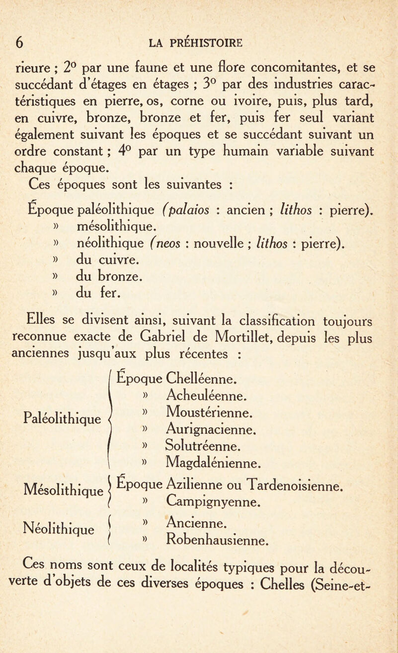 rieure ; 2° par une faune et une flore concomitantes, et se succédant d’étages en étages ; 3° par des industries carac¬ téristiques en pierre, os, corne ou ivoire, puis, plus tard, en cuivre, bronze, bronze et fer, puis fer seul variant également suivant les époques et se succédant suivant un ordre constant ; 4° par un type humain variable suivant chaque époque. Ces époques sont les suivantes : Époque paléolithique (palaios : ancien ; lithos : pierre). » mésolithique. » néolithique (neos : nouvelle ; lithos : pierre). » du cuivre. » du bronze. » du fer. Elles se divisent ainsi, suivant la classification toujours reconnue exacte de Gabriel de Mortillet, depuis les plus anciennes jusqu’aux plus récentes : Paléolithique Epoque Chelléenne. » Acheuléenne. » Moustérienne. » Aungnacienne. » Solutréenne. » Magdalénienne. Mésolithique | EPoclue Aziiienne ou Tardenois ienne. ( » Campignyenne. Néolithiq » Ancienne. » Robenhausienne. Ces noms sont ceux de localités typiques pour la décou¬ verte d objets de ces diverses époques : Chelles (Seine-et-