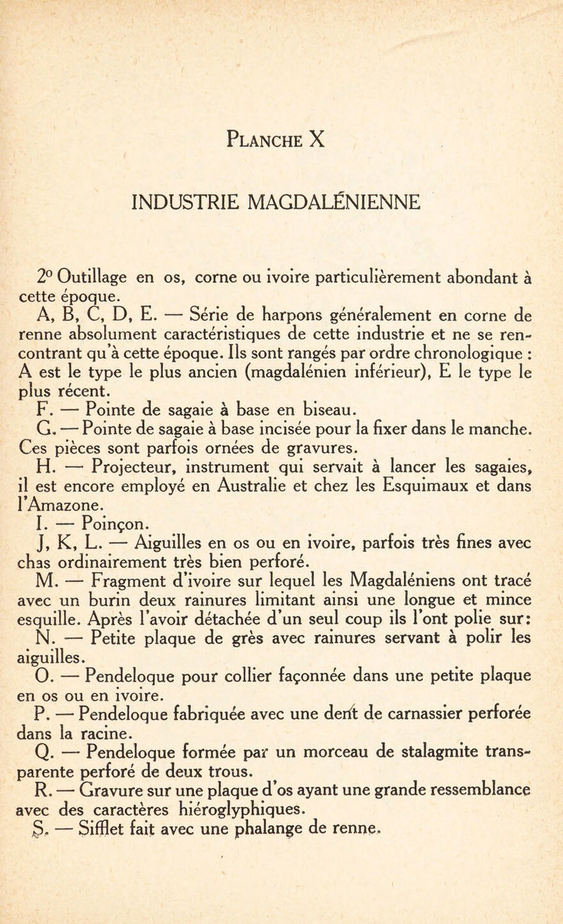 INDUSTRIE MAGDALÉNIENNE 2° Outillage en os, corne ou ivoire particulièrement abondant à cette époque. A, B, C, D, E. — Série de harpons généralement en corne de renne absolument caractéristiques de cette industrie et ne se ren¬ contrant qu à cette époque. Ils sont rangés par ordre chronologique : A est le type le plus ancien (magdalénien inférieur), E le type le plus récent. F. — Pointe de sagaie a base en biseau. G. — Pointe de sagaie à base incisée pour la fixer dans le manche. Ces pièces sont parfois ornées de gravures. H. — Projecteur, instrument qui servait à lancer les sagaies, il est encore employé en Australie et chez les Esquimaux et dans l’Amazone. I. — Poinçon. J. K, L. — Aiguilles en os ou en ivoire, parfois très fines avec chas ordinairement très bien perforé. M. — Fragment d’ivoire sur lequel les Magdaléniens ont tracé avec un burin deux rainures limitant ainsi une longue et mince esquille. Après l’avoir détachée d’un seul coup ils l’ont polie sur: N. — Petite plaque de grès avec rainures servant à polir les aiguilles. O. — Pendeloque pour collier façonnée dans une petite plaque en os ou en ivoire. P. — Pendeloque fabriquée avec une derft de carnassier perforée dans la racine. Q. — Pendeloque formée par un morceau de stalagmite trans¬ parente perforé de deux trous. R. — Gravure sur une plaque d’os ayant une grande ressemblance avec des caractères hiéroglyphiques. 3.. — Sifflet fait avec une phalange de renne.