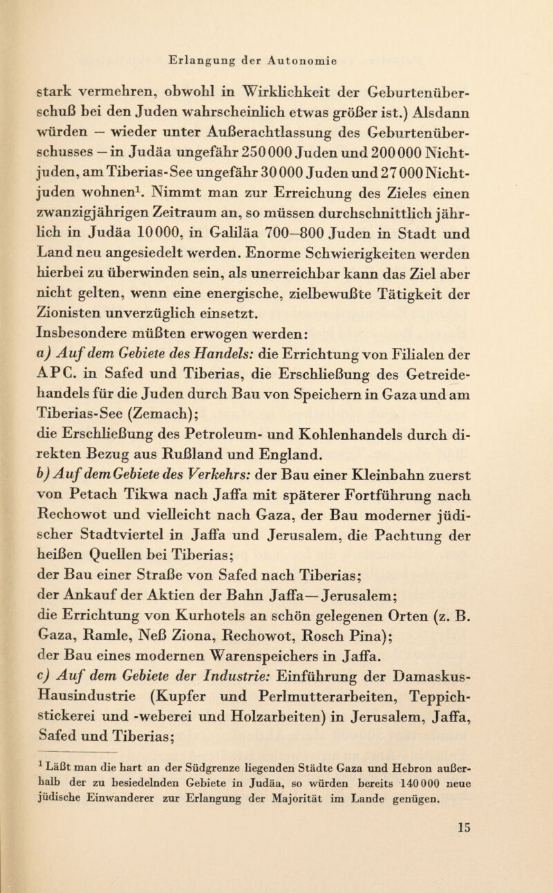 stark vermehren, obwohl in Wirklichkeit der Geburtenüber¬ schuß bei den Juden wahrscheinlich etwas größer ist.) Alsdann würden — wieder unter Außerachtlassung des Geburtenüber¬ schusses — in Judäa ungefähr 250 000 Juden und 200 000 Nicht¬ juden, am Tiberias- See ungefähr 30 000 Juden und 27 000 Nicht¬ juden wohnen1. Nimmt man zur Erreichung des Zieles einen zwanzigjährigen Zeitraum an, so müssen durchschnittlich jähr¬ lich in Judäa 10000, in Galiläa 700—800 Juden in Stadt und Land neu angesiedelt werden. Enorme Schwierigkeiten werden hierbei zu überwinden sein, als unerreichbar kann das Ziel aber nicht gelten, wenn eine energische, zielbewußte Tätigkeit der Zionisten unverzüglich einsetzt. Insbesondere müßten erwogen werden: a) Auf dem Gebiete des Handels: die Errichtung von Filialen der APC. in Safed und Tiberias, die Erschließung des Getreide¬ handels für die Juden durch Bau von Speichern in Gaza und am Tiberias-See (Zemach); die Erschließung des Petroleum- und Kohlenhandels durch di¬ rekten Bezug aus Rußland und England. b) Auf demGebiete des Verkehrs: der Bau einer Kleinbahn zuerst von Petach Tikwa nach Jaffa mit späterer Fortführung nach Rechowot und vielleicht nach Gaza, der Bau moderner jüdi¬ scher Stadtviertel in Jaffa und Jerusalem, die Pachtung der heißen Quellen bei Tiberias; der Bau einer Straße von Safed nach Tiberias; der Ankauf der Aktien der Bahn Jaffa—Jerusalem; die Errichtung von Kurhotels an schön gelegenen Orten (z. B. Gaza, Ramie, Neß Ziona, Rechowot, Rosch Pina); der Bau eines modernen Warenspeichers in Jaffa. c) Auf dem Gebiete der Industrie: Einführung der Damaskus- Hausindustrie (Kupfer und Perlmutterarbeiten, Teppich¬ stickerei und -Weberei und Holzarbeiten) in Jerusalem, Jaffa, Safed und Tiberias; 1 Läßt man die hart an der Südgrenze liegenden Städte Gaza und Hebron außer¬ halb der zu besiedelnden Gebiete in Judäa, so würden bereits 140 000 neue jüdische Einwanderer zur Erlangung der Majorität im Lande genügen.