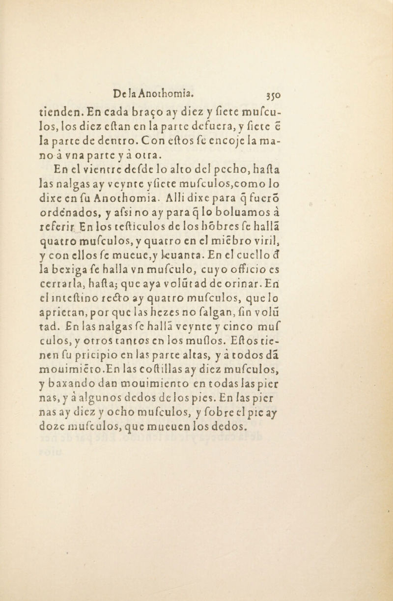 tienden. En cada bra$o ay diez y fiete mufeu¬ los, los diez eftan en la parte defuera, y fíete e Iapartcdedencro.Coneftosfeencojelama- no á vna parte y á otra. En el vientre defde lo alto del pecho, harta las nalgas ay veynte yíicte mufeulos,como lo dixe en fu Anothotnia. Allí dixe para q fuero ordenados, y afsi no ay para q lo boluamos á referir En ios tefticulos de los hóbres fe halla quatro mufeulos, y quatro en el miébro viril, y con ellos fe mueue,y kuanta. En el cuello cT la bexiga fe halla vn mufeulo, cuyo oíficio es cerrarla, harta; que aya volitad de orinar. En el rnteftino retrto ay quatro mufeulos, que lo ap rieran,por quclashezesno falgan, fin volu tad. £n las nalgas fe halla veynte y cinco muf culos, y otros tantos en ios mudos. Ertos tie¬ nen fu pricipio en las parte altas, y á codos da mouimiéto.En las tortillas ay diez mufeulos, y baxando dan mouimiento en todas las pier ñas,y á algunos dedos délos pies. En las pier ñas ay diez y ocho mufeulos, y fobre el pie ay doze mufeulos, que mueucn los dedos.