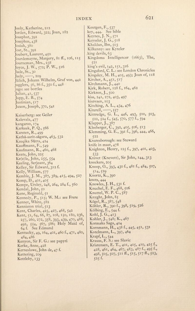 Jooly, Katherine, 212 Jorden, Edward, 322; Joan, 182 Josaphat, 392 Josephus, 438 Josiah, 380 Jost, St., 392 Joubert, Laurent, 450 Jourdemayne, Margery, 81 ff., 106, 115 Journeman, Mrs., 238 Joyce, J. W., 572; P. W., 516 Jude, St., 30 Judy,-, 209 Julich, Johann Wilhelm, Graf von, 442 jugglers, 56, 86 f., 350 f., 448 jugs: see bottles Julian, 41, 537 Jupp, E. B., 574 Justinian, 517 Juxon,Joseph, 370, 541 Kaiserberg: see Geiler Kalevala, 477 kangaroo, 174 Karkeek, P. Q., 566 Karsten, R., 499 Katha-sarit-sagara, 463, 532 Kaugika Sutra, 424 Kauffmann, F., 549 Kaufmann, R., 460, 468 Keats, John, 225 Ke(e)le, John, 255, 554 Keeling, Serjeant, 364 Kelley, Sir Edward, 312 f. Kelly, William, 577 Kemble, J. M., 387, 389, 415, 494, 527 Kemp, D., 401, 405 Kempe, Ursley, 248, 264, 284 f., 560 Kendal, John, 50 Kene, Reginald, 51 Kennedy, P., 515; W. M.: see Frere Kennet, White, 582 Kenniston trial, 513 Kent, Charles, 425, 427, 468, 542 Kent, 51, 64, 66, 87, 108, 150, 180, 236, 257, 260, 272, 358, 393, 439, 470, 488, 492, 554, 567, 586; Holy Maid of, 64 f. See Edmund Kentucky, 49, 164, 401, 460 f., 471, 480, 484, 486 Kenyon, Sir F. G.: see papyri Kerke, Anne, 428 Kerneslawe, John de, 47 f. Kettering, 209 Kettleby, 133 Keutgen, F., 537 key, 444. See bible Keynes, J. N., 571 Keyssler, J. G., 518 Khaldun, Ibn, 503 Kilkenny: see Kyteler king devils, 63 Kingdoms Intelligencer (1663), The, .521 king’s evil, 142, 151, 316 Kingsford, C. L.: see London Chronicles Kingsley, M. H., 405, 493; Joan of, 118 Kircher, A., 451, 517 Kirchmann, J., 440 Kirk, Robert, 128 f., 164, 462 Kirkton, J., 500 kiss, 241, 272, 403, 497 kistvaen, 103 Kitching, A. L., 434, 476 Kiterell,-, 557 Kittredge, G. L., 446, 493, 500, 503, 522, 524 f., 545, 57°> 577 594 Klapper, J.,387 Ivleeberger, C., 392, 405, 506, 513 Klemming, G. E., 391 f., 396, 444, 466, 522 Knaresborough: see Steward knife in mast, 478 Knighton, Henry, 125 f., 397, 401, 403, 533 Knivet (Knevett), Sir John, 144, 313 knockers, 205 Knoop, O., 393, 430 f., 481 f., 484, 507, 5:4>529 Knortz, K., 390 knots, 444 Knowles, J. H., 531 f. Knuchel, E. F., 468, 506 Knuttel, W. P. C., 587 Knyght, John, 85 Kogel, R., 387, 548 Kohler, R., 39° 398> 5J9> 526 Kolbing, E., 544 f. Kohl, J. G., 413 Kohler, J., 548; K., 467 Kormaks Saga, 404 Kornmann, H., 438 f., 445, 451, 531 Kotelmann, L., 397, 464 Krapf, L., 544 Krauss, F. S.: see Slavic Kristensen, E. T., 401, 405, 410, 425 f., 428, 461, 464, 467, 483, 487 f., 495 f., 498, 505, 507, 511 ff., 515, 517 523> 525 f.